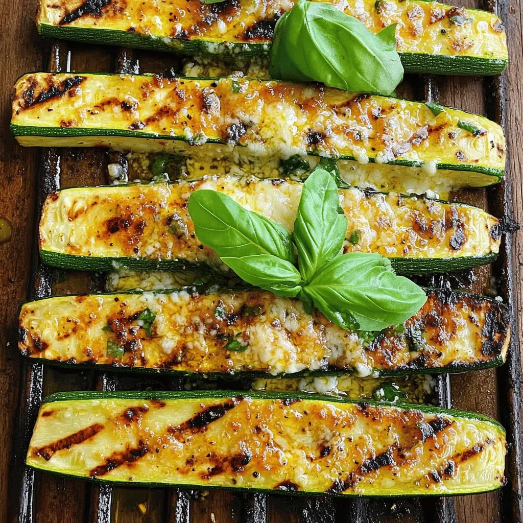 To make grilled zucchini with Parmesan, you need a few key ingredients. Let's break them down. - Zucchini and Core Ingredients - 4 medium zucchinis, sliced lengthwise into 1/4-inch thick strips - Seasoning and Oil Components - 1/4 cup extra-virgin olive oil - 2 cloves garlic, minced - 1 teaspoon Italian seasoning - Salt and pepper to taste - Garnishes and Optional Add-Ins - 1/2 cup freshly grated Parmesan cheese - 1 tablespoon fresh lemon juice - Fresh basil leaves for garnish These ingredients work together to create a tasty side dish. The zucchini brings a fresh taste, while the Parmesan adds a rich, savory note. The olive oil and garlic enhance the flavors, making every bite delightful. Don't skip the lemon juice and basil; they brighten the dish! For more details, check the Full Recipe. Slicing Techniques First, take your zucchinis and slice them lengthwise. Aim for 1/4-inch thick strips. This thickness allows for even grilling. Use a sharp knife for clean cuts. Seasoning the Zucchini Next, mix together the olive oil, minced garlic, Italian seasoning, salt, and pepper in a bowl. Brush this mixture onto both sides of the zucchini strips. The oil helps the flavors stick during grilling. Preparing the Grill Now, preheat your grill to medium-high heat. This is key for getting those perfect grill marks. Make sure the grill grates are clean. A clean grill prevents sticking and ensures even cooking. First Side Grilling Tips Place the seasoned zucchini on the grill. Grill for about 3-4 minutes. Look for nice char marks as a sign they are ready to flip. Flipping and Cooking Time After 3-4 minutes, it’s time to flip the zucchini. Grill the other side for another 3-4 minutes. You want them tender but not mushy. Adding Parmesan for Flavor In the last minute, sprinkle the grated Parmesan over the zucchini. This adds a rich flavor. Let it melt slightly before removing from the grill. Drizzling Lemon Juice Once off the grill, drizzle fresh lemon juice over the zucchini. This adds brightness. The lemon cuts through the richness of the cheese. Garnishing with Basil Next, add fresh basil leaves on top. They bring freshness and a pop of color. Serving Suggestions Serve your grilled zucchini warm. It pairs well with grilled meats or pasta. Enjoy this tasty side dish from the Full Recipe! Achieving the Right Temperature Set your grill to medium-high heat. This gives zucchini a great sear and keeps it firm. You want it hot enough to char but not burn. A good grill gives your zucchini nice grill marks and flavor. Avoiding Overcooked Zucchini Grill zucchini for about 3-4 minutes on each side. Check for tenderness but stop before it gets mushy. If you overcook it, the zucchini loses its texture and flavor. Ensuring Even Grilling Lay zucchini slices flat on the grill. This helps them cook evenly. Avoid stacking them; that can trap steam and make them soggy. Alternative Seasonings You can switch up the Italian seasoning. Try smoked paprika, cumin, or chili powder for a twist. Each adds a unique flavor that complements zucchini well. Marinade Options Experiment with different marinades. A mix of balsamic vinegar, honey, and olive oil makes a tasty option. Let zucchini sit in the marinade for about 30 minutes for better flavor. Cheese Variations Parmesan is great, but you can try feta or goat cheese. These cheeses bring a tangy flavor to the dish. Sprinkle them on just like you would the Parmesan. Serving Platters For a beautiful presentation, use a large white platter. The contrast highlights the grilled zucchini's bright green color. Layer them in a fan shape to make it eye-catching. Pairing with Other Dishes Grilled zucchini pairs well with grilled meats or pasta dishes. Serve it alongside chicken or fish for a nice balance. It also works great in salads or as a topping on sandwiches. Creative Garnishing Add fresh basil leaves or a drizzle of balsamic glaze. These touches elevate the dish and add color. A sprinkle of red pepper flakes gives it a little kick and makes it pop. You can find the full recipe for Grilled Zucchini with Parmesan to get started on this delightful side dish. {{image_2}} You can enjoy zucchini in many ways. Here are three great methods. - Roasting Zucchini in the Oven: Preheat your oven to 425°F. Cut zucchini into bite-sized pieces. Toss them with olive oil, salt, and pepper. Spread on a baking sheet and roast for 20 minutes. This brings out a sweet, rich flavor. - Sautéing on the Stovetop: Heat a skillet over medium heat. Slice zucchini into rounds. Add olive oil and zucchini to the pan. Cook for about 5-7 minutes, stirring often. This method gives you a quick and tasty result. - Using a Grill Pan: If it's rainy or cold, a grill pan works well. Preheat the pan over medium heat. Brush zucchini with oil and place on the pan. Cook for 4-5 minutes on each side. You’ll still get those lovely grill marks. You can adapt grilled zucchini to fit various diets. Here are some ideas: - Vegan Options: Skip the Parmesan cheese. Instead, sprinkle nutritional yeast for a cheesy flavor. You can also add a dash of balsamic vinegar for extra zest. - Gluten-Free Substitutes: This recipe is already gluten-free! Just ensure your seasonings are gluten-free, too. - Low-Carb Adjustments: Grilled zucchini is low in carbs. For a fun twist, mix in some grilled bell peppers. They add color and flavor while keeping it low-carb. Spice up your grilled zucchini with different flavors. Here are some options: - Mediterranean Inspired: Add crumbled feta cheese and olives. A sprinkle of fresh oregano will transport you to the Mediterranean coast. - Spicy Zucchini Ideas: Mix in crushed red pepper flakes before grilling. This gives a nice kick. You can also serve it with a spicy aioli sauce. - Herb-Infused Options: Toss zucchini with fresh herbs like thyme or rosemary after grilling. This adds freshness and depth to your dish. With these variations, you can make grilled zucchini your own. Each method and flavor twist brings something new to the table! For a complete guide, refer to the Full Recipe. To keep grilled zucchini fresh, store it in the fridge. First, let the zucchini cool completely. Then, place it in an airtight container. This helps avoid moisture loss. You can also cover it tightly with plastic wrap. For longer storage, you can freeze grilled zucchini. Start by cooling it fully. Then, lay the slices flat on a baking sheet. Freeze them for about an hour. After that, place them in a freezer bag. Make sure to remove as much air as possible. This prevents freezer burn. You can use a microwave to reheat grilled zucchini. Place the slices on a microwave-safe plate. Cover them with a damp paper towel. Heat in short bursts of 30 seconds. Check after each burst to avoid overcooking. The best way to reheat grilled zucchini is on the stovetop. Heat a non-stick skillet over medium heat. Add a small amount of olive oil. Once hot, add the zucchini and heat for 2-3 minutes. This keeps the zucchini crispy. How long can you keep leftovers? Grilled zucchini lasts about 3 to 5 days in the fridge. Always check for signs of spoilage before eating. Signs of spoilage include a slimy texture or a strong odor. If you see any mold, throw it away immediately. Remember, fresh food is best! For the full recipe, check out the Grilled Zucchini Delight with Parmesan! To grill zucchini and keep it firm, follow these tips: - Choose fresh zucchinis. Pick ones that feel firm and are not too large. - Cut evenly. Slice them into 1/4-inch thick strips. This helps them cook evenly. - Preheat the grill. Make sure it is hot before adding the zucchini. - Brush with oil. This keeps them from sticking and helps with grilling. Common mistakes to avoid include: - Overcooking. Grill for only 3-4 minutes per side. Watch for grill marks. - Too much moisture. Avoid soaking the zucchini in oil. A light brush is enough. Yes, you can use other cheeses. Some great options are: - Pecorino Romano. It has a strong flavor and similar texture. - Asiago. This cheese melts well and adds a nice bite. - Feta. Crumbled feta gives a tangy twist. Flavor comparisons: - Pecorino is saltier and sharper than Parmesan. - Asiago is creamier when melted. - Feta provides a unique salty and tangy flavor. Grilled zucchini works well with many dishes. Here are some suggestions: - Grilled chicken. The mild taste of zucchini complements well-seasoned meat. - Fish tacos. The crunch of zucchini adds a fresh touch to soft tacos. - Pasta dishes. Toss it with spaghetti and olive oil for a light meal. For salads and side dish ideas: - Caprese salad. The fresh mozzarella and tomatoes pair nicely. - Quinoa salad. This adds protein and makes a great side. - Rice dishes. Zucchini adds color and texture to stir-fried rice. Enjoy this flavorful side dish with any of your favorite meals. For the complete recipe, check out the Full Recipe section. Grilling zucchini is simple and fun. We covered the best ingredients, from core elements to tasty garnishes. I shared easy steps, ensuring perfect results every time. The tips provided help avoid common cooking mistakes and enhance flavors. Explore different methods and adapt for dietary needs. Finally, store and reheat leftovers correctly to keep them tasty. Enjoy grilling zucchini this summer, knowing you can create delicious meals effortlessly. Your kitchen adventure begins now, so fire up that grill!