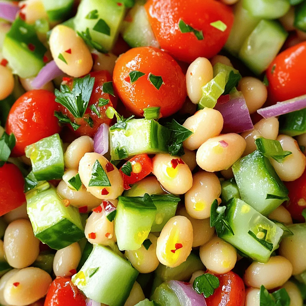 This cannellini bean salad is simple and fresh. You need just a few key items. Here’s what you will need: - 1 can (15 oz) cannellini beans, rinsed and drained - 1 cup cherry tomatoes, halved - 1 small cucumber, diced - 1/2 red onion, finely chopped - 1 red bell pepper, diced - 1/4 cup fresh parsley, chopped - 2 tablespoons olive oil - 1 tablespoon lemon juice - 1 teaspoon Dijon mustard - 1/2 teaspoon garlic powder - Salt and pepper to taste - A pinch of red pepper flakes (optional) Each ingredient brings its own flavor. The cannellini beans add creaminess and protein. The cherry tomatoes burst with sweetness. The cucumber adds crunch. Cannellini beans are a powerhouse. They are packed with protein and fiber. This helps you feel full longer. They also contain iron, which supports your blood health. Each serving gives you energy without the fat. Plus, they have antioxidants that fight free radicals. This salad is not just tasty; it supports your health in many ways. When picking your ingredients, look for bright colors. Choose cherry tomatoes that are firm and shiny. The cucumber should be crisp, with no soft spots. For the bell pepper, opt for one that feels heavy for its size. Fresh parsley should have vibrant green leaves with no wilting. Always check for freshness to ensure the best flavor in your salad. For the full recipe, check out the Zesty Cannellini Bean Salad. To make this salad, start with a big bowl. Add a can of rinsed cannellini beans. Next, toss in 1 cup of halved cherry tomatoes. Then, add a diced cucumber and half a finely chopped red onion. Finish with a diced red bell pepper. Mix these ingredients gently. This step helps combine all the fresh flavors. For the dressing, take a small bowl. Whisk together 2 tablespoons of olive oil and 1 tablespoon of lemon juice. Add 1 teaspoon of Dijon mustard and 1/2 teaspoon of garlic powder. Season with salt and pepper to taste. If you like some heat, add a pinch of red pepper flakes. Whisk until everything blends well. This dressing adds a zesty touch to the salad. Now, pour the dressing over your bean mixture. Gently toss everything to coat well. This helps each bite burst with flavor. After tossing, fold in 1/4 cup of chopped fresh parsley. Taste and adjust the seasoning if needed. Let the salad sit for about 10 minutes. This time allows flavors to blend beautifully. For the full recipe, check the recipe section. Enjoy this vibrant and healthy dish! To make your Cannellini Bean Salad pop with taste, use fresh herbs. Fresh parsley brings a bright taste. You can also try basil or cilantro for a twist. Add a splash of red wine vinegar for a tangy kick. Consider a pinch of smoked paprika for depth. It adds warmth and richness. Serve your salad in a clear bowl. This shows off the vibrant colors. You can layer the ingredients for a beautiful display. Garnish with extra parsley or a slice of lemon. A drizzle of olive oil on top adds shine and appeal. Presenting food well makes it more inviting. To save time, chop your veggies in advance. You can store them in the fridge for a few days. Use canned cannellini beans to skip the cooking time. Rinse them well to remove excess salt. Pre-make the dressing and keep it in a jar. Shake it up when you are ready to serve. Each tip helps you enjoy cooking without stress. For the full recipe, check out the Zesty Cannellini Bean Salad. {{image_2}} You can make your cannellini bean salad even better! Try adding unique ingredients for fun textures and flavors. Here are some ideas: - Avocado: It adds creaminess and healthy fats. - Feta cheese: This brings a salty kick and tang. - Olives: They add brininess and a pop of flavor. - Corn: Sweet corn gives a nice crunch and sweetness. - Sun-dried tomatoes: They offer a rich, intense flavor. These additions can elevate your salad to a whole new level! The dressing can change your salad's taste completely. Here are some fun ideas to try: - Balsamic vinegar: Swap lemon juice for a sweet and tangy taste. - Honey mustard: Use honey mustard for a sweet and zesty blend. - Yogurt dressing: Mix Greek yogurt with herbs for a creamy twist. - Spicy dressing: Add hot sauce or sriracha for a kick. Experiment with these dressings to find your favorite flavor! Using seasonal ingredients keeps your salad fresh and exciting. Each season offers unique produce to try. - Spring: Add peas or asparagus for a crisp touch. - Summer: Include fresh basil or zucchini for vibrant flavors. - Fall: Toss in roasted sweet potatoes or apples for sweetness. - Winter: Use root vegetables like carrots or parsnips for warmth. Incorporating seasonal ingredients makes your salad not just tasty but also colorful and nutritious. Check out the Full Recipe for more ideas on how to mix flavors! To store your leftover cannellini bean salad, place it in an airtight container. This helps keep it fresh and safe. Make sure to seal the container tightly. Store it in the fridge for up to three days. It is best to enjoy it fresh, but it still tastes good later. To keep your salad fresh, avoid mixing the dressing until you are ready to eat. Store the dressing in a separate container. When you want to enjoy the salad, simply combine the two. This keeps the veggies crisp and bright. Freezing cannellini bean salad is not recommended. The texture changes when thawed. However, you can freeze the beans and veggies separately. When you want to use them, thaw them overnight in the fridge. Then, mix them with fresh ingredients and dressing for a new meal. For the full recipe, check out Zesty Cannellini Bean Salad. If you can't find cannellini beans, try using white kidney beans. They have a similar texture and taste. You can also use chickpeas for a different flavor. Both options work well in salads. They add protein and fiber, just like cannellini beans. Your Cannellini Bean Salad stays fresh for about three days in the fridge. Make sure to store it in an airtight container. The flavors will deepen as it sits, making it even tastier. Just check for any changes in texture or smell before eating. Yes, you can make this salad a day ahead. It saves time on busy days. Just mix all the ingredients and store them in the fridge. The dressing can be added right before serving to keep everything fresh. Enjoy the explosion of flavors when you eat it! Find the Full Recipe to create this delicious salad. In this blog post, we explored the key ingredients for a delicious cannellini bean salad. I shared the nutritional benefits of cannellini beans and tips for choosing fresh produce. You learned step-by-step instructions for preparing the salad and dressing, along with ways to enhance flavor and presentation. Remember, variations can make your salad unique, and proper storage keeps it fresh longer. You can easily adapt this salad to your taste. Try different ingredients and enjoy the process. A tasty salad can be both healthy and fun to make!
