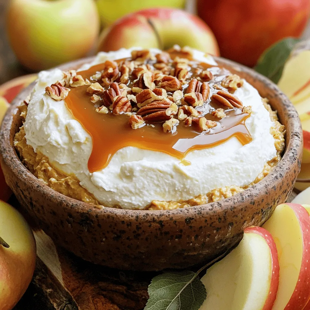 To make the best cream cheese caramel apple dip, gather these ingredients: - 8 oz cream cheese, softened - 1/2 cup brown sugar - 1/4 cup granulated sugar - 1 teaspoon vanilla extract - 1/4 teaspoon salt - 1/2 cup caramel sauce (store-bought or homemade) - 4-5 medium apples, cored and sliced for dipping It is fine to adjust some ingredients. For a lighter dip, you can cut the sugars by half. Use honey or maple syrup for a fresh twist. If you need a vegan option, try cashew cream instead of cream cheese. It gives a smooth texture and rich flavor. For extra crunch, add chopped pecans or walnuts. You can also sprinkle some mini chocolate chips on top. Want a spicy kick? Add a dash of cinnamon or nutmeg. These add-ins make your dip even more fun and tasty. Check the full recipe for more tips! To make the cream cheese mixture, start with 8 ounces of softened cream cheese. Place it in a medium mixing bowl. Beat it with a hand mixer until it is smooth and creamy. This should take about one minute. Next, add in 1/2 cup of brown sugar and 1/4 cup of granulated sugar. Mix well until everything is combined. Then, add one teaspoon of vanilla extract and 1/4 teaspoon of salt. Keep mixing until the mixture is fluffy and light. This step brings out the sweet and rich flavors. Once the cream cheese mixture is ready, transfer it into a serving bowl. Use a spatula to smooth the top so it looks nice. Now, it’s time for the caramel sauce! Drizzle 1/2 cup of caramel sauce evenly over the cream cheese layer. This adds a sweet touch that pairs wonderfully with the cream cheese. If you want, you can sprinkle 2 tablespoons of chopped pecans or walnuts on top. This gives the dip a nice crunch and extra flavor. Serve the dip right away with fresh apple slices on the side. Use 4 to 5 medium apples, cored and sliced. The tartness of the apples balances the sweet dip. This makes for a perfect snack or dessert treat. You can also try other fruits like pears or bananas. They work well too! For the full recipe, check out the detailed instructions provided. Enjoy your delicious Cream Cheese Caramel Apple Dip! To get the best texture, make sure your cream cheese is soft. Take it out of the fridge an hour before you start. This way, it mixes smooth and creamy. Use a hand mixer to blend the cream cheese. Start slow, then speed up until fluffy. If it feels too thick, add a little more caramel sauce. This will help the dip stay light and easy to scoop. To keep your dip fresh, cover it tightly with plastic wrap. If you can, use an airtight container. Store it in the fridge for up to three days. To avoid brown apples, dip them in lemon juice before serving. This tip keeps them looking bright and fresh. If you notice the dip getting thick after a day, stir in a splash of milk. This will help bring back its smoothness. For a fun twist, use a large platter for serving. Scoop the dip into a bowl at the center. Arrange apple slices around the bowl for a pretty look. You can also add some whole apples for color. Drizzle extra caramel sauce on top of the dip for a fancy touch. Sprinkle chopped nuts over the dip to add crunch. These little details make your dessert stand out. For the full recipe, check out the steps earlier in this article. {{image_2}} You can easily change the flavor of your dip for the season. Add pumpkin spice to make it warm and cozy. Just mix in a teaspoon of pumpkin spice with the cream cheese. It adds a nice fall twist. You can also use apple pie spice for a similar effect. This makes the dip perfect for autumn gatherings. While apple slices are great, many other foods work well with this dip. Try using graham crackers for a crunchy touch. Pretzels add a salty bite that blends well with the sweet dip. Fresh pears or bananas also taste great. You can even use cookies for a fun dessert treat. To take your dip to the next level, add a chocolate drizzle. Melt some chocolate chips and drizzle them over the caramel layer. This adds a rich flavor and looks stunning. You can also sprinkle mini chocolate chips on top for extra sweetness. Another option is to add a splash of almond extract for a nutty twist. These little changes can elevate your dip from good to fantastic! For the full recipe, check out the steps outlined above. After enjoying your dip, store any leftovers in a tight container. I recommend using a glass jar or a plastic container with a lid. Make sure the lid is on snugly. This keeps the dip fresh and tasty. If you have some apples left, store them separately to prevent browning. Your Cream Cheese Caramel Apple Dip can last in the fridge for about 3 to 5 days. If you want to keep it longer, you can freeze it. Just remember, the dip might change a bit in texture after freezing. To freeze, place it in an airtight container. Use it within 1 month for the best taste. When you want to enjoy the dip again, you can let it sit at room temperature for about 30 minutes. This helps it get smooth again. If it feels too thick, you can mix in a little milk or cream to loosen it up. Avoid heating it in the microwave; this can change the texture and flavor. Enjoy your creamy delight! For the full recipe, check back to make this tasty treat at home. To lower the calories in this dip, you can adjust the sugar and cream cheese. Use less brown sugar and granulated sugar. You can also swap the caramel sauce for a sugar-free version. Adding Greek yogurt instead of some cream cheese can cut calories too. These changes keep the flavor while making it lighter. Yes, you can use low-fat cream cheese. It works well and still tastes great. The dip may be a bit lighter, but it remains creamy. Many people enjoy it just as much. Feel free to try it; you might like the change. Apples are the best choice for this dip. You can also try pears and bananas. Strawberries, grapes, and orange slices work nicely too. Each fruit adds a new twist to the flavor. Your guests will love the variety! You now have all the ingredients, tips, and steps to make a great Cream Cheese Caramel Apple Dip. Remember to experiment with flavors and add-ins to make it your own. Keep the dip fresh with clever storage methods and enjoy it with your favorite fruits. This dip is perfect for any gathering, and it’s easy to adapt to the season. Use the variations we discussed to surprise your guests. Enjoy creating this tasty treat for everyone!