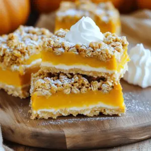 To make these Pumpkin Pie Crumble Bars, you need: - 2 cups all-purpose flour - 1/2 cup brown sugar - 1/2 cup granulated sugar - 1 cup unsalted butter, melted - 1 teaspoon cinnamon - 1/2 teaspoon nutmeg - 1/4 teaspoon ginger powder - 1 can (15 oz) pumpkin puree - 1/2 cup sweetened condensed milk - 2 large eggs - 1 teaspoon vanilla extract - 1/4 teaspoon salt - 1 cup rolled oats (for crumble topping) These ingredients work together to create a rich and delicious treat. The pumpkin puree gives it a creamy texture and that classic fall flavor. For substitutions, you can use whole wheat flour instead of all-purpose flour for added fiber. If you prefer a less sweet version, reduce the granulated sugar to 1/4 cup. You can swap the sweetened condensed milk with coconut milk for a dairy-free option. If you don’t have rolled oats, quick oats will work too, though they may change the texture slightly. Always remember to adjust spices to your taste. This recipe is flexible and can adapt to what you have at home. For the full recipe, follow the steps closely to achieve the best results. Enjoy baking these bars as they fill your kitchen with warm, inviting aromas! 1. Preheat and Prepare the Baking Pan Start by preheating your oven to 350°F (175°C). While it heats, grease a 9x9-inch baking pan. Line the pan with parchment paper, leaving some paper hanging over the edges. This helps you lift the bars out later. 2. Make the Crust and Pumpkin Filling In a mixing bowl, combine 2 cups of all-purpose flour, 1/2 cup of brown sugar, 1/2 cup of granulated sugar, and 1 cup of melted unsalted butter. Add 1 teaspoon of cinnamon, 1/2 teaspoon of nutmeg, 1/4 teaspoon of ginger powder, and 1/4 teaspoon of salt. Mix until crumbly. Reserve 1/2 cup of this mixture for the topping. Press the remaining mixture into the bottom of the pan to form the crust. Bake this crust for 10 minutes. While the crust bakes, mix in a separate bowl 1 can of pumpkin puree, 1/2 cup of sweetened condensed milk, 2 large eggs, and 1 teaspoon of vanilla extract. Stir until smooth. 3. Assemble and Bake the Bars Once the crust is done, take it out of the oven. Pour the pumpkin filling evenly over the warm crust. For the crumble topping, add 1 cup of rolled oats to the reserved crumb mixture. Mix well and sprinkle this over the pumpkin layer. Return the pan to the oven and bake for another 25-30 minutes. Look for the pumpkin layer to be set and the topping to turn golden brown. After baking, let the bars cool for at least 30 minutes in the pan. Lift them out using the parchment paper, cut into squares, and enjoy! For the full recipe, check the details above. To ensure a perfect crust, start with cold butter. Cut it into small pieces and mix it quickly with the dry ingredients. This keeps the crust flaky. Press the crust firmly into the pan for even baking. For a creamy pumpkin layer, blend the pumpkin puree and condensed milk until smooth. Make sure to beat the eggs well before adding them. This helps create a light texture. If your oven runs hot or cold, adjust the baking time. Check the bars a few minutes early. This helps avoid overbaking and keeps the pumpkin layer moist. Garnish your bars with a light dusting of powdered sugar. This adds a sweet touch and enhances the look. Fresh cinnamon or nutmeg on top can also add flavor and beauty. For special occasions, serve with whipped cream or a scoop of vanilla ice cream. You can also add caramel sauce for extra sweetness. These little touches make the bars feel extra special and inviting. {{image_2}} You can make these pumpkin pie crumble bars even better! Adding chocolate chips can give a rich twist. You can also mix in chopped nuts like walnuts or pecans for a crunchy bite. Changing spices can create new flavors. Try adding cardamom or allspice for a warm touch. You can use flavored extracts too. Maple or almond extract can add a nice depth. Just a little goes a long way, so start small! If you need gluten-free bars, swap the all-purpose flour for a gluten-free blend. Make sure it works well in baking. For a vegan option, use flax seeds mixed with water instead of eggs. Mix one tablespoon of ground flax with three tablespoons of water, then let it sit until it thickens. For dairy, replace sweetened condensed milk with coconut milk or a dairy-free alternative. Both options keep the bars creamy and delicious. You can find the full recipe [here]. After enjoying your pumpkin pie crumble bars, you may have leftovers. To keep them fresh, store the bars in an airtight container. Place parchment paper between layers to avoid sticking. Refrigerate them for up to five days. For longer storage, consider freezing. Cut the bars into squares, wrap each one tightly in plastic wrap, then place them in a freezer-safe bag. They can last in the freezer for three months. When it’s time to enjoy your bars again, reheating is key. You can use the oven or microwave. For the oven, preheat it to 350°F (175°C). Place the bars on a baking sheet and cover them with foil. Heat for about 10-15 minutes. This method keeps the texture nice. If you use the microwave, heat one bar at a time for 15-20 seconds. Check to avoid overheating, which can make them tough. Enjoy your delicious treats warmed up! How to know when the bars are done baking? You can tell the bars are done when the pumpkin layer looks set. The edges may pull away slightly from the pan. A toothpick inserted in the center should come out clean or with just a few moist crumbs. Can I use fresh pumpkin instead of canned? Yes, you can use fresh pumpkin. Just cook and puree it before measuring. Fresh pumpkin may have a different texture, so ensure it is smooth to match the canned version. What can I serve with pumpkin pie crumble bars? These bars are great with whipped cream or vanilla ice cream. You can also sprinkle some nuts on top or add a drizzle of caramel sauce for extra flavor. What to do if the topping is too dry? If your topping turns out too dry, try adding a bit more melted butter or a splash of milk. Mix it in slowly until you reach a crumbly yet moist texture. How to avoid cracks in the pumpkin layer? To prevent cracks, bake at a lower temperature. Avoid overmixing the pumpkin filling. Let the bars cool slowly at room temperature before refrigerating. This helps maintain a smooth surface. The blog post covered the essential ingredients, preparation steps, and tips for pumpkin pie crumble bars. It emphasized adjusting flavors, storing leftovers, and answered common questions. Remember, baking is creative and can be fun. Don't hesitate to experiment with ingredients and flavors. Use the tips here to make your bars perfect every time. Enjoy sharing your tasty treats with family and friends!