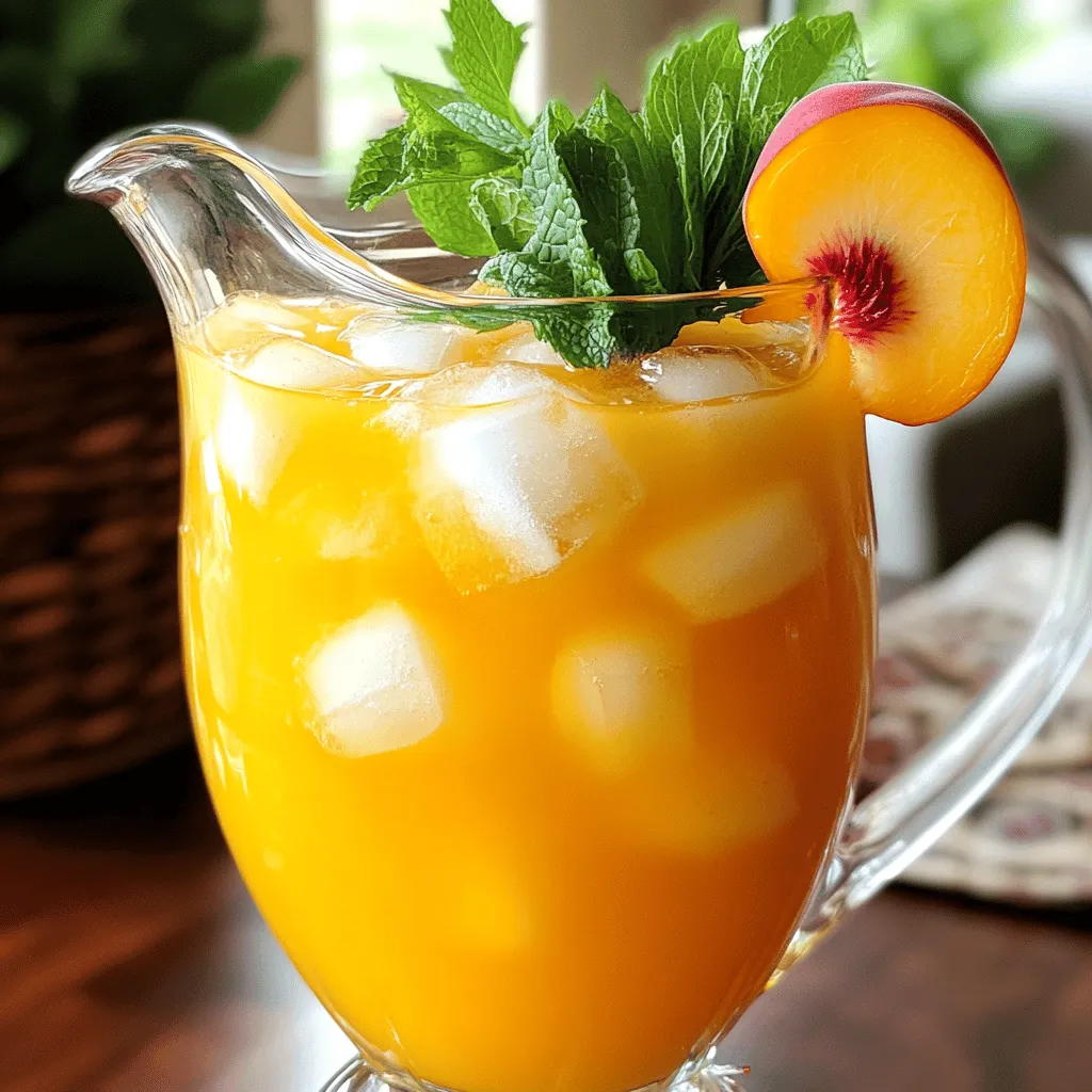 - Fresh peaches: Ripe peaches are key. They bring sweetness and a fresh flavor. Look for peaches that yield slightly to pressure. This means they are juicy and ready to use in your tea. - Black tea bags: Choosing the right tea is important. I recommend using a strong black tea, like English breakfast or Assam. This type of tea gives a rich taste that pairs well with the sweetness of peaches. - Sweeteners: You have options here. Honey adds a floral note, while agave syrup offers a smooth sweetness. Adjust the amount to taste. Start with 1/4 cup, then add more if you prefer a sweeter drink. - Fresh mint leaves: Mint adds a refreshing twist. It enhances the flavor and makes the drink look pretty. Just a few leaves will do the trick. - Lemon slices: Adding lemon slices gives a bright citrus flavor. It balances the sweetness of the peaches. Plus, it looks nice in the glass! Start by boiling 4 cups of water in a saucepan over medium heat. Once it reaches a rolling boil, remove the pot from the heat. Add 4 black tea bags to the hot water. Let the tea steep for about 5 minutes. This steeping time is crucial. If you steep too little, the tea will taste weak. If you steep too long, it may become bitter. Next, take 2 ripe peaches and slice them in half. Remove the pits, and place the slices in a blender. Add 1/4 cup of honey or agave syrup to the blender for sweetness. Blend until the mixture is smooth. To ensure your peach puree is velvety, strain it through a fine mesh sieve into a pitcher. Press down on the pulp to get every drop of juice out. Now, it’s time to mix. After the tea has cooled to room temperature, remove the tea bags. Pour the peach puree into the tea. Add 1 tablespoon of fresh lemon juice. This adds a tangy kick to your drink. Refrigerate the mixture for at least 1 hour. This chilling step is key for a refreshing drink. When you’re ready to serve, fill glasses with ice cubes. Pour the chilled peach iced tea over the ice. Garnish with fresh mint leaves and a slice of peach if you like. To make your peach iced tea just right, start by adjusting the sweetness. I suggest using honey or agave syrup. You can add more or less based on your taste. I often start with 1/4 cup, then taste and tweak. This way, you find the perfect level of sweetness for your drink. Next, balance the flavors with fresh lemon juice. The lemon adds a nice tang that makes the tea bright. Just one tablespoon can elevate the drink. If you like it more tart, feel free to add more lemon juice. Experiment until you find what you love. Now, let’s talk about serving your peach iced tea. I recommend using clear glasses for a pretty look. This lets the beautiful color shine through. You can even use mason jars for a fun twist. For garnishing, fresh mint leaves are a must. They add color and scent. You can also slice a peach and place it on the rim of the glass. This not only looks nice but also hints at the flavor inside. For the full recipe, you can refer back to the instructions for easy preparation. Enjoy your refreshing peach iced tea! {{image_2}} You can switch up your peach iced tea by using different teas. Try green or herbal teas instead of black tea. Green tea adds a fresh taste and works well with peaches. Herbal teas can be caffeine-free, making them great for any time of day. Some popular herbal choices include peppermint or chamomile. Caffeine-free options are perfect for kids or those avoiding caffeine. They keep the drink light and refreshing. You can enjoy a lovely blend of flavors and still get that peachy goodness. Enhancing your peach iced tea can make it even more exciting. Consider adding other fruits for fun combinations. Strawberries, raspberries, or even citrus fruits like oranges can bring new flavors. Just make sure the fruits you choose complement the peaches. You can also experiment with infusions. Adding spices like ginger can give a nice kick. Cinnamon can add warmth and depth. Just a pinch can change the whole drink. Don’t be afraid to try new things and find your favorite mix! For more flavor ideas, check out the Full Recipe. To keep your peach iced tea fresh, store it in the fridge. Use a covered pitcher or container. Make sure the tea cools down before sealing it. This helps keep the flavor intact. Drink it within three to five days for the best taste. You can make peach iced tea ice cubes for a fun twist. Pour leftover tea into an ice cube tray. Freeze them for later use in drinks. These cubes keep your tea cold without watering it down. If you make a big batch, consider freezing it. Pour the tea into freezer-safe bags. Remove as much air as you can before sealing. This helps prevent freezer burn. When ready to enjoy, thaw in the fridge overnight. Refreshing Peach Iced Tea is not very high in calories. The main ingredients are black tea, peaches, and honey or agave syrup. A serving typically has around 80-90 calories. If you want to lower the calories, use less sweetener. You can also skip the honey and rely on the natural sweetness of ripe peaches. Each ingredient plays a role in the final calorie count. Yes, you can use frozen peaches. They are often picked at peak ripeness, so they taste great. Frozen peaches can save time, but they may add extra water to the mix. This can slightly change the texture of your iced tea. If using frozen peaches, blend them while still frozen. You might want to strain a bit more to get the right consistency. You can easily make this tea ahead of time. Start by preparing the tea base and peach puree as usual. After mixing them, store the tea in the fridge. It can stay fresh for about three days. You can also pre-slice the peaches and store them in the fridge. Just remember to add the lemon juice before serving to keep the flavors bright. For the freshest taste, serve it chilled right before your gathering. You can make a delicious peach iced tea with just a few fresh ingredients. Start with ripe peaches and the right tea bags. Sweeteners like honey or agave enhance the flavor. Follow simple steps to create a tasty drink everyone will love. Remember to chill it well and use great glassware for serving. Feel free to get creative with flavors or try freezing it for later. Making peach iced tea is easy and fun, perfect for hot days! Enjoy your refreshing treat!