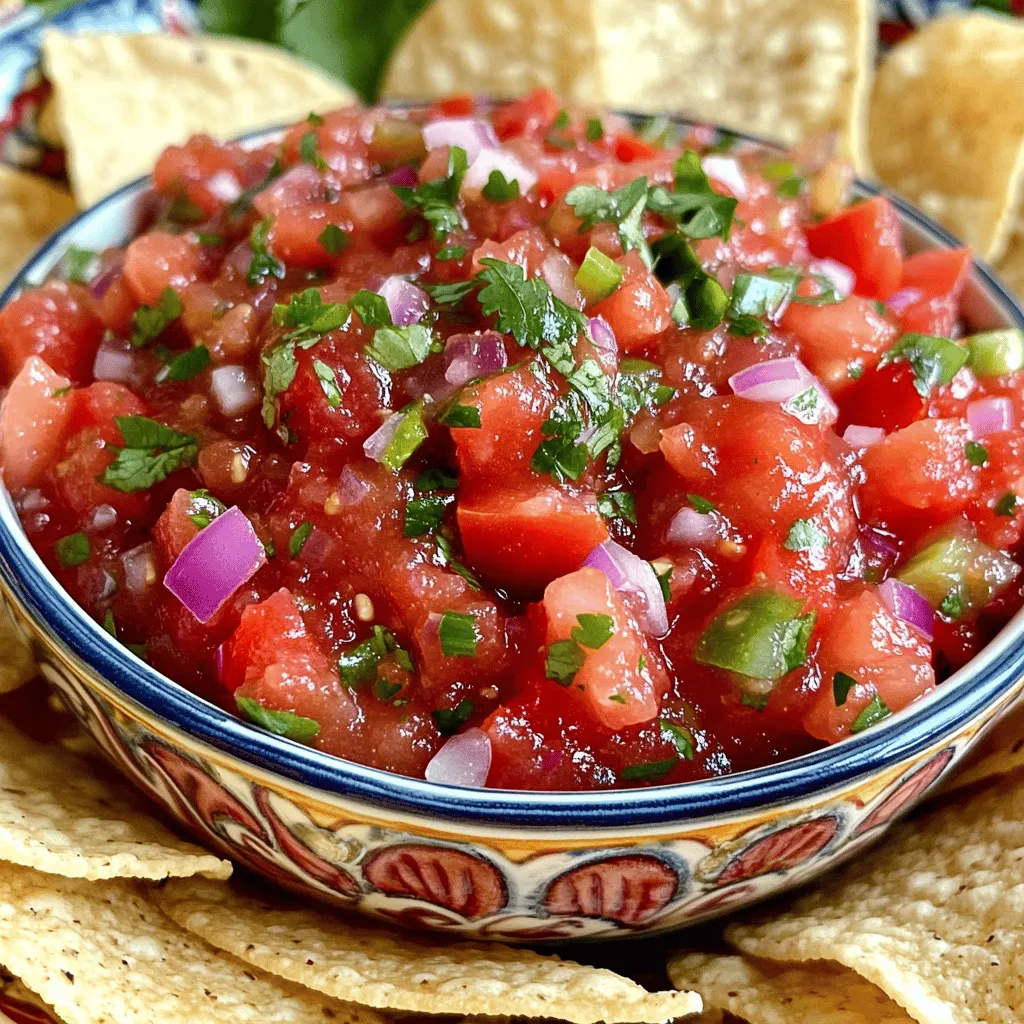 To make the best homemade salsa ever, you need the following fresh ingredients: - 4 ripe tomatoes, diced - 1 small red onion, finely chopped - 1 jalapeño, deseeded and minced - 1/4 cup fresh cilantro, chopped - 2 cloves garlic, minced - 2 tablespoons lime juice - 1 teaspoon ground cumin - Salt and pepper to taste Choosing fresh ingredients is key to great salsa. Look for vibrant tomatoes that feel firm. A good tomato should have a rich red color. The onion should be crisp and slightly sweet. For jalapeños, select ones that are shiny and firm. Fresh cilantro should be bright green, with no yellow or brown spots. These choices will enhance your salsa's taste and texture. Feel free to make this salsa your own! You can add a pinch of sugar for sweetness. A splash of vinegar can give it a tangy kick. You might also try adding fruits like mango or pineapple for a sweeter twist. If you love extra heat, consider adding more jalapeños or even a serrano pepper. Customize to fit your taste! For the full recipe, check here: [Full Recipe]. To make the best homemade salsa, you need fresh ingredients. Start with four ripe tomatoes. Dice them into small pieces. Next, take a small red onion. Finely chop it to bring out its strong flavor. A jalapeño adds heat, so remove the seeds and mince it carefully. You can adjust the amount based on your spice preference. Don't forget the garlic; two cloves minced will add a nice punch. In a medium bowl, combine the diced tomatoes, chopped onion, minced jalapeño, and garlic. Mix them gently to keep the tomatoes intact. Next, add 1/4 cup of fresh cilantro, chopped finely. The cilantro adds a fresh taste. Pour in two tablespoons of lime juice for zing. Then, sprinkle one teaspoon of ground cumin for warmth. Finally, season with salt and pepper to taste. Stir everything together until well mixed. For the best flavor, let your salsa rest. This time helps the flavors meld. I suggest letting it sit for at least 30 minutes. You can cover the bowl with plastic wrap. If you have time, letting it rest longer enhances the taste even more. For the full recipe, check the details above. Enjoy your fresh salsa with tortilla chips or on tacos! Cutting tomatoes and onions can be tricky. To start, pick ripe tomatoes. Use a sharp knife for clean cuts. Cut the tomato in half, then make slices from top to bottom. Turn the tomato and slice again to make small cubes. For onions, cut off both ends first. Peel off the skin, then cut it in half. Slice from top to bottom, then chop. This helps avoid tears and keeps your salsa fresh. Spice is key in salsa. If you like it hot, keep the seeds from the jalapeño. For a milder taste, remove all seeds and the white part. You can also swap jalapeños for bell peppers. They add flavor without much heat. Always taste your salsa as you mix. If it’s too spicy, add more diced tomatoes or avocado to cool it down. To keep your salsa fresh, store it in an airtight container. This stops air from getting in and keeps it tasty. Put it in the fridge and use it within three days for the best flavor. If you want to save it longer, consider freezing it. Just make sure to leave space in the container for expansion. This way, you can enjoy your homemade salsa anytime! For the complete recipe, check out the Full Recipe section. {{image_2}} Do you love heat? You can make spicy salsa easily. Add more jalapeños or use serrano peppers. For a smoky flavor, add chipotle peppers in adobo sauce. Try a pinch of cayenne for extra kick. Each choice gives a unique twist. Adjust the spice to match your taste. Want something sweet? Fruit-infused salsa is a fun choice. Dice mango, pineapple, or peaches for a fresh burst. These fruits add sweetness that balances the heat. You can mix them with tomatoes for a tasty blend. It’s a great way to use seasonal fruits, too! This salsa is already vegan! But you can make it allergy-friendly, too. If you have a nightshade allergy, substitute tomatoes with roasted zucchini. This adds a rich flavor without the risk. You can also skip the jalapeño if you prefer mild salsa. Enjoy delicious salsa without worry. For the full recipe, check out Best Homemade Salsa Ever. To keep your salsa fresh, store it in an airtight container. Glass jars work great. Make sure to press out any air before sealing. This helps prevent spoilage. Always keep your salsa in the fridge. Avoid leaving it out at room temperature. Homemade salsa lasts about 5 to 7 days in the fridge. The flavors can change over time. Use it within this time for the best taste. If you see any mold, throw it out right away. Always trust your senses; if it smells off, it's time to discard it. You can freeze salsa for longer storage. Pour it into freezer-safe bags or containers. Remove as much air as possible. Salsa can last up to 3 months in the freezer. When ready to use, thaw it in the fridge overnight. It may be a bit watery. Just stir it well before serving. For the best flavor, enjoy it as soon as possible after thawing. You can find the full recipe for the best homemade salsa ever in the earlier sections. Homemade salsa can last in the fridge for about 5 to 7 days. To keep it fresh, store it in an airtight container. Make sure to check for any signs of spoilage before using it. If it smells off or looks different, it's best to toss it. The flavors will get better as it sits, but don't wait too long! Yes, you can use canned tomatoes in your salsa. This option can save time and still taste great. Look for canned tomatoes that are low in sodium and without added sugars. Drain the tomatoes well before using them. This helps keep your salsa from being too watery. Fresh tomatoes give a brighter flavor, but canned can work well in a pinch. There are many great options to serve with homemade salsa. Here are a few ideas: - Tortilla chips - Tacos or burritos - Grilled chicken or fish - Quesadillas - Nachos You can also use salsa as a topping for eggs or mix it into salads. It adds a fresh kick to any meal! For the full recipe, check out the Best Homemade Salsa Ever. To make great salsa, start with fresh, quality ingredients. Follow the steps for perfect prep and combining. Remember the best tips for cutting and storing. Don’t forget to explore tasty variations to suit your taste. In conclusion, homemade salsa is easy and fun. With these simple steps, you’ll create salsa everyone loves. Enjoy your fresh salsa with friends or family. You’ll impress them with your skills!