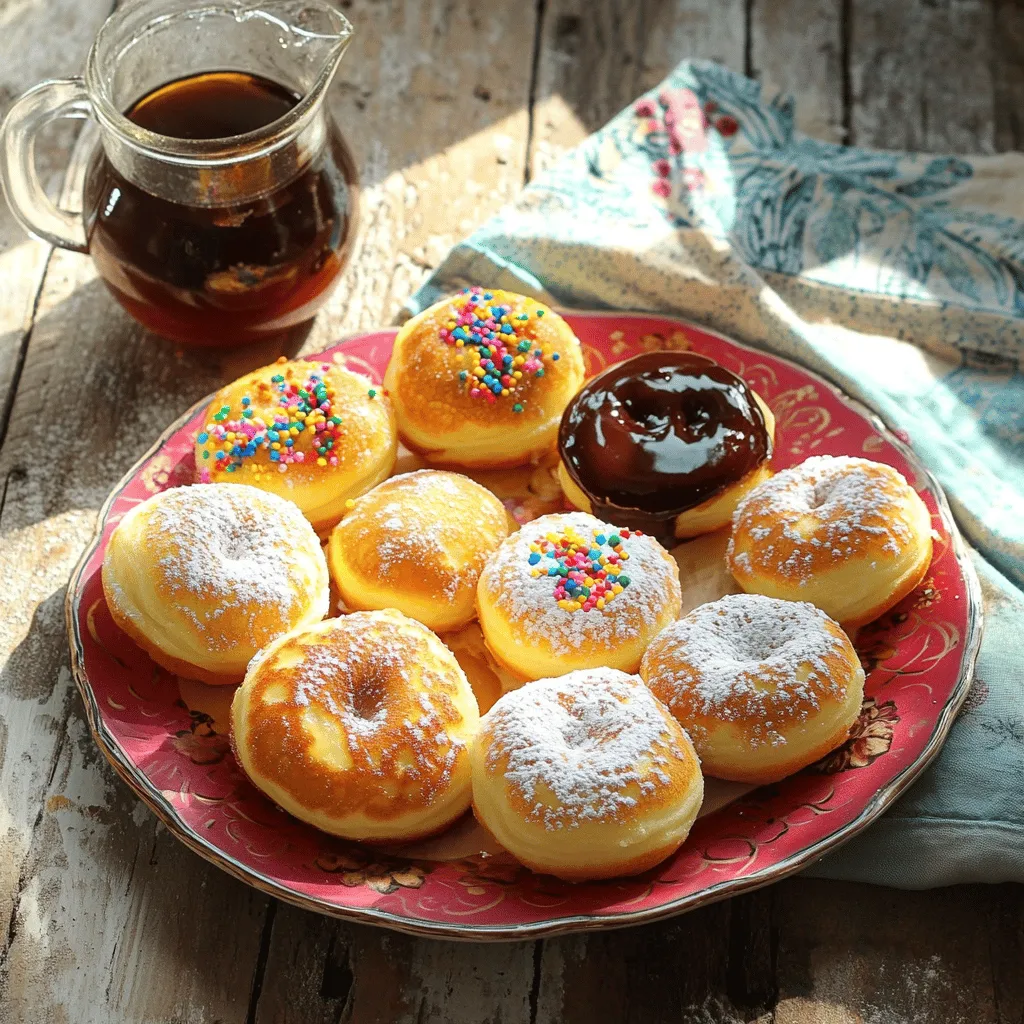 To make pancake donuts, you will need these key ingredients: - 1 cup all-purpose flour - 1 tablespoon baking powder - 2 tablespoons granulated sugar - 1/2 teaspoon salt - 1 cup milk - 1 large egg - 2 tablespoons melted butter (or vegetable oil) - 1 teaspoon vanilla extract - Cooking spray or extra oil for the donut pan These ingredients come together to create a fluffy and soft donut base. The all-purpose flour provides structure, while the baking powder helps them rise. The sugar adds sweetness, and the egg binds everything. After baking, you can add fun toppings. Here are some tasty choices: - Maple syrup - Powdered sugar - Sprinkles - Chocolate glaze Toppings can elevate your pancake donuts. Drizzling maple syrup brings a warm sweetness. Sprinkles add color and fun, while chocolate glaze makes them extra special. You can mix and match your favorites! For the full recipe, check the details above. - Preheat your oven to 350°F (175°C). - Grease the donut pan with cooking spray or oil. This helps prevent sticking. - In a bowl, combine 1 cup of all-purpose flour, 1 tablespoon of baking powder, 2 tablespoons of sugar, and 1/2 teaspoon of salt. Mix well until everything is combined. This gives the donuts a nice rise. - Beat 1 large egg in a separate bowl. Add 1 cup of milk, 2 tablespoons of melted butter, and 1 teaspoon of vanilla extract. - Mix until everything is well blended. This step adds moisture and flavor to your donuts. - Pour the wet ingredients into the dry mixture. Stir gently until just combined. - Be careful not to overmix; it’s okay if some lumps remain. Overmixing can make the donuts tough. - Spoon the batter into the donut pan wells. Fill each well about 3/4 full. This way, they have room to rise without overflowing. - Bake in the preheated oven for 10-12 minutes until golden brown. Check doneness with a toothpick; it should come out clean. - Allow the donuts to cool in the pan for about 5 minutes, then transfer them to a wire rack to cool completely. Enjoy your delicious pancake donuts! For the full recipe, check the details above. To get the best pancake donuts, avoid overmixing the batter. When you mix the wet and dry ingredients, stop as soon as you see no dry flour. Some lumps are perfectly fine. This keeps your donuts light and fluffy. Next, use a toothpick to check for doneness. Insert the toothpick into the center of a donut. If it comes out clean, your donuts are ready. If it has wet batter, bake them a little longer. For a great display, arrange the donuts on a colorful plate. Dust them with powdered sugar for a fun touch. You can also serve with a small pitcher of maple syrup on the side. This adds a nice element for dipping. Pair your pancake donuts with drinks like coffee or milk. The rich flavors of coffee blend well with the sweetness. Milk offers a nice balance and is fun for kids. To store leftover donuts, place them in an airtight container. This keeps them fresh for a few days. You can also wrap them in plastic wrap for extra protection. When you want to enjoy them again, reheating is key. You can use the microwave for about 10 seconds. For an oven, set it to 350°F (175°C) and heat for 5 minutes. This way, they taste just as good as fresh! For the full recipe, check out the details above. {{image_2}} You can easily change the taste of your pancake donuts. Try adding fun flavors like cinnamon or nutmeg. Just add a teaspoon of either spice to the dry mix. This adds warmth and depth to each bite. If you love chocolate, mix in cocoa powder. A couple of tablespoons of cocoa will give you a rich, chocolatey donut. Don't be shy—experiment with different flavors! Each change can bring a new twist to your recipe. The fun doesn't stop at flavors! You can dress up your pancake donuts in many ways. Instead of just powdered sugar, try a drizzle of maple syrup or honey. You can also top with chocolate glaze for a sweet finish. Add sprinkles for color and crunch. If you want something more fruity, try fresh berries or a fruit compote. Get creative with your toppings to make each batch unique! Filling your pancake donuts can add a surprise inside. You can use jam, cream, or chocolate for a delicious filling. To fill the donuts, use a piping bag or a small spoon. Simply poke a hole in the donut and add your filling. A fruity jam can give a nice burst of flavor. Creamy filling adds a rich texture. Chocolate makes every bite feel like a treat. Don't be afraid to mix and match fillings to find your favorite! For the complete recipe, check out the [Full Recipe]. Finding pancake donuts can be fun. You have many choices, both nearby and online. Start by checking local bakeries. Many bakeries love to create fun treats. Ask about pancake donuts when you go in. Small cafes also may have them. Look for places that focus on breakfast or brunch. They often think outside the box with their menu items. Use apps or websites like Yelp to find reviews. This can help you spot the best spots in your area. If you cannot find them locally, try online. Many websites sell pancake donuts or kits. Check out Amazon, where you can find a variety of flavors. Some specialty food sites offer unique versions too. You can also find DIY kits if you want to make them at home. This way, you get all the fun without having to go out. Don’t forget specialty grocery stores. Stores that focus on organic or local foods may carry pancake donuts. Some larger grocery chains have unique items in their bakery sections. Look for mixes that let you make pancake donuts yourself. This can be a great option if you want to try out the Full Recipe at home. A pancake donut is a fun twist on classic pancakes. It combines the fluffy texture of pancakes with the shape of a donut. You bake them instead of frying, making them lighter and healthier. These treats are great for breakfast or a snack. Each bite is soft and sweet, perfect for dipping in syrup or topping with your favorite sprinkles. Yes, you can make pancake donuts without a donut pan! Use a muffin tin or a baking sheet instead. For a muffin tin, just fill each cup halfway with batter. If using a baking sheet, drop spoonfuls of batter in circles to form donut shapes. Keep the size small to mimic the look of donuts. You can still enjoy the same great taste! Customizing pancake donuts is easy and fun. Here are some tips: - Add spices: Mix in cinnamon or nutmeg for extra flavor. - Use different milks: Try almond or coconut milk for a new twist. - Incorporate fruits: Add mashed bananas or blueberries to the batter. - Experiment with toppings: Use chocolate glaze, whipped cream, or nuts. You can also check out the Full Recipe for more ideas! You now have all you need to make pancake donuts. We covered essential ingredients, mixing methods, baking tips, and creative variations. You can play with flavors and toppings to fit your taste. Remember, the key is to avoid overmixing and check the donuts for doneness. Enjoy these treats fresh or stored for later. Pancake donuts are easy to customize and fun to share. I hope you feel inspired to whip up a batch soon!