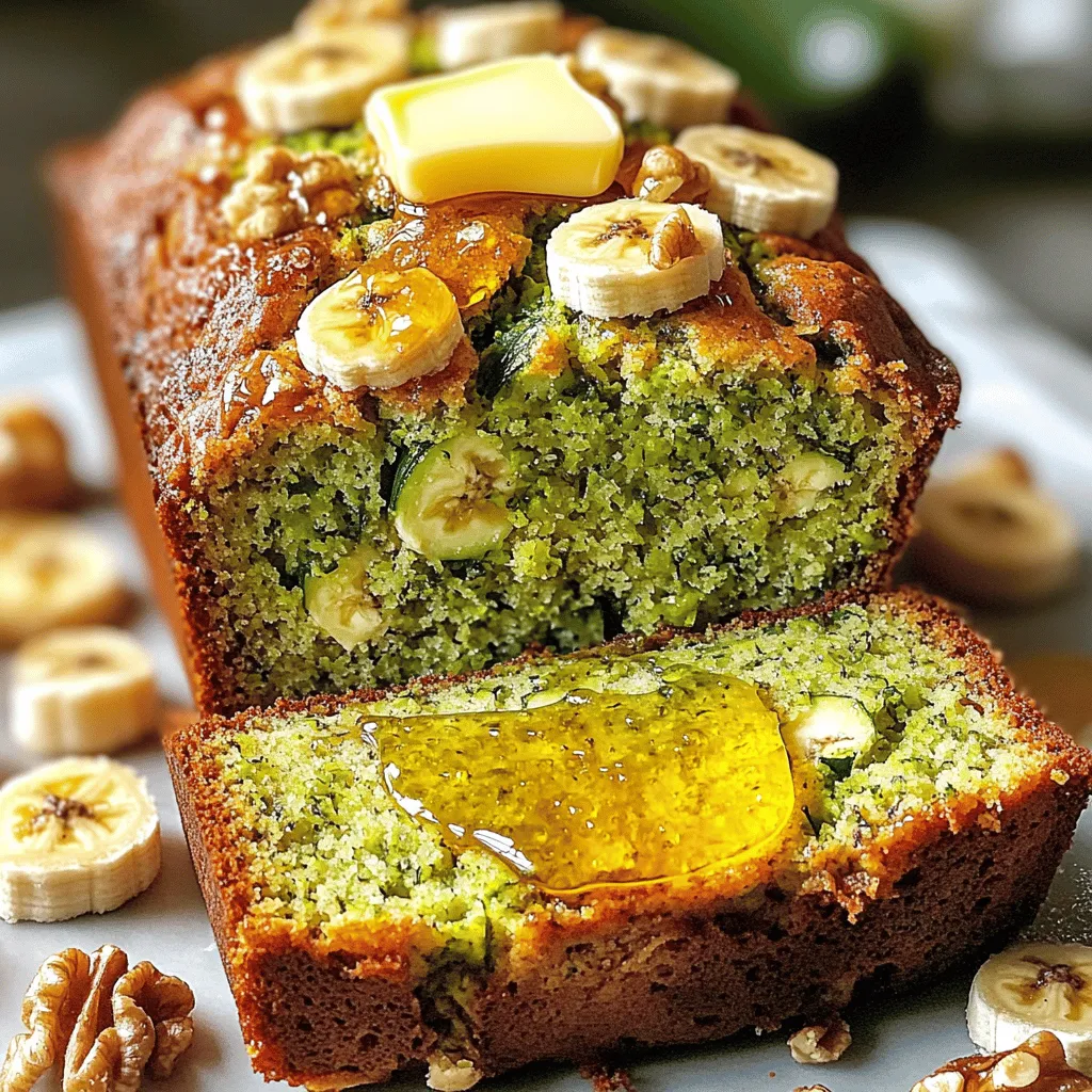 To make delicious Zucchini Banana Bread, you will need these ingredients: - 1 cup grated zucchini (about 1 medium zucchini) - 1 cup ripe bananas (about 2 medium bananas, mashed) - 1/3 cup vegetable oil (or melted coconut oil) - 1 large egg - 1 teaspoon vanilla extract - 1 cup all-purpose flour - 1/2 cup whole wheat flour - 1 teaspoon baking soda - 1/2 teaspoon baking powder - 1/2 teaspoon salt - 1 teaspoon ground cinnamon - 1/2 cup chopped walnuts (optional) - 1/2 cup chocolate chips (optional) You can easily swap some ingredients for others if needed. Here are some options: - Oil: Use unsweetened applesauce instead of oil for a lighter version. - Flours: Substitute all-purpose flour with almond flour for a gluten-free option. - Egg: Replace the egg with a flax egg (1 tablespoon ground flaxseed + 2.5 tablespoons water) for a vegan option. - Nuts: If you dislike walnuts, try pecans or leave them out entirely. - Sweetness: Add honey or maple syrup to enhance sweetness if your bananas aren’t very ripe. Each slice of Zucchini Banana Bread offers a good mix of nutrients. Here’s a rough estimate: - Calories: 180 - Protein: 3g - Fat: 7g - Carbohydrates: 28g - Fiber: 2g - Sugar: 6g This bread is not only tasty but also a great way to sneak in some veggies! Start by gathering all your ingredients. This makes the process smooth. You will need: - 1 cup grated zucchini (about 1 medium zucchini) - 1 cup ripe bananas (about 2 medium bananas, mashed) - 1/3 cup vegetable oil (or melted coconut oil) - 1 large egg - 1 teaspoon vanilla extract - 1 cup all-purpose flour - 1/2 cup whole wheat flour - 1 teaspoon baking soda - 1/2 teaspoon baking powder - 1/2 teaspoon salt - 1 teaspoon ground cinnamon - 1/2 cup chopped walnuts (optional) - 1/2 cup chocolate chips (optional) Preheat your oven to 350°F (175°C). Grease a 9x5-inch loaf pan or line it with parchment paper. This helps with easy removal later. In a large bowl, combine the grated zucchini and mashed bananas. Mix them well. Next, add the vegetable oil, egg, and vanilla extract. Whisk these together until smooth. In another bowl, mix the dry ingredients: all-purpose flour, whole wheat flour, baking soda, baking powder, salt, and ground cinnamon. Now, gradually combine the dry ingredients with the wet mixture. Mix just until combined. Avoid overmixing, as this makes the bread dense. If you want, fold in the chopped walnuts and chocolate chips for extra flavor. Pour the batter into your prepared loaf pan. Smooth the top with a spatula for an even bake. Place it in the preheated oven. Bake for 50-60 minutes. Use a toothpick to check if it’s done. If it comes out clean, your bread is ready. Once baked, let the bread cool in the pan for 10 minutes. Then, transfer it to a wire rack to cool completely. For serving, slice the bread warm. You can add a pat of butter or a drizzle of honey on top. For a pop of color, garnish with extra walnuts or banana slices. Enjoy every bite of your delicious zucchini banana bread! For the full recipe, refer to the detailed instructions above. To get the best texture in your zucchini banana bread, follow a few key steps. First, make sure to squeeze out excess water from the grated zucchini. This helps keep the bread from becoming too soggy. Second, use ripe bananas. Ripe bananas add natural sweetness and moisture. They should be brown and soft for the best flavor. Finally, mix the batter just until combined. Overmixing can lead to a tough loaf. There are some common mistakes to keep in mind. One mistake is not measuring your ingredients properly. Use standard measuring cups for accuracy. Another error is skipping the baking soda and baking powder. These are essential for the bread to rise properly. Lastly, do not bake it for too long. Keep an eye on it near the end of the baking time. A toothpick should come out clean when it’s ready. Using the right tools can make your baking easier. Here’s what I recommend: - Mixing bowls: One large bowl for wet ingredients and another for dry. - Whisk: A good whisk helps mix the batter smoothly. - Grater: A box grater works well for zucchini. - Loaf pan: A standard 9x5-inch loaf pan is perfect. - Parchment paper: Use it for easy bread removal. - Toothpick: Test the bread’s doneness with a toothpick. These tips can make your zucchini banana bread delightful. For a full recipe, check out the provided link. {{image_2}} You can enhance your Zucchini Banana Bread with fun flavors. Try adding spices like nutmeg or allspice for warmth. A touch of ginger can bring a nice kick. You can also mix in chopped nuts for crunch. Walnuts add a lovely texture and healthy fats. If you like a sweeter touch, toss in chocolate chips. They melt and create gooey pockets of goodness. If you're looking for gluten-free options, substitute all-purpose flour for a gluten-free blend. Almond flour or coconut flour are great choices. For a vegan version, replace the egg with flaxseed meal mixed with water. Use plant-based oil instead of vegetable oil. These changes keep the bread moist and tasty without animal products. Zucchini and banana are versatile ingredients. You can make muffins or pancakes with them. For a twist, try zucchini banana smoothies for breakfast. They are packed with nutrients and flavor. You can also bake zucchini banana cookies for a sweet treat. Each recipe brings a new way to enjoy these ingredients. For the full recipe, check out the Zesty Zucchini Banana Bread 🥒! After you enjoy your zucchini banana bread, let it cool completely. This helps keep it fresh. Wrap the bread tightly in plastic wrap or foil. You can also place it in an airtight container. Store it at room temperature for up to three days. For longer storage, keep it in the fridge for about a week. Freezing is a great way to save leftovers. Slice the bread first to make it easy to thaw later. Wrap each slice in plastic wrap, then place them in a freezer-safe bag. Be sure to remove as much air as you can. The bread can last in the freezer for up to three months. When you're ready to eat it, just take out the slices you want. To reheat your zucchini banana bread, use an oven or a microwave. For the oven, preheat it to 350°F (175°C). Place the slices on a baking sheet and warm for about 10 minutes. This keeps the crust nice and crisp. If using a microwave, heat each slice for about 15-20 seconds. Check to see if it's warm enough for you. Enjoy it warm with a pat of butter or a drizzle of honey! The best way to ripen bananas is to leave them at room temperature. They will turn yellow and soft over a few days. If you need them fast, place them in a paper bag. This traps ethylene gas and speeds up ripening. For an even quicker method, you can bake them. Just place unpeeled bananas on a baking sheet at 300°F (150°C) for 15-20 minutes. They will become soft and sweet, perfect for this recipe. Yes, you can use frozen zucchini in this bread. Make sure to thaw it first and drain the excess water. This helps keep your bread from becoming soggy. Frozen zucchini works well because it retains its flavor and nutrients. Just remember, fresh zucchini adds a nice texture, but frozen is a great backup option. Zucchini banana bread lasts about 3-4 days at room temperature. Keep it in an airtight container to keep it fresh. If you want to store it longer, you can freeze it. Wrap slices in plastic wrap and place them in a freezer bag. They will stay fresh for about 2-3 months. Just thaw at room temperature or warm in the oven before enjoying. This blog post covers everything you need for Zucchini Banana Bread. We looked at ingredients, easy steps, and helpful tips. You learned about flavor variations and how to store leftovers. I hope you feel confident baking this tasty treat, knowing you can adjust it to fit your needs. Enjoy experimenting with all the options. Happy baking!