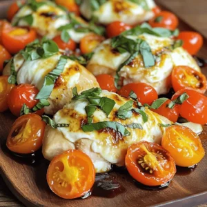- 4 boneless, skinless chicken breasts - 2 cups cherry tomatoes, halved - 8 oz fresh mozzarella cheese, sliced - 1/4 cup fresh basil leaves, chopped - 2 tablespoons balsamic vinegar - 2 tablespoons olive oil The main ingredients in this dish create a wonderful balance of flavors. The chicken serves as a hearty base, while cherry tomatoes add sweetness. Fresh mozzarella gives a creamy texture, and basil brings a fragrant touch. The olive oil and balsamic vinegar add richness and acidity. - 1 teaspoon garlic powder - 1 teaspoon onion powder - Salt and pepper to taste These spices are key to elevating the dish. Garlic powder and onion powder infuse the chicken with savory notes. Salt and pepper enhance all the flavors, ensuring every bite is tasty. - Additional basil - Balsamic glaze Garnishes can make your meal look stunning. Adding more basil creates a fresh pop of green. A drizzle of balsamic glaze adds a sweet finish that elevates the dish visually and flavor-wise. For the full recipe, check out the complete details on how to prepare this easy baked Caprese chicken. First, gather your ingredients. You will need olive oil, balsamic vinegar, garlic powder, onion powder, salt, and pepper. In a small bowl, mix the olive oil and balsamic vinegar. Next, add garlic powder and onion powder. Season with salt and pepper. Stir until everything blends well. This marinade adds great flavor to the chicken. Preheat your oven to 400°F (200°C). Place the chicken breasts in a baking dish. Pour the marinade over the chicken. Make sure each piece gets coated. Scatter the cherry tomatoes around the chicken. Bake the chicken in the oven for 20 minutes. After 20 minutes, take the dish out. Layer the sliced mozzarella on top of each chicken breast. Return the dish to the oven. Bake for another 10 minutes, or until the cheese melts and the chicken reaches 165°F (75°C). Once the chicken is done, take it out of the oven. Let the chicken rest for a few minutes. This step helps the juices soak in. Finally, sprinkle fresh basil on top for a burst of flavor. Serve it warm with the roasted tomatoes. Enjoy your delicious, easy baked Caprese chicken! For the full recipe, check out the section above. To make sure your chicken cooks well, the right temperature is key. The chicken should reach 165°F (75°C) inside. This ensures it is safe to eat. Use a meat thermometer to check. Insert it into the thickest part of the chicken. If you don’t have one, slice into the chicken. The meat should be white, not pink. This gives you the best result for your baked caprese chicken. You can tweak the marinade to fit your taste. Want more tang? Add extra balsamic vinegar. If you love garlic, increase the garlic powder. You can also try adding herbs like oregano or thyme. This gives your dish a unique twist. Feel free to mix and match until it feels just right. Cooking should be fun and personal! How you serve your meal matters. For a beautiful plate, place each chicken breast on a bed of roasted cherry tomatoes. This adds a pop of color and flavor. Drizzle some extra balsamic vinegar on top for shine. Finally, sprinkle fresh basil leaves around the plate for a lovely finish. A well-presented dish makes every meal special. You can find the full recipe to get started! {{image_2}} You can easily swap ingredients to fit your taste. Instead of fresh mozzarella, try using feta or ricotta. These cheeses give a different flavor but still taste great. Want to add more color? Use bell peppers or zucchini along with the cherry tomatoes. They cook well and add nutrition. If you need a gluten-free meal, this recipe is already safe. Just make sure your ingredients are gluten-free. For a low-carb option, skip the balsamic vinegar or use a sugar-free version. This keeps the dish tasty while fitting your diet. To mix up the flavors, add some spices. Italian seasoning works well. You can also try a dash of paprika for a smoky taste. For a twist, marinate the chicken in lemon juice and herbs. This adds a fresh kick to your meal. To keep your Easy Baked Caprese Chicken fresh, first let it cool. Place the leftovers in an airtight container. Make sure to seal it well to prevent air from getting in. Store the container in the refrigerator. This keeps the chicken juicy and full of flavor. You can freeze Baked Caprese Chicken if you want to save it for later. Wrap each piece tightly in plastic wrap and then place them in a freezer bag. Squeeze out as much air as you can. When you are ready to eat, take it out and thaw it in the fridge overnight. For reheating, you can use the oven or microwave. If using the oven, preheat it to 350°F (175°C). Place the chicken in a baking dish and cover it with foil. Bake for about 20 minutes or until it's hot. For the microwave, heat on medium power for 2-3 minutes. Check if it's warm all the way through. In the fridge, your Easy Baked Caprese Chicken lasts about 3-4 days. If you freeze it, it can last up to 3 months. Just remember, the longer it sits, the more it loses flavor. So, enjoy it while it's fresh! You should bake the chicken for 30 minutes total. Start by baking it for 20 minutes without cheese. Then, add the mozzarella and bake for 10 more minutes. This helps the cheese melt nicely. Always check the chicken's internal temperature. It should reach 165°F (75°C) for safety. Yes! You can use other veggies if you want. Zucchini, bell peppers, or even spinach work great. Just chop them up and add them around the chicken. They will roast nicely and add flavor. Feel free to mix and match based on what you have at home. This dish pairs well with many sides. You can serve it with a fresh salad or garlic bread. Rice or quinoa also complement the chicken nicely. For a lighter option, try steamed veggies. Each side adds a tasty touch to your meal. This blog post covered how to make tasty Baked Caprese Chicken. We explored the key ingredients, from chicken and tomatoes to mozzarella and basil. I guided you through simple steps for preparation and baking. We also shared tips for perfecting and presenting your dish, plus easy variations to fit your needs. Remember, cooking is about enjoying the process and experimenting. With these tools, you can create a delightful meal. Keep these tips in mind, and your Baked Caprese Chicken will shine. Enjoy your cooking!