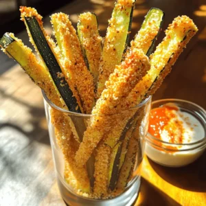 - 3 medium zucchinis, cut into thin strips - 1 cup breadcrumbs (preferably panko for extra crunch) - 1/2 cup grated Parmesan cheese - 1 teaspoon garlic powder - 1 teaspoon onion powder - 1/2 teaspoon smoked paprika - Salt and pepper, to taste - 2 large eggs, beaten - Olive oil spray You need these simple ingredients for baked zucchini fries. Each ingredient plays an important role. Zucchinis are the star. They provide a fresh and mild taste. The breadcrumbs give that needed crunch. I prefer panko because it makes the fries extra crispy. Parmesan adds a salty and nutty flavor that blends well with the spices. Garlic powder and onion powder bring warmth and depth. Smoked paprika adds a hint of smokiness, enhancing the flavor profile. Seasoning with salt and pepper rounds everything out. The eggs help the breadcrumbs stick, ensuring a perfect coating. - Calories per serving: Approximately 150 - Breakdown of macronutrients: - Protein: 6g - Carbohydrates: 15g - Fat: 7g These baked zucchini fries are a healthy snack option. They are low in calories and high in flavor. You can enjoy them guilt-free while satisfying your cravings. - Baking sheet - Parchment paper - 2 mixing bowls - Oven Gather these tools before you start cooking. A baking sheet is essential for even baking. Parchment paper makes cleanup easy and prevents sticking. Use two mixing bowls: one for the eggs and one for the breadcrumb mixture. Finally, an oven will bake your fries to golden perfection. For the full recipe, check out the detailed instructions included in this article. - Preheat the oven to 425°F (220°C). - Cut the zucchinis into thin strips. Start by making sure your oven is hot. This helps the fries get crispy. Take your zucchinis and slice them carefully into thin strips. Each piece should be about the size of a finger. This size helps them cook evenly and get that great crunch we all love. - Combine breadcrumbs, Parmesan, and spices in a bowl. - Set up a dredging station with eggs and breadcrumb mixture. Next, grab a bowl and mix the breadcrumbs, grated Parmesan, garlic powder, onion powder, smoked paprika, salt, and pepper. Stir well so the spices spread out. Now, set up a dredging station. In one bowl, put your beaten eggs. In another bowl, place the breadcrumb mixture. This makes it easy to coat the zucchini. - Dip zucchini strips in beaten eggs. - Coat with breadcrumb mixture. Now, take a zucchini strip and dip it into the egg bowl. Make sure it gets fully covered. Let any extra egg drip off. Next, roll the zucchini in the breadcrumb mix. Press it down a bit to help the crumbs stick. Repeat this for all the zucchini strips. Each fry should be well covered for extra crunch. - Arrange on a baking sheet. - Lightly spray with olive oil. - Bake for 20-25 minutes and flip halfway. After coating, lay the zucchini fries on a baking sheet. Make sure they are in a single layer, with space between them. This helps them cook evenly. Lightly spray the tops with olive oil. This helps them brown nicely. Bake in your hot oven for 20-25 minutes. Remember to flip them halfway for even cooking. When they are golden brown, they are ready to eat! For the complete recipe, check out the full recipe section. To get that perfect crunch, use panko breadcrumbs. They are light and airy. This type of breadcrumb helps create a crispy layer that holds up well. Also, make sure to coat your zucchini strips properly. Dip each strip in the beaten egg first. Let the excess egg drip off before coating it with breadcrumbs. This way, the coating sticks better, and you get a crispier fry. You can easily boost the flavor of your zucchini fries. Try adding more spices to the breadcrumb mix. Some great options are cayenne for heat or Italian herbs for a fresh twist. For dipping sauces, marinara is a classic choice. You can also serve them with ranch or garlic aioli. These flavors pair well with the crispiness of the fries. These fries make a fun snack or side dish. Serve them at parties, game days, or family dinners. They are great as an appetizer or a side with sandwiches. You can also pair them with a fresh salad or grilled meats for a complete meal. The contrast of crispy fries and juicy proteins makes every bite enjoyable. {{image_2}} You can switch up the coating to fit your needs. If you want a gluten-free option, use almond flour or crushed cornflakes instead of breadcrumbs. They give great crunch and flavor! For a vegan twist, skip the eggs and use a mix of ground flaxseed and water. This mixture helps the coating stick well to the zucchini. Mixing in other veggies adds fun and color. Try slicing carrots or bell peppers into fries. This will change the look and taste of your dish. You can also use eggplant or sweet potatoes for a sweeter flavor. Each type of veggie brings its own texture, making your snack more interesting. Don't be afraid to spice things up! Add cayenne pepper or chili powder for heat. This brings a bold kick to every bite. You can also mix in dried herbs like oregano or thyme for a fresh taste. These little tweaks can turn your fries into a whole new dish. Enjoy playing with flavors! To store baked zucchini fries in the fridge, let them cool first. Place the fries in an airtight container. This keeps them fresh for a few days. I suggest eating them within 3 days for the best taste. When you reheat, use the oven for crispness. Set it to 375°F (190°C) and bake for about 10 minutes. This warms them up well and helps restore that crispy texture. Yes, you can freeze zucchini fries! It's a great way to save extra fries. After baking, let them cool completely. Then, lay them out on a baking sheet in a single layer. Freeze them until solid, about 1-2 hours. Once frozen, transfer them to a freezer bag. They can last up to 3 months in the freezer. To reheat, bake them straight from the freezer. Preheat the oven to 425°F (220°C) and bake for 15-20 minutes. Baked zucchini fries last about 3 to 4 days in the fridge. If you notice any mushiness or off smells, throw them out. Signs of spoilage include discoloration or a slimy texture. Always check before eating leftovers to stay safe. Yes, you can use different cheeses. Try mozzarella for a mild taste. Cheddar adds sharpness, while feta gives a briny kick. Each cheese changes the fries' flavor and texture. A mix of cheeses can also work well. Just remember to adjust the amount based on your choice. To make the fries extra crispy, use panko breadcrumbs. They are lighter and crunchier than regular ones. Make sure to coat the zucchini well with the egg and breadcrumbs. This helps create a thick crust. Lightly spraying olive oil on top before baking also helps. Baking at the right temperature is key. Keep an eye on them and flip halfway for even crispiness. Baked zucchini fries pair well with many dips. Marinara sauce adds a nice tomato flavor. Ranch dressing gives a creamy touch. You can also try spicy aioli or garlic dip for a twist. For a complete meal, serve them alongside grilled chicken or a fresh salad. They make a great side or appetizer at parties. For the full recipe, check out Crispy Baked Zucchini Fries 🥒. It includes every detail to make this tasty snack. You now know how to make crispy baked zucchini fries. We covered ingredients, tools, and cooking steps. I shared tips for flavor and storage too. These fries are versatile and easy to tweak. Try out different coatings and spices to find your favorite. Enjoy these delicious fries as a side or snack. They are healthy and fun to make. Get creative and have some tasty fun in the kitchen!