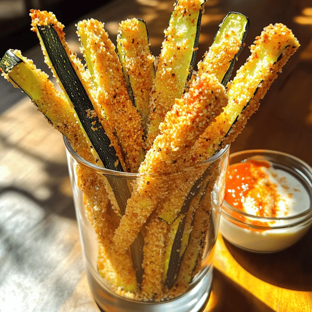 - 3 medium zucchinis, cut into thin strips - 1 cup breadcrumbs (preferably panko for extra crunch) - 1/2 cup grated Parmesan cheese - 1 teaspoon garlic powder - 1 teaspoon onion powder - 1/2 teaspoon smoked paprika - Salt and pepper, to taste - 2 large eggs, beaten - Olive oil spray You need these simple ingredients for baked zucchini fries. Each ingredient plays an important role. Zucchinis are the star. They provide a fresh and mild taste. The breadcrumbs give that needed crunch. I prefer panko because it makes the fries extra crispy. Parmesan adds a salty and nutty flavor that blends well with the spices. Garlic powder and onion powder bring warmth and depth. Smoked paprika adds a hint of smokiness, enhancing the flavor profile. Seasoning with salt and pepper rounds everything out. The eggs help the breadcrumbs stick, ensuring a perfect coating. - Calories per serving: Approximately 150 - Breakdown of macronutrients: - Protein: 6g - Carbohydrates: 15g - Fat: 7g These baked zucchini fries are a healthy snack option. They are low in calories and high in flavor. You can enjoy them guilt-free while satisfying your cravings. - Baking sheet - Parchment paper - 2 mixing bowls - Oven Gather these tools before you start cooking. A baking sheet is essential for even baking. Parchment paper makes cleanup easy and prevents sticking. Use two mixing bowls: one for the eggs and one for the breadcrumb mixture. Finally, an oven will bake your fries to golden perfection. For the full recipe, check out the detailed instructions included in this article. - Preheat the oven to 425°F (220°C). - Cut the zucchinis into thin strips. Start by making sure your oven is hot. This helps the fries get crispy. Take your zucchinis and slice them carefully into thin strips. Each piece should be about the size of a finger. This size helps them cook evenly and get that great crunch we all love. - Combine breadcrumbs, Parmesan, and spices in a bowl. - Set up a dredging station with eggs and breadcrumb mixture. Next, grab a bowl and mix the breadcrumbs, grated Parmesan, garlic powder, onion powder, smoked paprika, salt, and pepper. Stir well so the spices spread out. Now, set up a dredging station. In one bowl, put your beaten eggs. In another bowl, place the breadcrumb mixture. This makes it easy to coat the zucchini. - Dip zucchini strips in beaten eggs. - Coat with breadcrumb mixture. Now, take a zucchini strip and dip it into the egg bowl. Make sure it gets fully covered. Let any extra egg drip off. Next, roll the zucchini in the breadcrumb mix. Press it down a bit to help the crumbs stick. Repeat this for all the zucchini strips. Each fry should be well covered for extra crunch. - Arrange on a baking sheet. - Lightly spray with olive oil. - Bake for 20-25 minutes and flip halfway. After coating, lay the zucchini fries on a baking sheet. Make sure they are in a single layer, with space between them. This helps them cook evenly. Lightly spray the tops with olive oil. This helps them brown nicely. Bake in your hot oven for 20-25 minutes. Remember to flip them halfway for even cooking. When they are golden brown, they are ready to eat! For the complete recipe, check out the full recipe section. To get that perfect crunch, use panko breadcrumbs. They are light and airy. This type of breadcrumb helps create a crispy layer that holds up well. Also, make sure to coat your zucchini strips properly. Dip each strip in the beaten egg first. Let the excess egg drip off before coating it with breadcrumbs. This way, the coating sticks better, and you get a crispier fry. You can easily boost the flavor of your zucchini fries. Try adding more spices to the breadcrumb mix. Some great options are cayenne for heat or Italian herbs for a fresh twist. For dipping sauces, marinara is a classic choice. You can also serve them with ranch or garlic aioli. These flavors pair well with the crispiness of the fries. These fries make a fun snack or side dish. Serve them at parties, game days, or family dinners. They are great as an appetizer or a side with sandwiches. You can also pair them with a fresh salad or grilled meats for a complete meal. The contrast of crispy fries and juicy proteins makes every bite enjoyable. {{image_2}} You can switch up the coating to fit your needs. If you want a gluten-free option, use almond flour or crushed cornflakes instead of breadcrumbs. They give great crunch and flavor! For a vegan twist, skip the eggs and use a mix of ground flaxseed and water. This mixture helps the coating stick well to the zucchini. Mixing in other veggies adds fun and color. Try slicing carrots or bell peppers into fries. This will change the look and taste of your dish. You can also use eggplant or sweet potatoes for a sweeter flavor. Each type of veggie brings its own texture, making your snack more interesting. Don't be afraid to spice things up! Add cayenne pepper or chili powder for heat. This brings a bold kick to every bite. You can also mix in dried herbs like oregano or thyme for a fresh taste. These little tweaks can turn your fries into a whole new dish. Enjoy playing with flavors! To store baked zucchini fries in the fridge, let them cool first. Place the fries in an airtight container. This keeps them fresh for a few days. I suggest eating them within 3 days for the best taste. When you reheat, use the oven for crispness. Set it to 375°F (190°C) and bake for about 10 minutes. This warms them up well and helps restore that crispy texture. Yes, you can freeze zucchini fries! It's a great way to save extra fries. After baking, let them cool completely. Then, lay them out on a baking sheet in a single layer. Freeze them until solid, about 1-2 hours. Once frozen, transfer them to a freezer bag. They can last up to 3 months in the freezer. To reheat, bake them straight from the freezer. Preheat the oven to 425°F (220°C) and bake for 15-20 minutes. Baked zucchini fries last about 3 to 4 days in the fridge. If you notice any mushiness or off smells, throw them out. Signs of spoilage include discoloration or a slimy texture. Always check before eating leftovers to stay safe. Yes, you can use different cheeses. Try mozzarella for a mild taste. Cheddar adds sharpness, while feta gives a briny kick. Each cheese changes the fries' flavor and texture. A mix of cheeses can also work well. Just remember to adjust the amount based on your choice. To make the fries extra crispy, use panko breadcrumbs. They are lighter and crunchier than regular ones. Make sure to coat the zucchini well with the egg and breadcrumbs. This helps create a thick crust. Lightly spraying olive oil on top before baking also helps. Baking at the right temperature is key. Keep an eye on them and flip halfway for even crispiness. Baked zucchini fries pair well with many dips. Marinara sauce adds a nice tomato flavor. Ranch dressing gives a creamy touch. You can also try spicy aioli or garlic dip for a twist. For a complete meal, serve them alongside grilled chicken or a fresh salad. They make a great side or appetizer at parties. For the full recipe, check out Crispy Baked Zucchini Fries 🥒. It includes every detail to make this tasty snack. You now know how to make crispy baked zucchini fries. We covered ingredients, tools, and cooking steps. I shared tips for flavor and storage too. These fries are versatile and easy to tweak. Try out different coatings and spices to find your favorite. Enjoy these delicious fries as a side or snack. They are healthy and fun to make. Get creative and have some tasty fun in the kitchen!