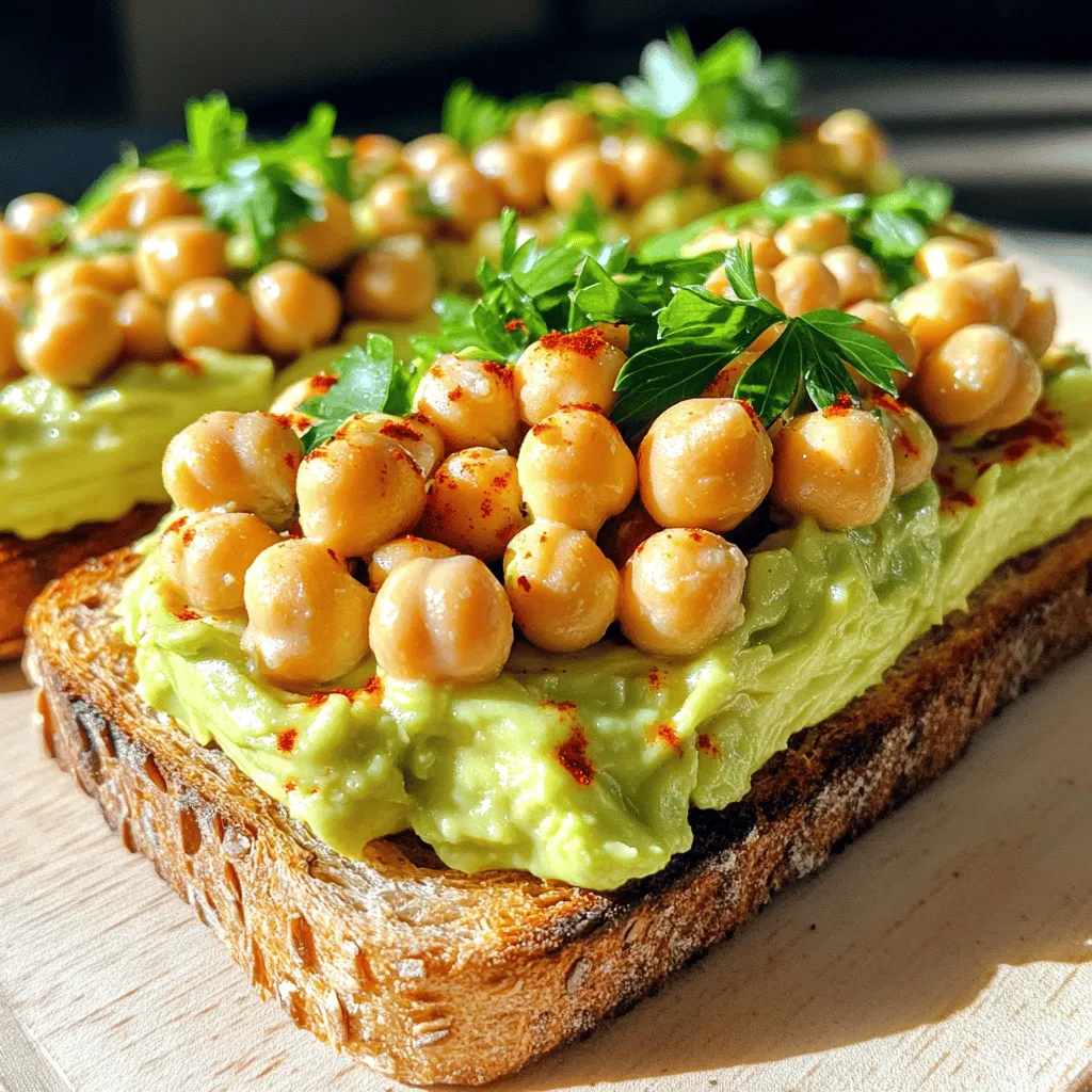 A quick lunch idea is simple and fast to make. You can prepare it in about ten minutes. Key factors include easy-to-find ingredients and minimal cooking time. For example, using canned chickpeas saves time. You can mix them right into your dish. Quick lunch ideas let you focus on flavors without wasting time. Ten-minute lunches keep you energized and ready for the day. They help you stay on schedule. You don’t have to spend hours cooking. This gives you more time for other tasks. Quick meals also reduce stress. You can enjoy a tasty meal without rushing. Plus, they often include healthy ingredients. This helps you maintain a balanced diet. Busy days call for easy recipes. Quick meals save you from fast food or takeout. They let you eat well even when life is hectic. I love making Zesty Chickpea Avocado Toast when I’m short on time. It’s nutritious and filling. You can have it ready in just ten minutes. This way, you can stay focused on your day without losing your lunch break. To make zesty chickpea avocado toast, you need: - 1 can (15 oz) chickpeas, drained and rinsed - 1 ripe avocado - 1 tablespoon tahini - 1 tablespoon lemon juice - 1 teaspoon garlic powder - 1 teaspoon cumin - Salt and pepper to taste - 2 slices whole grain bread These ingredients give you a tasty and filling meal. Chickpeas add protein and fiber. Avocado brings creaminess and healthy fats. For a fresh touch, you can use: - Fresh parsley, chopped - Red pepper flakes (optional, for heat) These garnishes add color and flavor. The parsley gives a nice crunch. Red pepper flakes can spice things up if you like heat. You can swap some ingredients if you have diet needs. For a vegan option, the recipe is already vegan. If you need gluten-free, use gluten-free bread. You can replace tahini with hummus for a different taste. Feel free to get creative! Cooking should be fun and suit your taste. For the full recipe, check the provided details. First, take a can of chickpeas. Drain and rinse them well. This helps remove any extra salt or liquid. In a mixing bowl, add the chickpeas. Use a fork to mash them gently. You want them to stay a bit chunky. This gives your toast a nice texture. Next, grab a ripe avocado. Cut it in half and remove the pit. Scoop the green flesh into another bowl. Mash it with a fork until smooth. Mix in tahini, lemon juice, garlic powder, and cumin. Add salt and pepper to taste. This gives the avocado a zesty flavor. Now, toast your slices of whole grain bread. Make them golden and crispy. Spread the mashed avocado on each slice. Then, add the mashed chickpeas on top. Press them down gently so they stick. Garnish with fresh parsley and red pepper flakes if you like heat. Serve your Zesty Chickpea Avocado Toast right away for a quick, tasty lunch. Enjoy your meal! {{image_2}} To get the best texture, toast your bread well. I like it golden brown. This gives a nice crunch. Use whole grain bread for extra flavor and nutrients. If you like it softer, try less toasting. You want a balance between crispy and soft. For a burst of flavor, add fresh herbs. Parsley works well on top. You can also sprinkle some red pepper flakes for heat. A dash of hot sauce can add a kick, too. Experiment with spices like smoked paprika or even a drizzle of balsamic glaze. To save time, prep your ingredients ahead. Rinse and drain chickpeas the night before. You can also mash the avocado in advance. Just mix a bit of lemon juice in to keep it fresh. Keep your bread in the freezer. Toasting frozen bread saves you a minute. This all makes your lunch quick and easy. Try these tips with the Full Recipe for Zesty Chickpea Avocado Toast! You can change up the spread on your toast to keep things fun. Try hummus for a creamy twist. Or use Greek yogurt mixed with herbs for a tangy taste. You can also spread some pesto for a fresh flavor. Each spread brings a new experience to your meal. Adding protein can make your lunch even better. Grilled chicken slices or turkey work well. If you like seafood, try topping with smoked salmon. For a plant-based option, add some hemp seeds or sunflower seeds. These options boost flavor and keep you full longer. Staying vegan? No problem! Use a nut-based cream cheese instead of yogurt. You can also add sliced radishes or cucumbers for extra crunch. Roasted chickpeas can add a nice touch too. They give a satisfying crunch and pack more protein. Enjoy your Zesty Chickpea Avocado Toast with these fun twists! For the full recipe, check out the Zesty Chickpea Avocado Toast. To make the Zesty Chickpea Avocado Toast gluten-free, simply swap the bread. Use gluten-free bread or rice cakes instead. Both options hold the toppings well and add a nice crunch. Check labels to ensure they meet your needs. Gluten-free bread can taste just as good and gives you a quick meal. Yes, you can prepare parts of the Zesty Chickpea Avocado Toast ahead of time. You can mash the chickpeas and avocado the night before. Store them in airtight containers in the fridge. Just keep the bread separate. Toast the bread fresh before serving. This keeps it crispy and tasty. Here are a few more quick lunch ideas you might enjoy: - Hummus and Veggies: Pair store-bought hummus with carrot sticks and cucumber slices. - Greek Yogurt Parfait: Layer yogurt, granola, and berries in a bowl. - Quesadilla: Fill a tortilla with cheese, fold, and heat on the stove. - Salad Wraps: Use lettuce leaves to wrap turkey, cheese, and veggies. These options are quick, easy, and satisfying! Quick lunch ideas can save your day. We discussed making Zesty Chickpea Avocado Toast in ten minutes. You learned how to prepare the chickpeas and mash the avocado. Tips and tricks help you perfect your toast and add flavor. Remember, quick recipes fit busy lives. Feel free to try new spreads or protein options. With these easy steps, you can enjoy healthy meals without the stress. Keep exploring quick lunches that work for you!