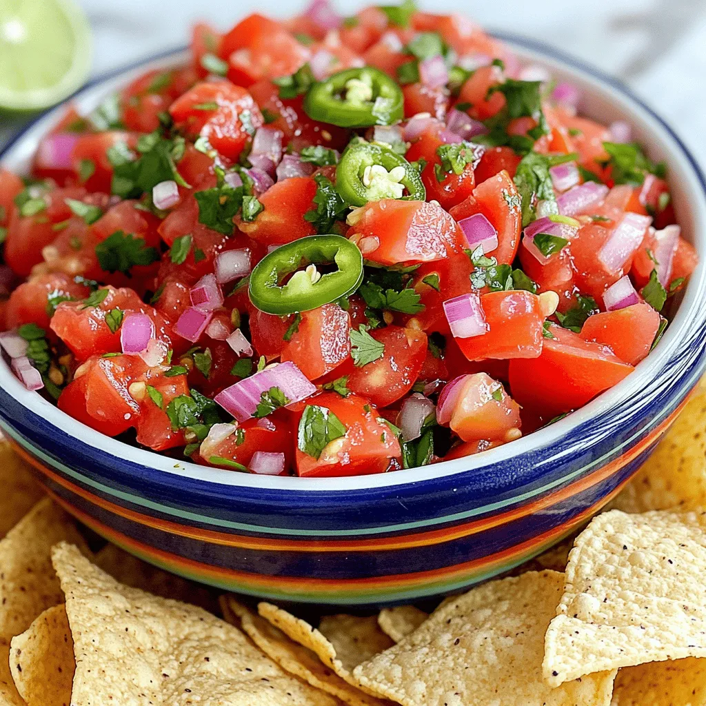 For my Easy No Peel Salsa, you need simple, fresh items. Here’s what to gather: - 4 large ripe tomatoes, chopped - 1 small red onion, finely chopped - 1 jalapeño pepper, seeds removed and minced - 1/4 cup fresh cilantro, chopped - 2 cloves garlic, minced - Juice of 2 limes - 1 teaspoon ground cumin - Salt to taste - 1/2 teaspoon black pepper - 1 tablespoon olive oil (optional) Fresh produce makes the best salsa. I love ripe tomatoes for their juicy flavor. Red onions add sweetness and crunch. Jalapeños give a nice kick. The cilantro brings a fresh taste. Garlic adds depth. Lastly, lime juice brightens everything up. You can add more flavor with a few extras. Try including a pinch of sugar to balance the acid. If you like heat, add more jalapeño or some diced serrano peppers. For a smoky touch, mix in some smoked paprika. Each change makes the salsa unique. These options help you customize to your taste. You can find the full recipe above to guide your cooking. Start by gathering all your fresh ingredients. You need four large ripe tomatoes, one small red onion, and one jalapeño pepper. Chop the tomatoes into small pieces. Finely chop the red onion. Remove the seeds from the jalapeño and mince it carefully. Make sure to wash all your produce first. This step ensures your salsa stays fresh and clean. In a large mixing bowl, combine the chopped tomatoes and red onion. Next, add the minced jalapeño, chopped cilantro, and minced garlic. Squeeze the juice of two limes over the mix. Be careful to catch any seeds. Now, sprinkle in one teaspoon of ground cumin, salt to taste, and half a teaspoon of black pepper. If you want a richer taste, drizzle in one tablespoon of olive oil. Gently toss all the ingredients together until they are well mixed. Adjust the seasoning to your liking. Let your salsa sit for at least 15 minutes before serving. This wait time helps the flavors meld together, creating a tasty blend. You can taste it after the wait and adjust the seasoning if needed. If you like a kick, add more jalapeño. For a sweeter note, try adding diced mango or pineapple. Trust me, these small tweaks can make a big difference! For the full recipe, check out the complete instructions above. To keep your salsa fresh, use ripe tomatoes. They add great flavor. Check for a firm feel and a deep color. Store your salsa in a sealed container. This helps keep air out. Let it rest for 15 minutes before serving. This step helps the flavors mix well. If you want more heat, add more jalapeño. You can also use a pinch of cayenne. For less spice, remove all seeds from the jalapeño. Taste as you go and adjust. This way, you find the heat that suits you best. Avoid over-mixing your salsa. Too much mixing can make it mushy. Use fresh ingredients for the best taste. Don’t skip the lime juice; it brightens the flavors. Make sure to season well but taste first. Too much salt can ruin the dish. For more tips, check the Full Recipe. {{image_2}} You can make this salsa even better by adding fruits and veggies. Try diced mango or pineapple for a sweet twist. These fruits add a fun flavor to your salsa. You can also mix in bell peppers for crunch. They bring color and taste to the dish. Chopped cucumbers add freshness and a nice crunch too. Adjust the heat to fit your taste. If you like it hot, add more jalapeños. You can also try serrano peppers for extra spice. Want a milder salsa? Remove the seeds from the jalapeño. You can even use sweet peppers instead. For a smoky flavor, add a bit of chipotle powder. This gives your salsa a unique kick. You can adapt this salsa for different diets. If you're gluten-free, this recipe is safe for you. Just make sure your chips are also gluten-free. For low-carb diets, skip the chips. Serve the salsa with sliced veggies instead. If you’re vegan, this recipe is perfect as it is. You can also make it without salt for a low-sodium option. Just taste as you go! Check out the Full Recipe for more details on making this easy salsa. To keep your easy no peel salsa fresh, store it in an airtight container. Glass jars work well, as they do not absorb odors. Make sure to fill the container to the top to limit air exposure. This helps keep the flavors vibrant and prevents spoilage. When stored correctly, your salsa will last up to 5 days in the fridge. After that, it may start to lose its fresh taste. If you notice any changes in color or smell, it's best to toss it. Always trust your senses when it comes to food safety. You can freeze no peel salsa for up to 3 months. Use freezer-safe bags or containers, leaving some space for expansion. Thaw it in the fridge overnight when you’re ready to use it. The texture may change, but the taste will still be great. Enjoy your homemade salsa whenever you need it! For the full recipe, check out the Easy No Peel Salsa section. Yes, you can use canned tomatoes. Choose a brand with no added sugar or salt. Canned tomatoes save time and still taste good. They can make your salsa smooth and rich. If you use canned tomatoes, drain them first. This prevents your salsa from getting too watery. You might want to adjust the spices a bit. Taste it as you mix! Your Easy No Peel Salsa will last about 3 to 5 days in the fridge. Keep it in an airtight container to keep it fresh. If you see any water pooling on top, stir it before serving. This helps bring back the flavor. Always check for any change in smell or color. If it doesn't smell right, throw it out. You want to enjoy fresh salsa! This salsa pairs well with many dishes. You can serve it with tortilla chips for a tasty snack. It also makes a great topping for tacos or grilled chicken. Try it with scrambled eggs for breakfast. You can even mix it into a salad for extra flavor. The options are endless! Get creative and enjoy your salsa in different ways. This blog post covered how to make easy no-peel salsa. We explored the main ingredients, like fresh produce, and optional flavor boosts. I shared step-by-step instructions to mix and enhance your salsa. Tips on freshness, spice levels, and common mistakes helped you get it right. We even looked at fun variations and proper storage techniques. Finally, the FAQs answered your burning questions. Now, you can enjoy delicious salsa that fits your taste and needs. Dive in and start creating your own perfect dish today!