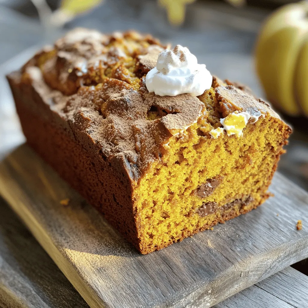 To make Libby’s Pumpkin Bread, gather these simple ingredients. Each one adds to the rich flavor and texture. - 1 ¾ cups all-purpose flour - 1 teaspoon baking soda - ½ teaspoon baking powder - ½ teaspoon salt - 1 teaspoon ground cinnamon - ½ teaspoon ground nutmeg - ½ teaspoon ground ginger - 1 can (15 oz) Libby’s Pure Pumpkin - 1 cup granulated sugar - ½ cup brown sugar, packed - ½ cup vegetable oil - 4 large eggs - 1 teaspoon vanilla extract - 1 cup chopped nuts (optional) - 1 cup chocolate chips (optional) These ingredients blend to create a moist and flavorful bread. The spices add warmth, while Libby’s Pumpkin provides a lovely base. You can add nuts or chocolate chips for extra fun. This recipe is easy and perfect for sharing. 1. Start by preheating your oven to 350°F (175°C). This step is key for even baking. Next, take a 9x5 inch loaf pan. Grease it well or line it with parchment paper. This helps the bread come out easily after baking. 2. In a medium bowl, mix your dry ingredients. Combine 1 ¾ cups of all-purpose flour, 1 teaspoon of baking soda, ½ teaspoon of baking powder, and ½ teaspoon of salt. Add in 1 teaspoon of ground cinnamon, ½ teaspoon of ground nutmeg, and ½ teaspoon of ground ginger. Whisk these together until they are well mixed. Set this bowl aside for later. 3. In a large bowl, it’s time to mix your wet ingredients. Pour in 1 can (15 oz) of Libby’s Pure Pumpkin. Add 1 cup of granulated sugar and ½ cup of brown sugar. Then, add ½ cup of vegetable oil to this mix. Stir these until they blend well. 4. Crack 4 large eggs into the pumpkin mixture, adding them one by one. Mix well after each egg. Then, add 1 teaspoon of vanilla extract. Keep stirring until the mixture is smooth and creamy. 5. Now, it's time to bring the dry and wet mixtures together. Gradually add the dry ingredient bowl to the pumpkin bowl. Stir gently until just combined. Be careful not to overmix; a few lumps are okay. 6. If you want to add some crunch or sweetness, fold in 1 cup of chopped nuts or chocolate chips at this stage. This step is optional but adds great flavor. 7. Pour the batter into your prepared loaf pan. Use a spatula to smooth the top evenly. 8. Place the pan in your preheated oven. Bake for 60-70 minutes. You will know it’s done when a toothpick inserted in the center comes out clean. 9. Once baked, let the bread cool in the pan for about 10 minutes. Then, transfer it to a wire rack to cool completely. Take a moment to enjoy the aroma filling your kitchen. This bread is not just a treat; it's an experience. For more details, check the Full Recipe. - Ensuring the right oven temperature: Always preheat your oven to 350°F (175°C). This step is key to getting that perfect rise. If your oven runs hot or cold, use an oven thermometer to check. - Checking for doneness with a toothpick: Insert a toothpick into the center of the bread. If it comes out clean or with a few crumbs, your bread is ready. If it’s wet, bake for a few more minutes. - Folding in mix-ins for texture: If you want to add nuts or chocolate chips, do it gently. Overmixing can make your bread tough. Just fold them in until they are evenly distributed. - How to store leftover pumpkin bread: Let the bread cool completely first. Wrap it tightly in plastic wrap or aluminum foil. You can keep it at room temperature for about three days. - Best ways to freeze for later use: For longer storage, slice the bread and wrap each slice in plastic wrap. Place the slices in a freezer bag. This way, you can grab a slice anytime. It will last for up to three months in the freezer. {{image_2}} You can make Libby’s Pumpkin Bread even more special by adding flavors. Try mixing in spices like allspice or cloves. You can also use vanilla or almond extract for a new twist. These small changes can create a big taste difference. Want some crunch? Add nuts! Chopped walnuts or pecans work well. If you love chocolate, toss in some chocolate chips. They melt and blend beautifully with the pumpkin. You can even use white chocolate or dark chocolate for a unique flavor. If you need a gluten-free option, swap the all-purpose flour for a gluten-free blend. Make sure it has a good binding agent, like xanthan gum. This way, your bread will still hold together well. Looking to make a vegan version? Replace the eggs with flaxseed meal. Mix 1 tablespoon of flaxseed with 3 tablespoons of water for each egg. Also, use a plant-based oil instead of vegetable oil. These simple swaps keep the bread tasty and friendly for all diets. For the complete recipe, check out the [Full Recipe]. Bakers love Libby’s Pumpkin Bread for its rich taste and moist texture. Many say it is easy to make, which keeps them coming back for more. Some bakers enjoy the warm spices that fill their kitchens as the bread bakes. Others mention how well it slices and presents beautifully on a platter. Some bakers suggest adding a pinch more cinnamon or nutmeg for extra flavor. Others recommend using half brown sugar and half white sugar for a deeper taste. You can also try adding a splash of maple syrup for a sweet twist. Pumpkin bread fans share many helpful tips. One popular tip is to let the bread sit overnight. This makes the flavors even better! Many also recommend serving it with cream cheese or butter for a tasty spread. As for drinks, pumpkin bread pairs well with coffee or chai tea. You might even try it with a scoop of vanilla ice cream for a dessert twist. For those who love fruit, slices of apple or pear go great with this bread too. Yes, you can use fresh pumpkin. Just cook and puree the pumpkin first. It must be smooth and thick. However, Libby’s pumpkin is easy and reliable. It gives great taste and texture. Check the bread with a toothpick. Insert it into the center. If it comes out clean, the bread is done. If it has batter on it, bake longer. Keep an eye on it after 60 minutes. You can serve many things with pumpkin bread. Try cream cheese spread for a rich flavor. A sprinkle of cinnamon or powdered sugar adds a sweet touch. You might also enjoy it with a warm drink, like apple cider or coffee. For the full recipe, check out Libby's Delightful Pumpkin Bread. It’s a sure hit! In this article, we explored the key ingredients, steps for baking, and useful tips for making pumpkin bread. I shared ideas for variations, storage options, and what other bakers think about the recipe. Now you're ready to create your own tasty pumpkin bread. Whether you stick to the classic method or try a variation, have fun with it! Enjoy each bite and share your delicious results!