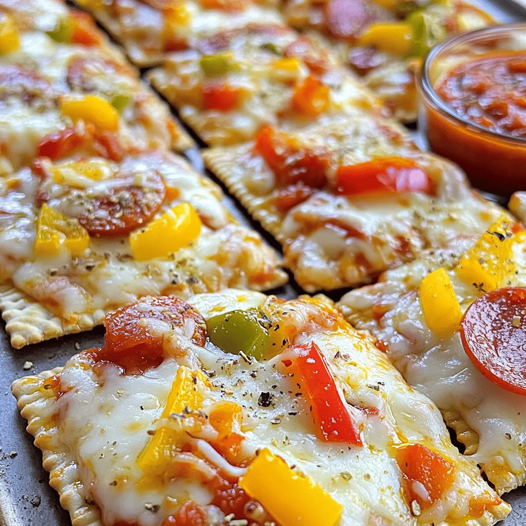 To make tasty DIY pizza crackers, you need these key ingredients: - 1 cup all-purpose flour - 1/4 cup grated Parmesan cheese - 1 teaspoon dried oregano - 1/2 teaspoon garlic powder - 1/2 teaspoon salt - 1/4 teaspoon black pepper - 1/3 cup water - 2 tablespoons olive oil - 1/2 cup shredded mozzarella cheese You can customize your pizza crackers with fun toppings. Here are some ideas: - Sliced pepperoni - Chopped bell peppers - Diced olives Feel free to get creative! Mix and match to find your favorite flavors. Don't have everything on hand? Here are some easy swaps: - Use whole wheat flour for a healthier option. - Try nutritional yeast instead of Parmesan for a vegan touch. - Swap garlic powder with fresh minced garlic for a bolder taste. These substitutes can help you make delicious pizza crackers with what you have at home. You can find the full recipe above for detailed steps on how to prepare them. First, I gather my ingredients. For this, I need: - 1 cup all-purpose flour - 1/4 cup grated Parmesan cheese - 1 teaspoon dried oregano - 1/2 teaspoon garlic powder - 1/2 teaspoon salt - 1/4 teaspoon black pepper - 1/3 cup water - 2 tablespoons olive oil Next, I preheat the oven to 375°F (190°C) and line a baking sheet with parchment paper. In a big bowl, I mix the flour, Parmesan, oregano, garlic powder, salt, and black pepper. I stir well to mix the dry items. In a separate bowl, I combine the water and olive oil. I add this mix slowly into the dry ingredients. I stir until a dough forms. If the dough feels sticky, I add a little more flour. Now, I place the dough on a floured surface and knead it for 2-3 minutes until it feels smooth. Then, I roll it out to about 1/8 inch thick. I transfer the rolled dough to my prepared baking sheet. Using a pizza cutter, I score the dough into squares or triangles. If I want to add some cheese, I sprinkle shredded mozzarella on top. I can also add toppings like sliced pepperoni or bell peppers if I’d like. After that, I bake the scored dough in the oven for 15-20 minutes. I watch for the edges to turn golden brown and crispy. Once baked, I take the tray out and let them cool for a few minutes. Then, I break apart the crackers along the scored lines. For serving, I love to pair these crackers with pizza sauce. It makes a great dip! You can also try other dips like marinara or ranch. These DIY pizza crackers are perfect for parties, movie nights, or just a snack. They are tasty, fun, and easy to make. For the full recipe, check out the earlier section. To make your pizza crackers crunchy, you need the right dough. Start with the right flour. Use all-purpose flour for a good base. Mix in grated Parmesan cheese for extra flavor and a nice bite. When you knead the dough, do it gently. Kneading too much can make it tough. Remember to roll the dough thin, about 1/8 inch thick. This helps it bake evenly. The thinner, the crunchier! When rolling out the dough, use a floured surface. This keeps it from sticking. A rolling pin works best, but you can use a wine bottle if you don’t have one. After rolling, use a pizza cutter or knife for cutting. Score your dough into shapes before baking. This makes it easy to break apart later. Try squares or triangles for fun shapes. Setting the right oven temperature is key. Preheat your oven to 375°F (190°C). This heat is perfect for crispy edges. Bake the crackers for 15 to 20 minutes. Keep an eye on them. They should be golden brown when done. If they are too pale, they might be chewy. Let them cool for a few minutes after baking. This helps them get crispier. For the full recipe, check the earlier section. {{image_2}} You can change the taste of your pizza crackers easily. For a classic Margherita flavor, add fresh basil or Italian seasoning. For a spicy kick, mix in crushed red pepper flakes. If you love BBQ, use BBQ sauce instead of pizza sauce. You can also try a Mexican twist with taco seasoning and cheese. These ideas let you explore many flavors! Making gluten-free pizza crackers is simple! Use almond flour or gluten-free flour instead of all-purpose flour. For a vegan version, swap the Parmesan cheese with nutritional yeast. You can also use plant-based cheese for topping. These swaps keep the fun flavors while meeting diet needs. Pair your pizza crackers with tasty dips to enhance your snack. Pizza sauce is a classic choice, but you can try marinara for a twist. Ranch dressing adds a creamy touch, while hummus gives a healthy option. For a fun mix, serve with a cheese dip or guacamole. These pairings make your snack even more enjoyable! To keep your leftover pizza crackers fresh, place them in an airtight container. This helps prevent them from becoming soft or stale. If you have a lot left, separate layers with parchment paper. This way, they don’t stick together. Store them at room temperature for easy access during snack time. When you want to enjoy your pizza crackers again, reheating is key. Preheat your oven to 350°F (175°C). Spread the crackers on a baking sheet in a single layer. Heat them for about 5-10 minutes. This method keeps them crispy and tasty, just like when they were fresh. If you want to keep your pizza crackers longer, they can last up to a week at room temperature. For longer storage, freeze them in a sealed bag. They can last up to three months this way. When you’re ready to eat, simply thaw them in the fridge overnight, then reheat as needed. Enjoy every bite of your tasty snack! Yes, you can use whole wheat flour. It gives a nutty flavor. The texture may be denser and heartier. You might need to add a little more water for the dough. Whole wheat flour is a healthy choice. It adds fiber to your snack. Just keep in mind that it will change the overall taste. You can serve these crackers with pizza sauce. It makes a great dip. Other options include ranch dressing or marinara sauce. You can also pair them with cheese or a fresh salad. They work well at parties or family gatherings. They are fun and tasty for kids, too. Try adding some sliced veggies for a crunch. Yes, you can bake them in an air fryer. Preheat your air fryer to 375°F (190°C). Cut the dough into cracker shapes, like in the oven method. Place them in a single layer in the air fryer basket. Cook for about 8-10 minutes. Check for a golden color and crispiness. Enjoy your crunchy snack without heating the whole oven! Making DIY pizza crackers is fun and easy. You learned about essential ingredients, optional toppings, and tasty substitutes. We covered the dough preparation, scoring, and baking. You now have handy tips for perfect texture and rolling. You explored flavor variations, including gluten-free options and pairing ideas. Lastly, we discussed storage and FAQs to boost your confidence. Enjoy your homemade crackers with your favorite dips and toppings!