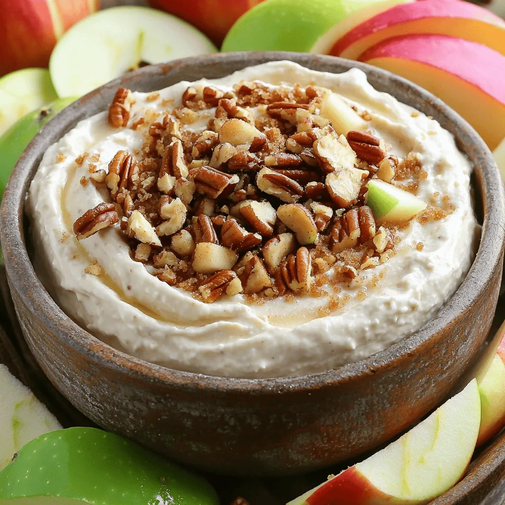 - 2 large apples (such as Fuji or Granny Smith), cored and sliced - 1 cup cream cheese, softened - 1/2 cup brown sugar - 1/4 cup powdered sugar - 1 teaspoon vanilla extract - 1/2 cup toffee bits (plus extra for topping) - 1/4 cup crushed pecans or walnuts (optional for garnish) I love using fresh apples for this dip. Fuji and Granny Smith are my top picks. They give a sweet and tart balance that pairs well with the creamy dip. If you can’t find fresh apples, you could use canned slices. However, fresh apples taste much better. - Medium bowl - Hand mixer - Spatula - Serving dish You will need a medium bowl to mix your ingredients. A hand mixer helps to beat the cream cheese smoothly. A spatula is great for mixing and transferring your dip. Finally, choose a nice serving dish to present your Apple Toffee Dip. Optional tools like measuring cups and spoons make the process easier. A food processor can also blend your dip if you prefer a different texture. To make the dip, start with your cream cheese. Use a medium bowl and beat the softened cream cheese. I recommend using a hand mixer for a quick and easy result. Mix it until it is smooth and creamy. If you skip this step, you may end up with lumps. To avoid lumps, make sure the cream cheese is at room temperature before you start. Next, add your sugars. Gradually mix in the brown sugar and powdered sugar. This method helps blend them evenly. Follow this with the vanilla extract. Mixing well is key. It ensures every bite of your dip has the same great flavor. Use a spatula to fold in the toffee bits. This ensures they spread throughout the dip. Now for the fun part: the toppings! Transfer your mixture to a serving dish. Smooth the top with a spatula for a nice look. Then, sprinkle on extra toffee bits. If you like nuts, add crushed pecans or walnuts on top. They give a nice crunch and make your dip look great. Serve it with apple slices for dipping. You can even add graham crackers or pretzels for a twist. For the full recipe, check out the instructions above. To make the best apple toffee dip, avoid common mistakes. First, ensure your cream cheese is soft. If it’s cold, you will get lumps. Use a hand mixer to beat it until creamy. Mix the sugars slowly. This helps them blend well without clumps. Next, taste the dip as you go. If you want it sweeter, add more brown sugar or powdered sugar. If you prefer a creamier dip, mix in a bit more cream cheese. This way, you can get the right taste and texture for you. Want to amp up the flavor? Consider adding spices like cinnamon or nutmeg. Just a pinch can make a big difference. These spices work well with the toffee and apples. You can also try pairing this dip with different fruits. While apple slices are great, pears or bananas can add a nice twist. Each fruit brings its own taste and texture. For hosting, get creative with your presentation. Use a nice serving bowl and arrange apple slices around it. You could also set up a “dip bar.” Offer graham crackers, pretzels, or even mini cookies for dipping. Consider adding a drizzle of caramel on top for a sweet touch. You can also sprinkle extra toffee bits for crunch. This makes the dip even more inviting and fun! For the full recipe, check out the complete guide to making apple toffee dip. {{image_2}} To make your apple toffee dip festive, try adding seasonal fruits. For Halloween, mix in some orange slices or candy corn for a fun touch. At Thanksgiving, consider adding pomegranate seeds for a burst of color and flavor. Fresh cranberries can also add a tart twist that balances the sweetness of the dip. If you're looking for a lighter version of apple toffee dip, swap cream cheese for Greek yogurt. It gives a similar creamy texture but with fewer calories. You can also use lower-calorie sweeteners like stevia or monk fruit. These sweeteners keep the dip delicious without the extra sugar. Make your apple toffee dip even more exciting with themed additions. For a caramel twist, stir in some caramel sauce. If you love chocolate, mix in chocolate chips or drizzle chocolate on top. Pair this dip with hot cider in the fall or refreshing iced tea in the summer. To keep your apple toffee dip fresh, place it in an airtight container. Make sure the lid fits snugly. This helps to avoid any air exposure, which can dry out the dip. Store it in the fridge. It will stay good for about 3 to 5 days. If you notice any changes in color or smell, it is best to toss it. Keeping the dip covered will help maintain its creamy texture and sweet taste. You can freeze apple toffee dip, but it may change a bit. Cream cheese dips can become grainy when frozen. If you want to freeze it, put it in a freezer-safe container. Leave some space at the top for expansion. To defrost, place it in the fridge overnight. Stir it well after thawing to restore its creaminess. If the texture is not perfect, you can blend it again for a smoother finish. Enjoy your dip with fresh apples or other dippers once it is ready! For the full recipe, check above. Apple Toffee Dip will last about three to five days in the fridge. Store it in an airtight container to keep it fresh. Always check for any signs of spoilage before serving. If it looks or smells off, toss it out. Keeping it sealed well helps maintain its creamy texture and sweet flavor. Yes, you can make this dip ahead of time! Prepare it up to two days in advance. Just follow the Full Recipe and store it in the fridge. When you’re ready to serve, give it a quick stir. You may want to add extra toffee bits on top for a fresh look. Making it early saves time for your event. If you need a substitute for cream cheese, try using Greek yogurt or a vegan cream cheese. Both options give a nice creamy texture. Greek yogurt adds a tangy flavor while keeping it light. Vegan cream cheese works well for a dairy-free option. Ensure that the flavor and texture balance with the other ingredients. Yes, Apple Toffee Dip is gluten-free. The ingredients used, like apples and cream cheese, do not contain gluten. However, always check the labels on your toffee bits and any other added ingredients. For a gluten-free serving, pair it with apple slices, rice cakes, or gluten-free pretzels. This way, everyone can enjoy this tasty treat! In this article, we explored how to make a delicious Apple Toffee Dip. We covered key ingredients, the right equipment, and a step-by-step guide for the perfect cream cheese base. We also discussed tips for flavor blending, creative serving ideas, and even healthier variations. Making this dip can be fun and easy. With a few tweaks, you can make it fit any occasion. Enjoy your apple toffee dip and impress your friends and family!