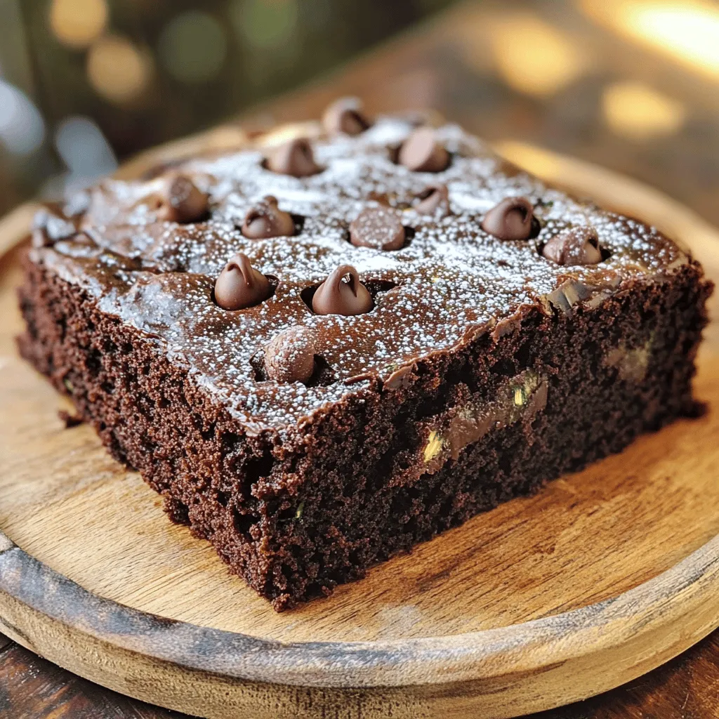 To make a delicious chocolate zucchini cake, you need a few key ingredients. This cake is rich, moist, and has a hint of veggies. Here’s what you will need: - 2 cups grated zucchini (about 2 medium zucchini) - 1 ½ cups all-purpose flour - 1 cup granulated sugar - ½ cup unsweetened cocoa powder - 1 teaspoon baking powder - 1 teaspoon baking soda - ½ teaspoon salt - 2 large eggs - ½ cup vegetable oil - 1 teaspoon vanilla extract - 1 cup chocolate chips (semi-sweet or dark) - ½ cup chopped walnuts (optional) Getting the measurements right is very important. Here’s a quick guide: - Grate the zucchini until you have about 2 cups. - Use a dry measuring cup for flour and cocoa powder. - Measure sugar using a standard measuring cup. - For liquids like oil and eggs, use a liquid measuring cup. If you don’t have something on hand, don’t worry! Here are some easy swaps: - Zucchini: You can use carrots instead for a different taste. - Flour: Try whole wheat flour for added fiber. - Sugar: Substitute with brown sugar for a richer flavor. - Oil: Use melted coconut oil instead of vegetable oil. - Chocolate Chips: Swap them for chopped nuts for a crunch. This recipe is flexible, so feel free to get creative! For the full recipe, check here. Start by preheating your oven to 350°F (175°C). This step is key to a great cake. While the oven heats, take a 9x13 inch baking pan. Grease it with butter or oil. Then, dust it with flour. You can also line the pan with parchment paper for easy removal later. Next, you need to prepare the zucchini. Grate about 2 medium zucchinis using a box grater or a food processor. Aim for 2 cups of grated zucchini. If the zucchini is too watery, place it in a clean kitchen towel. Wring it out to remove extra liquid. This will help keep your cake from getting soggy. Now, grab a large bowl. In this bowl, whisk together the dry ingredients. This includes 1 ½ cups of all-purpose flour, 1 cup of granulated sugar, ½ cup of unsweetened cocoa powder, 1 teaspoon of baking powder, 1 teaspoon of baking soda, and ½ teaspoon of salt. Make sure everything is well mixed. In another bowl, beat 2 large eggs. Then, mix in ½ cup of vegetable oil and 1 teaspoon of vanilla extract. Stir until well combined. This mixture adds moisture and flavor to your cake. Pour the wet mixture into the dry mixture. Stir gently until just combined. Be careful not to overmix. Now, fold in the grated zucchini and 1 cup of chocolate chips. If you like nuts, add ½ cup of chopped walnuts. Once everything is evenly mixed, pour the batter into your prepared pan. Spread it out evenly. Bake the cake in the preheated oven for 30-35 minutes. To check if it’s done, insert a toothpick into the center. It should come out clean or with a few moist crumbs. Once the cake is done baking, let it cool in the pan for about 10 minutes. This helps it set. After that, transfer it to a wire rack to cool completely. When serving, consider dusting the top with powdered sugar. A dollop of whipped cream on the side makes it even better. Enjoy your delicious Chocolate Zucchini Cake! For the complete recipe, check out the Full Recipe section. To get the best moisture in your cake, use freshly grated zucchini. Grate your zucchini right before you mix it in. If your zucchini has too much water, it can make the cake soggy. To fix this, use a clean kitchen towel to wring out the excess liquid. This step helps keep your cake fluffy and moist without being wet. Always preheat your oven to ensure even cooking. Use a 9x13 inch baking pan and grease it well. This helps the cake come out cleanly. When mixing, do not over-stir the batter. Just mix until everything is combined. Over-mixing makes the cake tough instead of light. Check the cake at 30 minutes with a toothpick. If it comes out clean, your cake is ready. To store leftover cake, let it cool completely first. Wrap it in plastic wrap or foil. This keeps it fresh. You can keep it at room temperature for up to three days. For longer storage, place it in the fridge for up to a week. You can also freeze it for up to three months. Just slice it before freezing and wrap each piece well. This way, you can enjoy a slice anytime! For the full recipe, check the earlier section. {{image_2}} You can make this cake even better by adding nuts or seeds. Walnuts add a crunchy texture. You can also use pecans or almonds for a unique twist. If you prefer seeds, try pumpkin or sunflower seeds. They give a nice crunch and add nutrition. Simply mix in about half a cup with the batter. This lets you customize the cake to your taste. Using different types of chocolate can change the flavor of your cake. You might try milk chocolate or even white chocolate chips. Dark chocolate brings a richer taste. You could also use cocoa nibs for a bit of crunch. They add a deep chocolate flavor without extra sugar. Feel free to mix and match your favorites. This will make your cake special each time you bake it. You can easily make this cake healthier. Use whole wheat flour instead of all-purpose flour. This adds fiber and nutrients. You can also replace sugar with honey or maple syrup. These natural sweeteners can make the cake moist and tasty. If you want fewer calories, try using applesauce instead of oil. This keeps the cake soft while cutting down on fat. Making these swaps can make your cake both delicious and nutritious. To keep your chocolate zucchini cake fresh, store it in the fridge. Use an airtight container. If you don’t have one, wrap the cake tightly in plastic wrap. This helps prevent it from drying out. The cool air slows down spoilage and keeps the flavor. Freezing is a great option if you want to save some cake for later. First, let the cake cool completely. Then, slice it into pieces. Wrap each slice in plastic wrap and place them in a freezer-safe bag. This makes it easy to grab a piece when you want a treat. You can freeze the cake for up to three months. When stored properly, chocolate zucchini cake lasts about one week in the fridge. If you freeze it, remember to use it within three months for the best taste. Always check for any signs of spoilage before eating. This way, you can enjoy your delicious cake at its best! For the full recipe, check the instructions above. Yes, you can use frozen zucchini. Make sure to thaw it first. Then, squeeze out the extra water using a towel. This will help the cake stay moist without being too wet. You can use a few options to replace eggs. Try using one ripe banana or 1/4 cup of applesauce. Another choice is to mix 1 tablespoon of ground flaxseed with 2.5 tablespoons of water. Let it sit for five minutes to thicken. To check if the cake is done, use a toothpick. Insert it into the center of the cake. If it comes out clean or with a few moist crumbs, your cake is ready. The top should look set and spring back when lightly touched. Absolutely! You can turn this recipe into cupcakes. Fill each cupcake liner about two-thirds full with batter. Bake for 18-20 minutes. Check doneness with a toothpick, just like the cake. This makes perfect single servings! For the full recipe, check out the earlier section. You now have a solid understanding of making chocolate zucchini cake. We covered ingredients, measurements, and tasty swaps. I shared clear steps, tips for moisture, and storage advice. Don't forget the fun variations to personalize your cake! This recipe is easy and delicious. You can impress anyone with it. Enjoy baking and sharing your delightful treat!