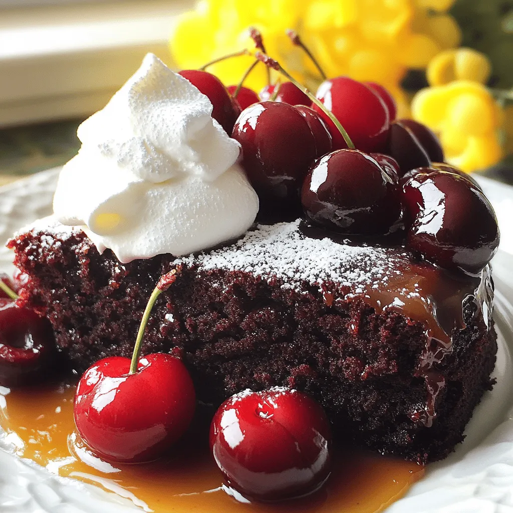 - 1 cup fresh or frozen cherries, pitted - ½ cup brown sugar - ¼ cup unsalted butter - 1 cup all-purpose flour - ½ cup unsweetened cocoa powder - 1 teaspoon baking powder - ½ teaspoon baking soda - ¼ teaspoon salt - 1 cup granulated sugar - ½ cup vegetable oil - 2 large eggs - 1 teaspoon vanilla extract - ½ cup buttermilk You can use alternative sweeteners if you want to avoid granulated sugar. Honey or maple syrup works well. For those who need gluten-free options, try using almond flour or a gluten-free blend. If you want a dairy-free cake, use almond milk or coconut milk instead of buttermilk. These swaps can keep your cake tasty and friendly for different diets. To make the chocolate cherry upside down cake, you'll need these ingredients. They come together to create a rich, moist cake. The cherries add a lovely sweetness and tartness. The cocoa powder gives it a deep chocolate flavor. If you follow the full recipe, you’ll enjoy each bite! 1. Preheat your oven to 350°F (175°C). This step is key to even baking. 2. Grease a 9-inch round cake pan with butter or oil. This prevents sticking. 3. In a small saucepan, melt the butter over medium heat. Stir in the brown sugar. 4. Mix them well until smooth. Pour this mixture evenly into the bottom of the pan. 5. Arrange the cherries in a single layer on top of the brown sugar mixture. 1. In a medium bowl, whisk together the flour, cocoa powder, baking powder, baking soda, and salt. Ensure they are well combined. 2. In a large bowl, beat together granulated sugar and vegetable oil. Mix until fluffy. 3. Add the eggs, one by one. Mix well after each egg. Stir in the vanilla extract. 4. Gradually mix the dry ingredients into the wet mixture. Alternate with buttermilk until just combined. 5. Be careful not to overmix. This keeps the cake light and fluffy. 1. Pour the batter gently over the cherries. Spread it evenly to cover them. 2. Bake in the preheated oven for 30-35 minutes. Check for doneness using a toothpick. 3. Insert it in the center. If it comes out clean, your cake is ready. 4. Let the cake cool in the pan for 10 minutes. This step helps it set. 5. Carefully invert it onto a serving plate. The cherries should be on top. 6. Allow the cake to cool completely before slicing. This keeps it from falling apart. For the complete recipe, refer to the [Full Recipe]. Enjoy making your Chocolate Cherry Upside Down Cake! To make a moist cake, use fresh or frozen cherries. They add great moisture. The buttermilk also helps keep the cake light and soft. Always measure your ingredients correctly. Too much flour can make the cake dry. Ingredient temperature matters. Use eggs and buttermilk at room temperature. This helps them mix better with other ingredients. Cold ingredients can lead to a dense cake. I love to serve this cake warm. Top it with whipped cream or vanilla ice cream for a tasty treat. A scoop of ice cream melts over the warm cake, making it extra special. For a nice look, dust the top with powdered sugar. You can add fresh cherries on top for color. This makes the cake look fancy and fun. To avoid burning the cherries, bake the cake at the right temperature. Watch the baking time closely. If the cherries burn, they can taste bitter. Make sure to check for even baking. Rotate the cake halfway through baking. This helps it cook evenly. A toothpick should come out clean when it’s done. Following these tips will help you create a perfect Chocolate Cherry Upside Down Cake. For the complete guide, you can refer to the Full Recipe. {{image_2}} You can make your Chocolate Cherry Upside Down Cake even better. Try adding nuts or chocolate chips. Walnuts or pecans add a nice crunch. Chocolate chips bring extra richness. You can mix them into the batter or sprinkle them on top of the cherries. You can also experiment with different fruit toppings. Peaches, apricots, or even blueberries work well. Each fruit brings its own unique flavor. This makes your cake fun and fresh. If you want a vegan version of this cake, it's easy to swap some ingredients. Use flax eggs instead of regular eggs. Mix one tablespoon of flaxseed meal with three tablespoons of water. Let it sit until it thickens. For buttermilk, use almond milk with a splash of vinegar. This will give you a great flavor without dairy. You can also make a low-carb version using almond flour. This flour gives a nice texture and taste. It cuts down on carbs while keeping the cake delicious. For a twist, try using almond extract instead of vanilla. Almond gives a warm, nutty flavor. Just a little goes a long way. It pairs nicely with the cherries and chocolate. You can also switch the cherries for other fruits. Sliced strawberries or raspberries can add a fun twist. These swaps keep the cake exciting each time you make it. Store your Chocolate Cherry Upside Down Cake at room temperature for up to two days. Keep it covered with plastic wrap or in an airtight container. This helps keep the cake moist and fresh. If you want to keep it longer, place it in the fridge. Wrap it tightly in plastic to avoid drying out. You can freeze this cake for up to three months. First, let the cake cool completely. Then, slice it into pieces for easy serving. Wrap each slice in plastic wrap, then place them in a freezer bag. When you want to enjoy a piece, take it out and let it thaw in the fridge overnight. You can warm it in the microwave for a few seconds if you prefer it warm. This cake lasts about three days at room temperature. In the fridge, it can last about a week. Watch for signs of spoilage, like a sour smell or mold. If the cherries start to look dull or mushy, it’s time to toss the cake. Always trust your senses when it comes to food safety. For the best taste, enjoy it fresh! Can I use canned cherries instead of fresh? Yes, you can use canned cherries. Just make sure to drain them well. Canned cherries can be softer, so they may not hold their shape as well as fresh ones. They still taste great in the cake. How do I know when my cake is done baking? To check if your cake is done, insert a toothpick into the center. If it comes out clean, your cake is ready. If it has wet batter, give it a few more minutes. What to do if my cake sinks in the middle? If your cake sinks, it may be due to underbaking or overmixing. Make sure to bake until a toothpick comes out clean. Also, avoid mixing too much, as that can add air and cause sinking. Why is my cake too dry or dense? A dry or dense cake can happen if you use too much flour or bake too long. Always measure flour correctly and check for doneness early. Adding a bit more buttermilk can help keep it moist. Where to find more Chocolate Cherry Upside Down Cake recipes? You can find more recipes online on cooking websites and food blogs. Many of these sites offer unique twists on this classic cake. You can also check cookbooks that focus on desserts. Recommended tools for cake baking and decoration Some helpful tools include a good quality cake pan, a whisk, and measuring cups. A cake tester is handy for checking doneness. For decoration, consider using a sifter for powdered sugar and a spatula for spreading frosting. In this post, we explored how to make a Chocolate Cherry Upside Down Cake. We covered the ingredients, step-by-step instructions, and handy tips to perfect your bake. We also mentioned variations for different diets, storage methods, and answered common questions. Baking this cake is fun and rewarding. With these guidelines, you can create a delicious dessert. Enjoy sharing this treat with friends and family, and feel proud of your baking skills!