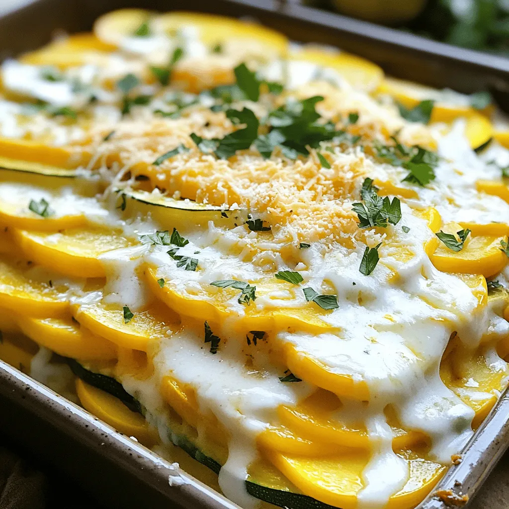 - 2 medium yellow squash, thinly sliced - 2 medium zucchini, thinly sliced - 1 cup shredded cheddar cheese - 1 cup shredded mozzarella cheese - 1 medium onion, finely chopped - 3 cloves garlic, minced - 1 cup heavy cream - 2 large eggs, beaten - 1 teaspoon dried oregano - 1/2 teaspoon salt - 1/2 teaspoon black pepper - 1/4 teaspoon red pepper flakes (optional) - 1/4 cup grated Parmesan cheese - 2 tablespoons olive oil This low carb gluten free squash casserole with cheese is a joy to make. The main ingredients are fresh squash and zucchini. They bring a light and tasty base. I love using cheddar and mozzarella for that cheesy goodness. Next, I add onion and garlic to bring out the flavors. They make the dish smell amazing while cooking. The heavy cream and eggs create a rich texture. You can feel good knowing it is gluten-free and low-carb. The seasonings add depth to the dish. Oregano gives a nice touch, while salt and pepper balance the flavors. If you want a bit of heat, the red pepper flakes are a great choice. Finally, the Parmesan cheese on top gives a crispy finish. It all comes together for a tasty casserole. For the full recipe, visit the section above. First, preheat your oven to 375°F (190°C). This step is key for the perfect bake. Next, prepare your baking dish by lightly greasing it with oil or butter. Now, chop your vegetables. Slice 2 medium yellow squash and 2 medium zucchini thinly. Measure out all your other ingredients, so you have everything ready to go. In a large skillet, heat 2 tablespoons of olive oil over medium heat. Add 1 medium onion, finely chopped, and 3 cloves of minced garlic. Sauté them until the onion becomes translucent, about 3-4 minutes. Then, add the sliced squash and zucchini to the skillet. Cook them until they are tender, around 5-7 minutes. Once they’re done, remove from heat and let them cool slightly. In a large mixing bowl, combine 1 cup of heavy cream, 2 large beaten eggs, 1 teaspoon of dried oregano, 1/2 teaspoon of salt, and 1/2 teaspoon of black pepper. Whisk these together until smooth. Now, fold in the sautéed vegetables along with half of the shredded cheddar and mozzarella cheeses. Mix well to ensure everything is coated. Pour your mixture into the greased baking dish. Top it with the remaining cheese. Sprinkle 1/4 cup of grated Parmesan cheese over the top for extra flavor. Bake in the preheated oven for 25-30 minutes, or until the cheese is bubbly and golden brown. Once baked, allow the casserole to cool for a few minutes before serving. For the full recipe, check out the ingredients and instructions above. To make your low carb gluten free squash casserole just right, slice your vegetables evenly. This helps them cook at the same time. After baking, let the casserole sit for a few minutes. This will improve the texture and help the flavors meld together. Make your casserole look great by garnishing it with fresh herbs. Parsley or chives add color and brightness. When serving, use the baking dish for a homey touch. You can also place a colorful salad beside it for a fun contrast. Want more flavor? Add spices like paprika or herbs like thyme. You can also try mixing different cheeses. Cream cheese or goat cheese can add a unique twist to the dish. Experiment with flavors to find your favorite combination. {{image_2}} You can easily customize your squash casserole. If you want to swap cheese, try vegan cheese. This option works well for those who avoid dairy. You can also add more nutrition with different vegetables. Think about using spinach, carrots, or bell peppers. These swaps boost the flavor and vitamins without changing the dish too much. Adding meats can make the casserole heartier. Try adding cooked bacon or sausage for a protein kick. The flavors of bacon pair great with squash. You can also explore fresh herbs like basil, thyme, or rosemary. These herbs will add a unique taste that can change the whole dish. Just sprinkle them in before baking for a fresh twist. You can make this casserole in different ways. A slow cooker works great for a hands-off option. Just layer the ingredients and let it cook slowly. Another method is grilling or steaming the squash before mixing. This can give it a smoky flavor that adds depth. Each method brings its own charm to the casserole, so feel free to experiment. To keep your leftover squash casserole fresh, place it in an airtight container. This will help keep moisture in and air out. Allow the casserole to cool before sealing it. It’s best to eat leftovers within three days. If you want to freeze it, wrap the casserole tightly in plastic wrap and then in foil. It can last in the freezer for up to three months. When you’re ready to eat, thaw it in the fridge overnight. This will help it heat evenly later. In the fridge, your low carb gluten free squash casserole will last about three to four days. Always check for signs of spoilage before eating. Look for changes in smell or color, and check for mold. If it smells sour or has an off texture, it’s best to toss it. To reheat, use an oven for the best results. Set it to 350°F (175°C) and heat for about 20 minutes. This keeps the texture and flavor intact. If using a microwave, place the casserole in a microwave-safe dish. Cover it with a microwave-safe lid or wrap to keep moisture in. Heat it in short bursts, about one to two minutes, checking in between to avoid overheating. This way, your delicious squash casserole stays moist and tasty. Is this low-carb squash casserole gluten-free? Yes, this low-carb squash casserole is gluten-free. It uses fresh squash, cheese, and eggs. None of these ingredients contain gluten. Always check your cheese labels to be safe. Can I make this dish ahead of time? You can prepare this dish ahead of time. Mix the ingredients and store them in the fridge. Bake it just before serving for the best taste. What are the nutritional benefits of this casserole? This casserole is low in carbs and high in fiber. Squash and zucchini boost vitamins A and C. The cheese adds protein and calcium. This dish is filling without excess carbs. How does this recipe fit into a low-carb diet? This recipe fits well into a low-carb diet. It focuses on vegetables and cheese, cutting out bread and grains. It's perfect for those watching their carb intake. Can I substitute heavy cream with a lower-calorie option? Yes, you can use alternatives like unsweetened almond milk or coconut cream. Just keep in mind that this may change the flavor and texture. What to do if the casserole is too watery after baking? If your casserole is too watery, let it sit for a few minutes. This allows excess moisture to evaporate. You can also bake it a little longer to help thicken it up. This blog post covered a delicious squash casserole recipe. We discussed the key ingredients, steps to prepare, and tips to enhance flavor and presentation. With options to customize, your casserole can suit any taste. Plus, proper storage ensures leftovers last longer. Use what you learned to create a tasty, satisfying dish. Enjoy the process and share it with others. Cooking should bring joy and good food to your table!