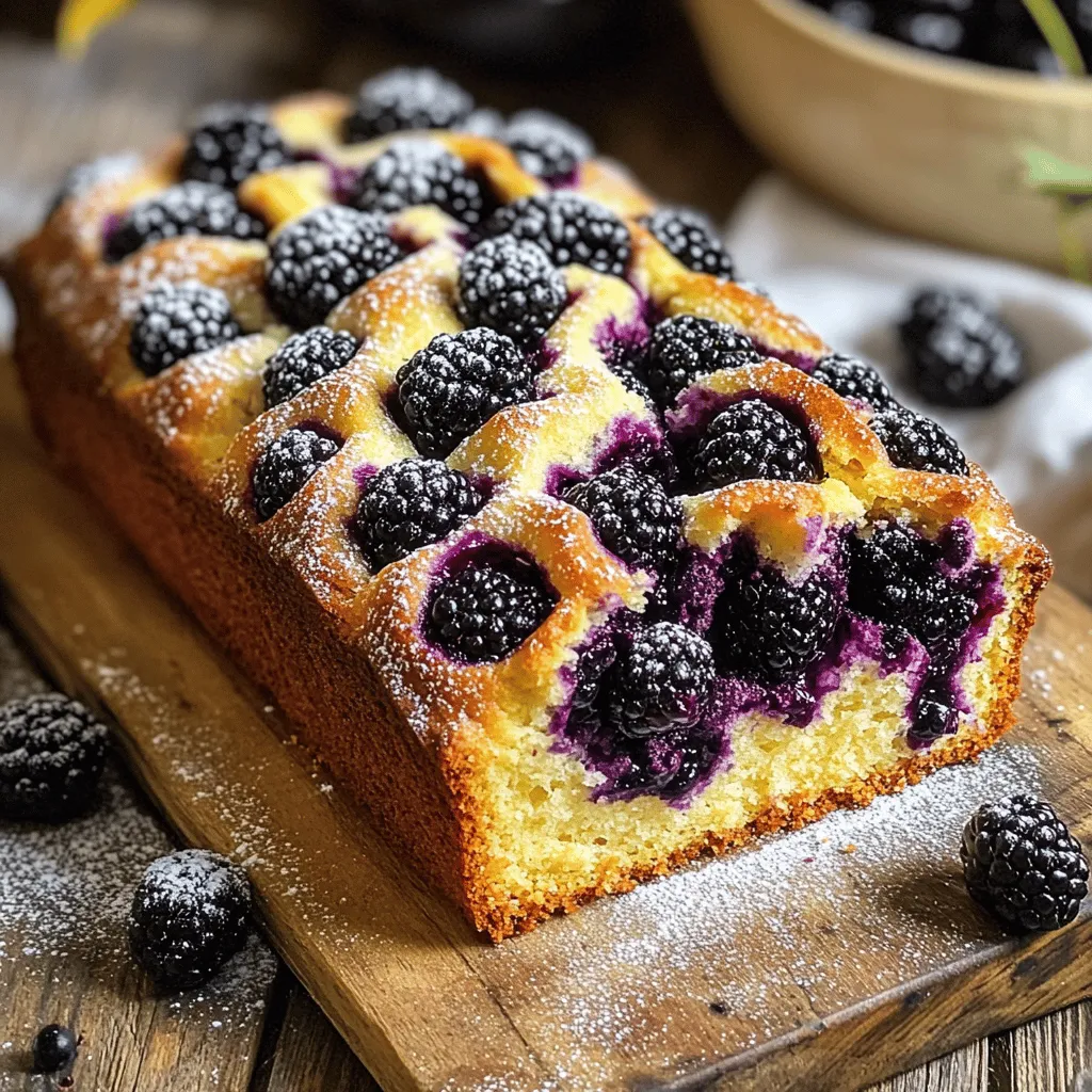 To make a moist and tasty blackberry loaf, gather these key ingredients: - 2 cups fresh blackberries - 1 ½ cups all-purpose flour - 1 cup granulated sugar - ½ cup unsalted butter, softened - 2 large eggs - 1 teaspoon vanilla extract - 1 teaspoon baking powder - ½ teaspoon baking soda - ½ teaspoon salt - ½ cup plain Greek yogurt - ¼ cup milk Each of these ingredients plays a role in making your loaf soft and flavorful. The blackberries add sweetness and a lovely tartness. Butter and eggs provide richness and moisture. Flour gives structure while baking powder and baking soda help it rise. You can swap some ingredients if needed: - For fresh blackberries, use frozen ones. Just thaw and drain them first. - Whole wheat flour can replace all-purpose flour for a healthier option. - If you want a dairy-free loaf, use a dairy-free butter and almond milk instead of milk. - Applesauce can replace butter for a lower-fat option. Using substitutes can change the flavor and texture a bit, but they can work well in a pinch. This recipe makes about 8 servings. Each slice offers a delightful mix of sweet and tart flavors. You can adjust the recipe size by doubling or halving the ingredients. Just keep the same ratios. Measure carefully to ensure the best results. For a fun twist, serve it warm with whipped cream or ice cream. Enjoy your baking! First, gather all your ingredients. You will need: - 2 cups fresh blackberries - 1 ½ cups all-purpose flour - 1 cup granulated sugar - ½ cup unsalted butter, softened - 2 large eggs - 1 teaspoon vanilla extract - 1 teaspoon baking powder - ½ teaspoon baking soda - ½ teaspoon salt - ½ cup plain Greek yogurt - ¼ cup milk Next, preheat your oven to 350°F (175°C). Grease a 9x5-inch loaf pan with butter or non-stick spray. This will help the loaf slide out easily. Now, in a large mixing bowl, cream the softened butter and granulated sugar together. Do this for about 3-4 minutes until it looks light and fluffy. Add the eggs one by one, mixing well after each addition. Stir in the vanilla extract to add that lovely flavor. In another bowl, whisk the flour, baking powder, baking soda, and salt together. This helps evenly distribute the dry ingredients. Gradually mix the dry ingredients into the wet mixture. Alternate adding Greek yogurt and milk. Mix until everything is just combined. Be careful not to overmix, as this can make the loaf tough. Gently fold in the blackberries. You want them evenly spread throughout the batter without breaking them too much. Pour the batter into your prepared loaf pan. Smooth the top with a spatula to make it look nice. Place the loaf pan in your preheated oven. Bake for 50-60 minutes. Check if it is done by inserting a toothpick into the center. If it comes out clean, the loaf is ready. If not, bake a few more minutes and check again. Once baked, remove the loaf from the oven. Let it cool in the pan for about 10 minutes. This helps it set. After that, transfer it to a wire rack to cool completely. When serving, slice the loaf and enjoy it warm. You can dust it with powdered sugar for a nice touch. Pair it with whipped cream or vanilla ice cream for extra fun. For more detailed steps and tips, you can check the Full Recipe. When making your easy blackberry loaf, watch for a few common mistakes. First, do not overmix the batter. This can lead to a tough loaf. Mix until just combined, and then gently fold in the blackberries. Second, use fresh blackberries if you can. They add the best flavor and moisture. If you use frozen ones, make sure to thaw and drain them first. This helps avoid extra liquid in your batter. To enhance the flavor and texture, try adding a splash of lemon juice or zest. This brightens the flavors and balances the sweetness. You can also mix in nuts like walnuts or pecans. They add crunch and depth to your loaf. For a sweeter touch, consider adding chocolate chips. They melt into warm slices, making each bite a treat. Keeping your loaf moist is key. I suggest using Greek yogurt in the recipe. It adds creaminess and helps retain moisture. Another tip is to bake the loaf until just done. Overbaking can lead to a dry loaf. Check for doneness by inserting a toothpick into the center. If it comes out clean, your loaf is ready. Let it cool in the pan for a bit before moving it to a wire rack. This helps it stay moist and not dry out. For more details on the recipe, check the Full Recipe. {{image_2}} You can make this loaf extra special with mix-ins. Try adding nuts for crunch. Chopped walnuts or pecans work well. You might also like to fold in some white chocolate chips. They add a nice sweetness. For toppings, think about a simple glaze. A mix of powdered sugar and milk can drizzle nicely over the top. You can also sprinkle some extra blackberries on top right before baking. This adds color and flair to your loaf. Want to change up the flavor? You can swap blackberries for other berries. Raspberries, blueberries, or strawberries all work great. Each berry brings its own taste. If you want a twist, add some lemon zest for a fresh kick. A bit of cinnamon can warm it up too. Consider adding a splash of almond extract instead of vanilla. This gives a unique flavor that pairs well with berries. You can easily make this loaf gluten-free. Use a gluten-free flour blend instead of all-purpose flour. Make sure it has xanthan gum for better texture. For a vegan option, replace the eggs with flax eggs. Mix one tablespoon of flaxseed meal with three tablespoons of water for each egg. You can also use coconut oil instead of butter. This keeps the loaf moist and adds a nice flavor. These options make it easy for everyone to enjoy! You can check the Full Recipe for all the steps to create your easy blackberry loaf. To keep your blackberry loaf fresh, wrap it well in plastic wrap. Place it in an airtight container or a resealable bag. This will prevent it from drying out. Store it at room temperature for up to three days. If you want to keep it longer, consider freezing it. Freezing is a great option if you have extra slices. First, let the loaf cool completely. Then, slice it into pieces. Wrap each slice in plastic wrap tightly. Place the wrapped slices in a freezer bag. You can store them in the freezer for up to three months. When you're ready to enjoy your loaf, take out a slice from the freezer. Let it thaw in the fridge overnight. To reheat, pop it in the microwave for about 15-20 seconds. If you prefer, you can also warm it in the oven at 350°F for about 10 minutes. This will bring back its moist texture and delicious flavor. Enjoy your sweet blackberry bliss loaf! To check if the blackberry loaf is done, insert a toothpick into the center. If it comes out clean or with a few crumbs, it's ready. The top should be golden brown and spring back when touched lightly. You can also look for a nice rise in the loaf. Yes, you can use frozen blackberries. Just make sure to thaw them first. Drain the excess juice to prevent the batter from getting too wet. Frozen berries can be a great option if fresh ones are not available. They still provide great flavor and moisture. The blackberry loaf stays fresh at room temperature for about 3 to 4 days. Keep it in an airtight container to maintain its moisture. If you notice any mold or an off smell, it's best to toss it. You can serve the blackberry loaf with a few tasty options. A dollop of whipped cream adds a nice touch. Vanilla ice cream is another great option for a sweet treat. You might also enjoy it with a drizzle of honey or a sprinkle of powdered sugar for extra sweetness. For the full recipe, check out the Sweet Blackberry Bliss Loaf section above! You learned about making an easy blackberry loaf, from key ingredients to baking tips. I shared important steps for prep, baking, and serving. You also discovered ways to avoid common mistakes and enhance flavors. Plus, variations for diets and toppings were covered. Lastly, I offered storage and reheating tips to keep your loaf fresh. Keep these ideas in mind, and enjoy your baking journey!