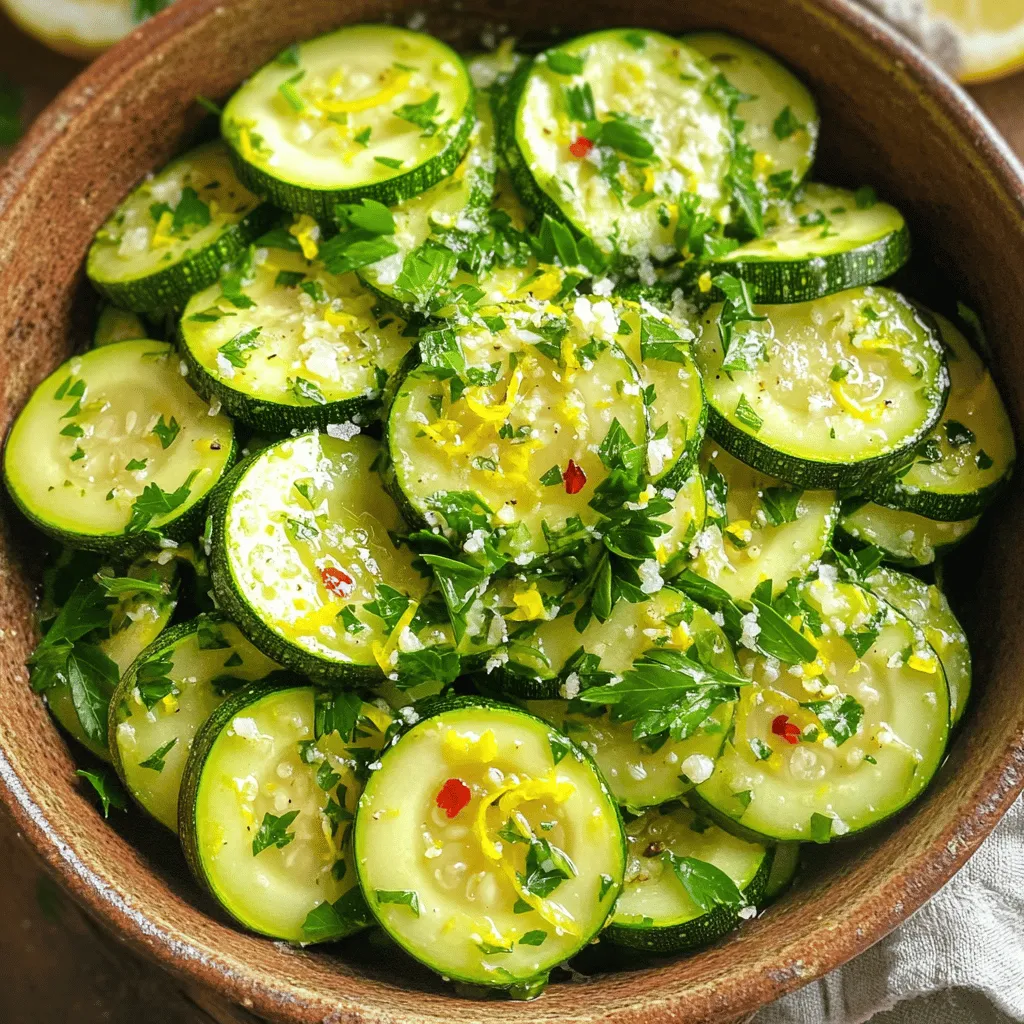To make sautéed zucchini, you need simple ingredients. Here’s what you will need: - Zucchini - Olive Oil - Garlic - Red Pepper Flakes - Lemon (zest and juice) - Salt and Pepper - Fresh Parsley - Parmesan Cheese (optional) Zucchini is the star of this dish. It cooks well and has a nice texture. I love using fresh, firm zucchinis, as they give the best flavor. Olive oil adds a rich taste and helps the zucchini sauté nicely. The garlic brings out a warm aroma, while red pepper flakes add a gentle heat. Lemon zest and juice brighten everything up. They make the dish fresh and zesty. Salt and pepper are key to enhance all the flavors. Fresh parsley adds a pop of color and flavor. Finally, if you like, sprinkle some Parmesan cheese on top. It gives a nice salty finish. This simple list of ingredients makes sautéed zucchini a perfect side dish. For the complete instructions, check out the Full Recipe. Start by rinsing the zucchinis under cold water. This helps to clean them well. Next, slice each zucchini into half-moon shapes. Aim for about 1/4-inch thick slices. This size cooks evenly and looks nice on the plate. Set the sliced zucchini aside while you get ready to cook. In a large skillet, heat 3 tablespoons of olive oil over medium heat. Wait until the oil shimmers but does not smoke. Add 3 cloves of minced garlic and 1 teaspoon of red pepper flakes to the skillet. Stir them for about 1 minute. You want the garlic to smell good but not brown. Now, add the sliced zucchini to the skillet. Toss them in the oil and garlic mix. Sauté for about 5 to 7 minutes. Stir often to ensure all pieces cook well. Look for the zucchini to get tender but still a bit crisp. Once the zucchini is cooked, add the zest and juice of 1 lemon. Stir well to mix the flavors. Let it cook for 2 more minutes. Finally, season with salt and pepper to your taste. Remove the skillet from heat and stir in 1/4 cup of chopped fresh parsley. If you like, sprinkle 2 tablespoons of grated Parmesan cheese on top. This step adds a savory finish. Now, transfer your sautéed zucchini to a serving dish. Enjoy your simple and flavorful side dish! For the full recipe, check the details above. When picking zucchini, look for ones that are firm and shiny. They should feel heavy for their size. Avoid any with soft spots or blemishes. Fresh zucchini has a smooth, green skin. Smaller zucchinis are often sweeter and more tender. Cook zucchini for about 5 to 7 minutes. You want them to be tender but still slightly crisp. If you overcook them, they can become mushy. Stir them often to cook evenly. Every stove is different, so keep an eye on them. Add different flavors to make your sautéed zucchini shine. Try these options: - Herbs: Add fresh thyme or basil for a nice twist. - Cheese: Sprinkle feta or goat cheese for a creamy touch. - Nuts: Toss in some toasted almonds or pine nuts for crunch. - Spices: Experiment with cumin or smoked paprika for extra warmth. For the full recipe, check out the Zesty Lemon Garlic Sautéed Zucchini, which combines these tips perfectly! {{image_2}} To make garlic sautéed zucchini, you need garlic and olive oil. The garlic adds a nice flavor. Use the same recipe, but focus on garlic. You can use more or less garlic based on your taste. Just sauté the minced garlic first. This brings out its rich aroma. Then, add the zucchini and cook until tender. This twist is simple yet tasty. For parmesan sautéed zucchini, add grated Parmesan cheese at the end. This step gives the dish a creamy texture. You can sprinkle it on just before serving. The heat from the zucchini melts the cheese, which blends well. This variation pairs well with pasta or grilled chicken. It’s a great way to elevate the dish. If you love heat, try spicy sautéed zucchini. Add more red pepper flakes to the recipe. You can also include diced jalapeños for extra spice. Sauté them with the garlic for a kick. This version works well for those who enjoy bold flavors. Pair it with rice or tacos for a complete meal. These variations let you explore flavors while keeping the base recipe simple. Check out the Full Recipe for more details on cooking sautéed zucchini. Store leftover sautéed zucchini in an airtight container. Keep it in the fridge for up to three days. Before storing, let it cool to room temperature. This helps prevent condensation. To reheat, use a skillet over medium heat. Add a splash of olive oil to keep it moist. Stir occasionally for even warmth. You can also microwave it for about one minute, but it may lose some crunch. If you want to freeze sautéed zucchini, place it in a freezer-safe bag. Make sure to remove as much air as possible. Use it within three months for the best taste. Thaw it overnight in the fridge before reheating. For the best texture, avoid freezing if you plan to serve it crispy. You can find the full recipe here for more details on preparation. You can sauté zucchini without oil by using water or vegetable broth. Heat a skillet over medium heat. Add a small amount of water or broth, enough to cover the bottom of the pan. Once hot, add your sliced zucchini. Cook for about 5-7 minutes, stirring often. Season with salt and pepper to enhance the flavor. This method keeps the zucchini tender while reducing fats. Yes! You can mix in other vegetables. Bell peppers, onions, or mushrooms work well. Just chop them into similar sizes. Add them to the skillet at the same time as the zucchini. This way, all vegetables cook evenly. Feel free to get creative with your favorite veggies! Sautéed zucchini pairs well with many dishes. Serve it alongside grilled chicken or fish for a healthy meal. You can also mix it into pasta or grain salads. Top it with fresh herbs or cheese for extra flavor. Enjoy it warm or at room temperature, making it a versatile side dish. For a full recipe, check out the Zesty Lemon Garlic Sautéed Zucchini! We explored how to make delicious sautéed zucchini with simple steps and tasty ingredients. From prepping your zucchini to enhancing flavors, these easy instructions guide you. Remember to select fresh zucchini for the best results. You can also try variations like garlic or spicy zucchini for new flavors. Whether you store it in the fridge or freezer, sautéed zucchini is versatile and healthy. Enjoy your cooking and feel confident experimenting with this recipe!