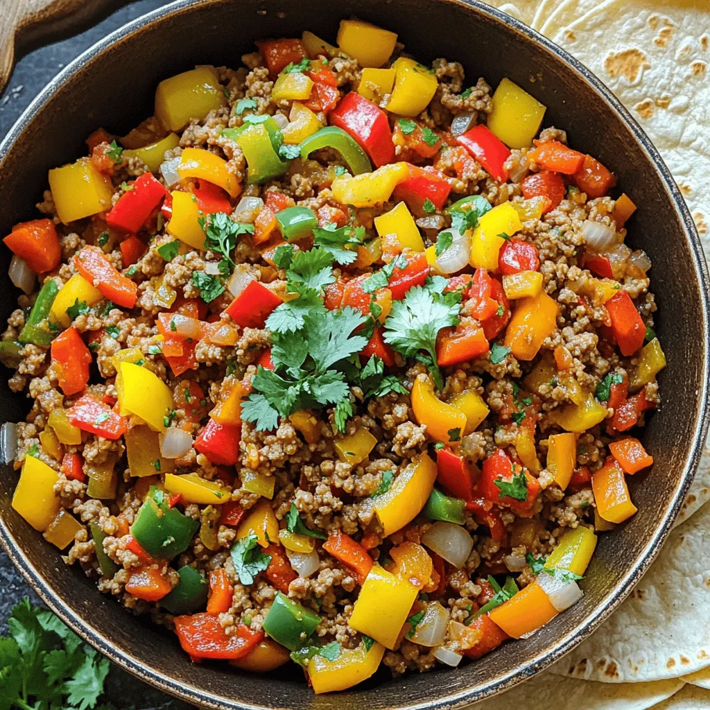 - 1 pound ground turkey - 2 bell peppers (any color), diced - 1 medium onion, finely chopped - 3 cloves garlic, minced - 1 teaspoon cumin - 1 teaspoon smoked paprika - 1 teaspoon dried oregano - 1 can (15 oz) diced tomatoes, drained - 1 cup corn kernels (fresh or frozen) - 1 tablespoon olive oil - Salt and pepper to taste - Fresh cilantro, for garnish Ground turkey serves as a lean protein. It keeps the dish healthy and filling. Bell peppers add crunch and sweetness. They also bring bright color to the plate. Onions and garlic give it depth and flavor. Cumin, smoked paprika, and oregano create warmth and spice. The diced tomatoes add moisture and tanginess. Corn adds sweetness and texture. Olive oil helps to sauté the vegetables and keeps everything from sticking. Salt and pepper enhance all the flavors. Fresh cilantro finishes the dish with a burst of freshness. If you want to swap ground turkey, try ground chicken or lean beef. Both options will work well. For a plant-based choice, use lentils or black beans. When it comes to peppers, feel free to mix it up. You can use green, yellow, or even poblano peppers for a different taste. If you want something milder, try using zucchini instead. This dish can easily fit gluten-free diets. All the ingredients listed are gluten-free. Just be sure to check labels on canned products and spices. To lower sodium, use low-sodium canned tomatoes. You can also reduce the amount of salt. Fresh herbs can add flavor without salt. Consider adding lemon juice or vinegar to brighten the dish without adding sodium. To make this dish, start by prepping your vegetables and turkey. Chop the bell peppers into neat pieces. Dice the onion finely, and mince the garlic. All these ingredients need to be ready before you cook. Drain the canned tomatoes and set them aside. Prepping your ingredients makes cooking easier and faster. When you have everything ready, you can focus on cooking. You won’t waste time searching for items. It helps keep the kitchen clean and organized too. Now, let’s move to the cooking. Heat the olive oil in a large skillet over medium heat. Add the chopped onion and minced garlic. Sauté them until the onion turns translucent, which should take about 3 to 4 minutes. Next, add the ground turkey to the skillet. Use a spoon to break it apart as it cooks. Stir until it is browned and fully cooked, which takes around 5 to 7 minutes. After that, it’s time to add the spices. Mix in the cumin, smoked paprika, dried oregano, salt, and pepper. Stir well to coat the turkey evenly with these flavors. This step is key for making the turkey tasty and juicy. Then, add your vegetables. Toss in the diced bell peppers, drained tomatoes, and corn. Stir everything together. Let this cook for an extra 5 to 7 minutes. The peppers should soften but still hold some crunch. Once everything is cooked, it’s time to combine all the flavors. Taste the mix and adjust the seasoning if needed. If you want a little kick, add a dash of hot sauce. Now, serve the dish hot. A sprinkle of fresh cilantro on top makes it look great. You can serve this in bowls with warm tortillas or over rice. This dish not only tastes good but also looks colorful and inviting. For the full recipe, check out the details above. To boost flavor, try using different herbs. Fresh basil, thyme, or parsley work well. You can also add a splash of soy sauce or Worcestershire sauce for depth. For a little kick, consider a dash of hot sauce or a sprinkle of red pepper flakes. These additions will elevate your dish and make it unforgettable. When cooking ground turkey, use a hot skillet. This helps to brown the meat well. Break up the turkey with a spatula as it cooks. For veggies, add them in stages. Start with the onions and garlic, then add peppers. This way, each ingredient cooks evenly and retains its flavor. Serve the dish in colorful bowls. Top with fresh cilantro for a pop of color. You can pair it with warm tortillas or serve over rice. Another great option is to add a side salad with a light vinaigrette. This adds a nice crunch and freshness to your meal. For a fun twist, serve it in lettuce wraps for a low-carb option. {{image_2}} You can swap ground turkey for ground chicken, beef, or even plant-based meat. Each protein brings its own flavor and texture. For ground chicken, cook it just like turkey. Ground beef may need a bit more time to brown well. If you choose plant-based meat, follow the package instructions. It usually cooks faster, so keep an eye on it. To change the spice level, you can add or reduce spices. For a milder taste, skip hot sauce or use less cumin. If you want more heat, add a dash of your favorite hot sauce. Jalapeños or crushed red pepper flakes can spice things up, too. Just remember to taste as you go! Adding more veggies is easy and fun! You can toss in zucchini, carrots, or spinach. Each adds flavor and nutrition. Cook denser veggies like carrots a bit longer before adding lighter ones like spinach. This way, they all reach the right softness together. You can really get creative here, and the dish will still taste great! To store your ground turkey and peppers, let it cool first. Then, place it in airtight containers. Use glass or plastic containers that seal tightly. This keeps the meal fresh and safe. Make sure to label the containers with the date. This helps you track how long they stay good. If you want to freeze the dish, follow these steps: 1. Allow the meal to cool completely. 2. Portion it into freezer-safe bags or containers. 3. Remove as much air as possible before sealing. This prevents freezer burn. To thaw, move the container to the fridge overnight. For quick reheating, use a microwave or stovetop. Heat until the meal is warm all the way through. Refrigerated leftovers last about three to four days. If you see any signs of spoilage, like off smells or color changes, toss it out. Always trust your senses. Keeping food safe is key to enjoying your meals. Yes, you can make this dish ahead. To meal prep, cook the ground turkey and peppers as usual. After cooking, let it cool. Store it in an airtight container in the fridge. It will stay fresh for about three days. To reheat, just put it in a skillet over medium heat. Stir the dish often for even heating. You can also use a microwave if you’re short on time. Just cover it to keep it moist. You can serve this dish with many sides. Here are some tasty ideas: - Rice: White or brown rice adds a nice base. - Tortillas: Warm tortillas make a great wrap. - Salad: A fresh green salad adds crunch. - Avocado: Sliced avocado brings creaminess. For a complete meal, pair it with beans or a side of roasted veggies. To make this dish low-carb, swap out some ingredients. Here are some tips: - Use cauliflower rice: It’s a great substitute for regular rice. - Skip the corn: This will cut down on carbs. - Add more peppers: They are low in carbs and high in flavor. You can also serve it in lettuce wraps instead of tortillas for a fresh twist. This blog post covered how to make a tasty ground turkey and peppers dish. We discussed the main ingredients and their roles, plus substitutions you can use. I shared helpful prep steps and cooking tips for great texture. You learned about flavor enhancements and storage options. Remember, you can customize this dish by changing proteins, spice levels, or adding veggies. Get creative and enjoy your cooking!