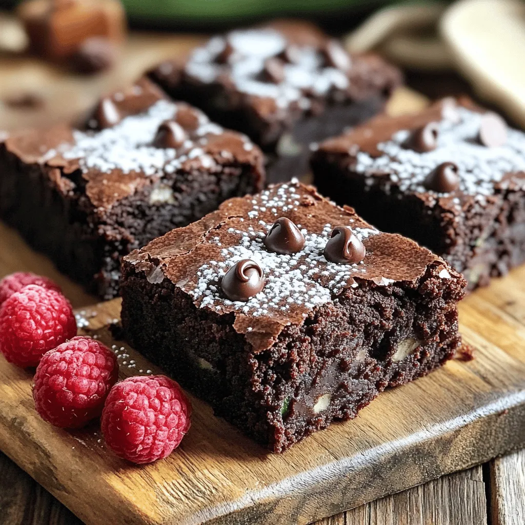 To make these delicious brownies, you need: - 1 cup grated zucchini (about 1 medium zucchini) - 1/2 cup unsweetened cocoa powder - 1/2 cup all-purpose flour These main ingredients are key to creating the perfect texture and flavor. Grated zucchini adds moisture without being too wet. Cocoa powder provides that rich, chocolatey taste. All-purpose flour helps bind everything together. You will also need: - 1/2 cup granulated sugar - 1/2 cup brown sugar, packed - 1/2 cup vegetable oil The combination of granulated and brown sugar gives a nice balance of sweetness. Brown sugar adds a hint of caramel flavor. Vegetable oil keeps the brownies moist and tender. If you want to elevate your brownies, consider these options: - 1/2 cup chocolate chips - 1/2 cup chopped nuts Adding chocolate chips gives extra richness. Chopped nuts add a delightful crunch. You can mix and match based on your tastes. For the complete recipe, check out the [Full Recipe]. Enjoy baking! - Preheat your oven to 350°F (175°C). - Grease or line an 8-inch square baking pan with parchment paper. - In a large bowl, combine 1 cup of grated zucchini, - 1/2 cup of granulated sugar, - 1/2 cup of brown sugar, - 1/2 cup of vegetable oil, - 2 large eggs, and - 1 teaspoon of vanilla extract. - Whisk these ingredients together until smooth. - In another bowl, sift together: - 1/2 cup of cocoa powder, - 1/2 cup of all-purpose flour, - 1/2 teaspoon of baking powder, - 1/4 teaspoon of baking soda, and - 1/4 teaspoon of salt. - Mix well to ensure everything is combined. - Gradually fold the dry ingredients into the wet mixture. - Stir until just combined; avoid overmixing. - If desired, you can add 1/2 cup of chocolate chips or 1/2 cup of chopped nuts for extra texture and flavor. - Pour the brownie batter into the prepared pan. - Spread it evenly with a spatula. - Bake for 25-30 minutes. - Check for doneness by inserting a toothpick; it should come out with a few moist crumbs. - Allow the brownies to cool in the pan for about 10 minutes. - Then, transfer them to a wire rack to cool completely. - Once cool, cut them into squares. - For a lovely finish, serve on a rustic board and dust with powdered sugar. - Enjoy these chocolate zucchini brownies for any occasion! - You can find the complete method in the Full Recipe. To make your brownies moist and rich, start by properly grating the zucchini. Use a box grater or food processor. Make sure to squeeze out excess water using a clean kitchen towel. This step helps keep the brownies from being too wet. Next, do not overmix the batter. Stir the wet and dry ingredients until they just come together. Overmixing can lead to tough brownies, which you want to avoid. You can change the flavor of your brownies by using different types of sugar. Try using coconut sugar or maple sugar for a unique taste. Each sugar type brings its own sweetness and depth. Also, using high-quality cocoa powder makes a big difference. Look for cocoa that is rich and dark. It will boost the chocolate flavor in your brownies. When it comes to serving, presentation matters. Serve your brownies on a rustic wooden board for a homey feel. Dust them with powdered sugar for an elegant touch. You can also add fresh berries or a scoop of vanilla ice cream on the side. These garnishes not only add color but also create a stunning dessert platter. You can find the full recipe to guide you through the steps of making these delicious brownies. {{image_2}} When making chocolate zucchini brownies, you can easily change up the recipe to suit your needs. Here are some great options to try. - Substitute with whole wheat flour: This swap adds fiber and nutrients. Whole wheat flour gives the brownies a nutty taste. - Use unsweetened applesauce: Replace some oil with applesauce. This makes the brownies moist and lowers the fat content. - Gluten-free alternatives: Use a gluten-free flour blend instead of all-purpose flour. This keeps your brownies tasty and safe for those who cannot eat gluten. - Vegan options: Replace eggs with flaxseed meal or chia seeds mixed with water. This makes the brownies plant-based and still delicious. - Adding spices like cinnamon or nutmeg: These spices give a warm and cozy flavor. Just a pinch can make a big difference! - Swapping chocolate chips for other mix-ins: Try nuts, dried fruit, or peanut butter chips. This adds new textures and flavors to your brownies. These variations keep your chocolate zucchini brownies fun and exciting. You can mix and match to create your perfect treat! For the full recipe, click [Full Recipe]. To keep your Chocolate Zucchini Brownies fresh, store leftovers in an airtight container. This keeps moisture in and prevents them from drying out. You can also wrap each brownie in plastic wrap for extra protection. These brownies last up to four days at room temperature. If you store them in the fridge, they can last up to a week. Just remember, refrigeration can make them a bit firmer. To enjoy leftovers, reheat them in the microwave for 10-15 seconds. This warms them up and keeps them soft. Another great option is to use the oven. Preheat it to 350°F (175°C) and heat the brownies for about 5-7 minutes. This helps keep them moist and tasty. Yes, you can use frozen zucchini in this recipe. Thaw it first and drain any extra water. Fresh zucchini has a better texture, but frozen works well too. To check if your brownies are done, use the toothpick test. Insert a toothpick into the center. If it comes out with a few moist crumbs, your brownies are ready. If wet batter sticks to it, bake them a bit longer. Absolutely! To make these brownies nut-free, simply skip the chopped nuts. You can still enjoy a rich, chocolatey flavor without them. Adding zucchini to brownies provides moisture and nutrients. Zucchini is low in calories and high in fiber. It also adds vitamins like A and C. Plus, it sneaks in some veggies for a healthier treat! Enjoy these brownies guilt-free by checking the full recipe. This blog post covered how to make delicious zucchini brownies. We explored the main ingredients, like grated zucchini and cocoa powder. I shared step-by-step instructions for mixing and baking. You found tips for keeping your brownies moist and ideas for variations. In conclusion, baking zucchini brownies is simple and fun. You can enjoy them healthier or with different flavors. Remember to store leftovers properly for the best taste. Enjoy your baking journey!