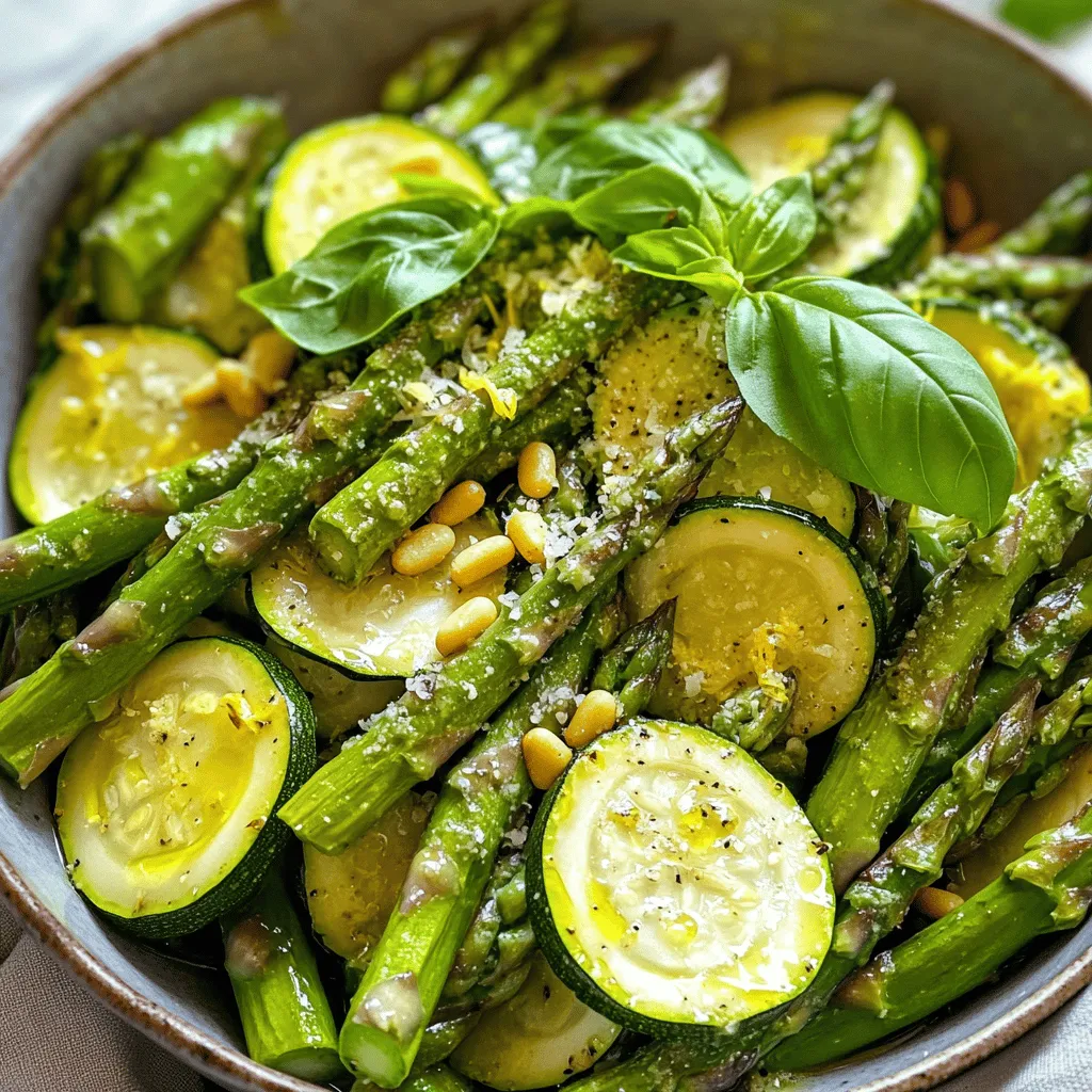 - 1 bunch of fresh asparagus - 2 medium zucchinis - 1 tablespoon olive oil - 2 cloves garlic, minced - 1 teaspoon lemon zest - 1 tablespoon lemon juice - Salt and pepper to taste - ¼ cup grated Parmesan cheese - Fresh basil leaves for garnish When you gather the ingredients for this dish, focus on freshness. Fresh asparagus should be bright green and firm. Choose zucchinis that are smooth and free of blemishes. This dish relies on the natural flavors of these vegetables, so quality is key. Olive oil adds a rich taste. Garlic brings a warm, savory note. Lemon zest and juice brighten the dish, cutting through the richness. Salt and pepper balance all the flavors. For a creamier finish, sprinkle on some grated Parmesan cheese. It adds a nice salty kick. Fresh basil leaves not only add color but also a lovely aroma. This vibrant dish is simple yet packed with flavor. You can find the full recipe for this medley in the recipe section above. Enjoy the process of cooking, as it makes the meal even better! - Wash and trim the asparagus. - Slice zucchini into half-moons. Start by washing the asparagus. This helps remove dirt and any unwanted bits. Next, trim the woody ends off the asparagus. This ensures they are tender and easy to eat. Slice the zucchinis into half-moons. Make sure the slices are even. This helps them cook at the same rate. - Heat olive oil and sauté garlic. - Add asparagus and zucchini to skillet. In a large skillet, heat the olive oil over medium heat. Once hot, add the minced garlic. Sauté it for about 30 seconds until it smells great. This step builds a lovely base flavor. Next, add the trimmed asparagus to the skillet. Sauté it for about 3-4 minutes. Stir frequently until the asparagus turns bright green. This shows it’s cooking well. Now, add the sliced zucchini to the skillet. Continue to cook for another 5 minutes. Stir occasionally until both veggies are tender but still crisp. This keeps them fresh and colorful. - Stir in lemon zest and juice. - Season and serve with optional toppings. Remove the skillet from heat. Stir in the lemon zest and lemon juice for a fresh kick. Season with salt and pepper to taste. This step brightens the flavors. For extra flair, you can top this medley with grated Parmesan cheese if you like. It melts slightly from the heat and adds a rich flavor. Serve it with fresh basil leaves sprinkled on top. This adds a nice touch of color and flavor. Enjoy your vibrant asparagus and zucchini medley! For the complete instructions, check the Full Recipe. To make the best dish, you need fresh veggies. For asparagus, look for bright green stalks. The tips should be closed and firm. Avoid any that are wilted or yellow. When you grab a bunch, it should feel heavy for its size. For zucchini, choose firm ones with smooth skin. Avoid any with soft spots or blemishes. Smaller zucchinis are often sweeter and more tender. You want a good balance of both veggies for a tasty meal. Cooking asparagus and zucchini just right makes a big difference. To get the best taste, adjust your cook time. If you like your veggies tender, cook for a few more minutes. For crunch, stick to the shorter time. To keep that vibrant green color, cook them fast. Use high heat and stir often. This way, they stay bright and fresh. Adding lemon juice at the end also helps keep the color. Pair this dish with grilled chicken or fish. They both add protein and flavor. You can also serve it on a bed of rice or quinoa for a filling meal. For a fun presentation, use a shallow bowl. Drizzle some olive oil on top and sprinkle with lemon zest. Add toasted pine nuts for a nice crunch. For the full recipe, check out the Vibrant Asparagus & Zucchini Medley. Enjoy your colorful dish! {{image_2}} You can easily swap out vegetables in this dish. Try using bell peppers or green beans. These will add different colors and flavors to your medley. If you want to make it vegan, just skip the cheese. The dish will still taste great without it. Adding spices can really boost the flavor. Sprinkle in some red pepper flakes for heat or Italian herbs for a nice aroma. You can also add protein. Chicken or shrimp would make this dish more filling. Cook them in the skillet with the veggies for an all-in-one meal. You can change this recipe with the seasons. In spring, add fresh peas or radishes. In summer, try cherry tomatoes for sweetness. Use seasonal herbs too. Fresh basil in summer or thyme in fall can brighten the dish. Enjoy the changing flavors throughout the year! To store leftovers, let the dish cool first. Place it in an airtight container. Keep it in the fridge for up to three days. When reheating, use a skillet over low heat. This method helps to keep the veggies crisp. You may add a splash of olive oil to revive the flavors. If you want to save some for later, freezing is a great option. First, let the dish cool completely. Then, scoop it into freezer-safe containers. Make sure to leave some space at the top, as it expands when frozen. This meal can last in the freezer for about two months. For the best taste and freshness, eat the dish within three days when stored in the fridge. If you freeze it, use it within two months for the best flavor. Watch for signs of spoilage like a sour smell or mushy texture. If you spot these, it’s best to throw it away. To check if asparagus is done, look for these signs: - Color: It should turn bright green. - Tenderness: It should be crisp but not mushy. You can poke a piece with a fork. If it goes in easily, it’s ready. Overcooking can make asparagus limp. I love it with a slight crunch for the best flavor. Yes, you can prepare this dish in advance. Here are some tips: - Meal Prepping: Cook the veggies and store them in an airtight container. Keep the lemon juice and zest separate until serving. - Reheating: To reheat without losing flavor, warm the dish in a skillet over low heat. Add a splash of olive oil and a squeeze of lemon juice for freshness. This way, you keep the vibrant taste of the dish intact. Asparagus and zucchini both pack a nutritional punch: - Asparagus: High in fiber, vitamins A, C, E, and K. It also helps with digestion. - Zucchini: Low in calories and rich in antioxidants. It supports heart health. When combined, they create a meal rich in nutrients. This medley helps you stay healthy and energized. Plus, it’s an easy way to add veggies to your plate. For the full recipe, check out the Vibrant Asparagus & Zucchini Medley. This blog post covered a fresh, healthy dish featuring asparagus and zucchini. You learned how to prepare, cook, and serve these vegetables. I shared tips on selecting produce and variations for different taste preferences. Remember to store leftovers properly to enjoy your meal later. Embrace your creativity in the kitchen and explore different flavors. Cooking can be fun. Enjoy your meal and keep experimenting with new ideas!