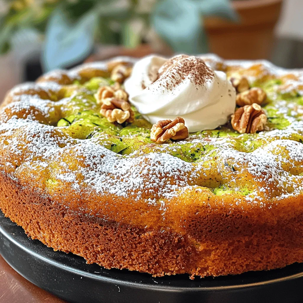 The key to a great spiced zucchini cake lies in its ingredients. Here’s what you’ll need: - 2 cups grated zucchini (about 2 medium zucchini) - 1 ½ cups all-purpose flour - 1 cup granulated sugar - ½ cup brown sugar, packed - ½ cup vegetable oil - 3 large eggs - 1 teaspoon vanilla extract - 1 teaspoon baking soda - ½ teaspoon baking powder - 1 teaspoon ground cinnamon - ½ teaspoon ground nutmeg - ¼ teaspoon ground ginger - ½ teaspoon salt - 1 cup chopped walnuts (optional) - ½ cup raisins or chocolate chips (optional) These ingredients create a moist and flavorful cake. The zucchini adds moisture without a strong taste. The spices bring warmth and depth to every bite. When preparing your cake, make sure to gather your baking essentials. You will need a large mixing bowl, a whisk, and a 9x13-inch baking pan. Greasing the pan or lining it with parchment paper will help with easy removal later. This cake is versatile, so feel free to get creative with add-ins. Walnuts add a nice crunch, while chocolate chips can satisfy your sweet tooth. You can find the full recipe for a detailed guide on how to combine these ingredients perfectly. First, preheat your oven to 350°F (175°C). This helps the cake bake evenly. Next, take a 9x13-inch baking pan. Grease it with butter or oil. You can also line it with parchment paper. This makes it easy to remove the cake later. In a large bowl, add the grated zucchini, vegetable oil, granulated sugar, brown sugar, eggs, and vanilla extract. Mix these ingredients well. You want a smooth blend. In another bowl, whisk the all-purpose flour, baking soda, baking powder, ground cinnamon, nutmeg, ginger, and salt. This step is key for mixing flavors and ensuring a fluffy cake. Now, slowly add the dry mix to the wet zucchini mixture. Stir gently until just combined. Be careful not to overmix; this keeps your cake light. If you want to add some crunch, fold in the chopped walnuts and raisins or chocolate chips at this point. Pour the batter into your prepared baking pan. Spread it evenly. Now, it’s time to bake! Place the pan in the oven and set a timer for about 30-35 minutes. To check if it’s done, insert a toothpick into the center. If it comes out clean or with a few moist crumbs, the cake is ready. Once baked, remove the pan from the oven. Let the cake cool in the pan for about 10 minutes. After that, transfer it to a wire rack to cool completely. Now you have a lovely spiced zucchini cake ready to enjoy! For the full recipe, refer to the earlier sections. To make a fluffy spiced zucchini cake, avoid overmixing your batter. When you combine wet and dry ingredients, mix just until you see no dry flour. This keeps the cake light and airy. For flavor, spices are key. Ground cinnamon, nutmeg, and ginger add warmth. You can also try adding a pinch of cardamom or allspice for a unique twist. Remember, the more fresh your spices, the better your flavor will be. This cake pairs well with whipped cream or vanilla ice cream. A scoop on the side makes it extra special. You can also serve it with a dollop of cream cheese frosting for a richer taste. For presentation, dust the cooled cake with powdered sugar. This adds an elegant touch. You can also sprinkle extra walnuts or cinnamon on top for a beautiful finish. Each slice of spiced zucchini cake has about 220 calories. This recipe makes 12 servings. Zucchini adds moisture and fiber, making the cake healthier. Zucchini is low in calories but high in vitamins A and C. It also helps keep you full longer. So, you can enjoy this cake as a sweet treat without the guilt. {{image_2}} If you want to make a gluten-free spiced zucchini cake, use gluten-free flour. Almond flour or oat flour works well. These flours add a lovely nutty taste. You may need to adjust the liquid amount. Start with the same amount and add more if needed. To make this cake vegan, replace eggs with flax eggs. Mix one tablespoon of ground flaxseed with three tablespoons of water. Let it sit for five minutes to thicken. For oil, use coconut oil or applesauce. These options keep the cake moist and tasty. You can change the spices to create new flavors. Try adding cardamom for a floral note. Cloves give a warm, rich taste. You can also use allspice for a unique twist. Mix and match spices to find your favorite flavor profile. For the full recipe, check the earlier section. To keep your spiced zucchini cake fresh, store it in an airtight container. This protects it from air and moisture. Place the cake at room temperature if you plan to eat it within three days. If not, refrigerate it to extend its life. Make sure to cover the cake with plastic wrap or foil before placing it in the fridge. This helps prevent it from drying out. You can freeze spiced zucchini cake for longer storage. To do this, let the cake cool completely first. Wrap it tightly in plastic wrap, then in aluminum foil. This double wrap prevents freezer burn. Label it with the date before placing it in the freezer. When you're ready to enjoy it, thaw the cake in the fridge overnight. For quicker thawing, you can leave it at room temperature for a couple of hours. When stored correctly, spiced zucchini cake lasts about three days at room temperature. In the fridge, it stays good for up to a week. If frozen, it can last up to three months. Always check for signs of spoilage, such as mold or off smells, before eating. Enjoy your delicious cake knowing you stored it well! For the full recipe, refer to the section above. Yes, you can use frozen zucchini in this recipe. When using frozen zucchini, follow these tips: - Thaw the zucchini first and drain excess water. - Squeeze out moisture using a clean kitchen towel. - Frozen zucchini may be softer but still works well in the cake. Fresh zucchini gives a firmer texture, but frozen is a great alternative. To make this cake healthier, you can try these ideas: - Reduce sugar by using half the amount. - Substitute applesauce for some oil to lower fat content. - Add whole wheat flour for more fiber and nutrients. - Toss in some flaxseed or chia seeds for extra health benefits. These swaps can help you enjoy a lighter version of the cake. Yes, you can easily make cupcakes! Here’s how: - Use a standard cupcake pan and line it with paper liners. - Fill each liner about two-thirds full with batter. - Bake for 18-20 minutes, checking for doneness with a toothpick. Cupcakes are fun and quick to serve, making them a great choice! Pair your spiced zucchini cake with these tasty ideas: - A hot cup of coffee or tea enhances the flavors. - Serve with a scoop of vanilla ice cream for creaminess. - Fresh fruit, like berries or citrus, adds a refreshing touch. - A dollop of whipped cream on top makes it extra special. These pairings elevate your dessert experience! For the full recipe, check out the Spiced Zucchini Cake section above. You now have a complete guide to making a delicious spiced zucchini cake. We covered ingredients, baking steps, and helpful tips. I've shared options for diet variations and storage ideas. Remember, small changes can enhance flavor and texture. Don’t forget to explore ways to enjoy your cake. Whether you pair it with coffee or serve it as dessert, it will impress. Enjoy baking and sharing your tasty creation!