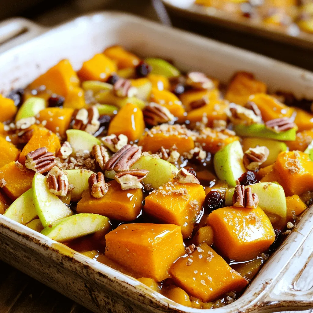 For this cozy and comforting dish, you'll need the following ingredients: - 1 medium butternut squash, peeled and cubed - 2 large apples (like Granny Smith or Honeycrisp), cored and sliced - 1/4 cup brown sugar - 1 teaspoon ground cinnamon - 1/2 teaspoon nutmeg - 1/4 teaspoon ground ginger - 1/4 cup maple syrup - 2 tablespoons olive oil - 1/2 cup chopped pecans (optional) - 1/4 teaspoon salt - 1/2 cup dried cranberries (optional, for added sweetness) You can swap out some ingredients for a twist. Use pears instead of apples for a softer taste. Try honey instead of brown sugar for a milder sweetness. If you want more crunch, add walnuts instead of pecans. You can also skip the nuts for a nut-free option. Swap maple syrup with agave nectar if you prefer. - Butternut Squash: Full of vitamins A and C, this veggie helps boost your immune system. It also has fiber, which is good for digestion. - Apples: They are high in fiber and antioxidants. These help keep your heart healthy. - Brown Sugar: It adds sweetness but also has minerals like calcium and iron. Use it in moderation. - Cinnamon: This spice may help lower blood sugar levels and has anti-inflammatory properties. - Nutmeg and Ginger: Both spices aid digestion and add warmth to your dish. They also have anti-inflammatory benefits. - Maple Syrup: It’s a natural sweetener that contains minerals like manganese and zinc. - Olive Oil: Packed with healthy fats, it helps reduce bad cholesterol levels. - Pecans: They are rich in healthy fats, protein, and fiber. They can help with heart health. - Salt: Used in small amounts, it can enhance flavors. - Dried Cranberries: They add sweetness and are high in antioxidants, which may promote urinary tract health. This dish is not just tasty; it also offers many health benefits, making it a great choice for any meal. Check out the Full Recipe for more details on how to prepare this delightful bake! Start by peeling the butternut squash. Use a sharp knife for safety. Cut it in half and scoop out the seeds. Now, cube the squash into bite-sized pieces. Next, take your apples. Core them and slice them thin. Granny Smith or Honeycrisp work best. In a large mixing bowl, add the cubed squash and sliced apples. In a separate bowl, whisk the brown sugar, cinnamon, nutmeg, ginger, maple syrup, olive oil, and salt. Make sure it is well mixed. Pour this sweet mixture over the squash and apples. Stir gently until everything is coated evenly. Now, transfer the coated mixture into a baking dish. Spread it out evenly. If you want extra crunch, sprinkle chopped pecans and dried cranberries on top. Cover the dish with aluminum foil. Bake it in a preheated oven at 375°F (190°C) for 25 minutes. After that, remove the foil. Bake for another 15 to 20 minutes. You want the squash to be tender and the top to turn golden brown. Finally, let it cool for a few minutes before serving. Enjoy this cozy and comforting dish! For the full recipe, check the section above. When picking a butternut squash, look for one that feels heavy. The skin should be smooth and tan. Avoid any that have soft spots or blemishes. For apples, choose firm ones. Granny Smith adds tartness, while Honeycrisp brings sweetness. Both work well in this dish. Cut the butternut squash into uniform cubes. This helps it cook evenly. The apples should be sliced thinly. Thin slices soften faster and mix well with the squash. Don't skip coating the squash and apples well with the sugar and spices. This adds flavor and helps them caramelize nicely. Serve the bake warm in bowls. Drizzle extra maple syrup on top for sweet flavor. Add more pecans or cranberries for crunch and color. This dish pairs well with roasted meats or a fresh salad. You can also enjoy it as a cozy dessert. For the full recipe, check the section above. {{image_2}} You can switch up the sweeteners in this dish. If you want less sugar, use honey or agave syrup instead of brown sugar and maple syrup. You can also try coconut sugar for a different taste. For toppings, consider using rolled oats or crushed graham crackers. They add a nice crunch. You can also sprinkle a bit of shredded coconut for a tropical twist. This recipe is easy to modify for different diets. To make it vegan, just skip the honey and use maple syrup only. For a gluten-free option, ensure your toppings do not contain gluten. Most nuts and fruits are naturally gluten-free, so you can enjoy them worry-free. Check for gluten-free oats or other toppings if you choose to add some. You can change the fruits based on the season. In fall, pears work great with butternut squash. In winter, add some tart cranberries for a festive touch. In spring, try ripe strawberries or raspberries to keep things fresh. Each fruit brings its unique flavor, making your dish new each time. Be creative and mix up the fruits for a fun surprise! To keep your Butternut Squash Apple Bake fresh, let it cool first. Then, place it in an airtight container. This way, it will stay tasty for up to three days in the fridge. If you use a glass dish, you can cover it with a lid or plastic wrap. This keeps moisture in and prevents drying out. When you want to enjoy leftovers, reheat them in the oven. Set the oven to 350°F (175°C). Place the dish in the oven for about 15 to 20 minutes. Cover it with foil to keep it moist. You can also use the microwave for a quick reheat. Just heat in short bursts of 1 minute, stirring in between. This helps prevent hot spots and keeps the dish nice. If you want to save your Butternut Squash Apple Bake for later, freezing is a great option. First, let it cool completely. Then, portion it into freezer-safe bags or containers. Be sure to remove as much air as possible. This helps prevent freezer burn. You can freeze it for up to three months. When you're ready to eat, thaw it in the fridge overnight and reheat it as mentioned. For the full recipe, please refer to the previous sections. Butternut Squash Apple Bake lasts about 3 to 5 days in the fridge. Store it in an airtight container. This keeps the dish fresh and tasty. If you want to enjoy it later, just reheat in the oven or microwave. Yes, you can make this recipe ahead of time! Prepare everything and store it in the fridge for up to a day. Just cover it tightly before baking. When you're ready, bake it as directed. This saves you time, especially during busy days. Butternut Squash Apple Bake pairs well with many dishes. Here are some ideas: - Roast chicken for a hearty meal - A green salad for a light side - Quinoa or rice for extra fiber - Yogurt or ice cream for dessert These options balance the sweet and savory flavors of the bake. They also make your meal more filling. For the full recipe, check the section above. This blog post covered how to create a tasty Butternut Squash Apple Bake. We discussed key ingredients and their nutritional benefits. I shared tips for prep, cooking, and perfecting your dish. We explored variations and storage options for leftovers. In summary, this dish is not just easy to make; it’s also versatile and nutrient-dense. Enjoy experimenting with its flavors, and remember, each bite can be a new experience.