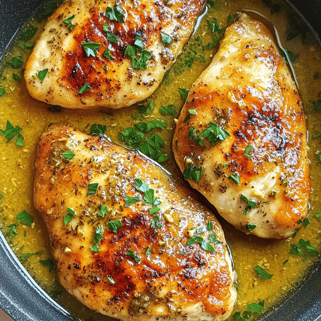 - 4 boneless, skinless chicken breasts - 1 tablespoon olive oil - 1 teaspoon garlic powder - 1 teaspoon smoked paprika - 1 teaspoon onion powder - 1 teaspoon dried thyme - 1 teaspoon salt - ½ teaspoon black pepper - 1 cup chicken broth - 2 tablespoons lemon juice - 1 tablespoon fresh parsley, chopped (for garnish) When cooking, it helps to know how to convert measurements. Here are some tips: - Tablespoons to Teaspoons: 1 tablespoon equals 3 teaspoons. - Cups to Ounces: 1 cup equals 8 ounces. - Pounds to Ounces: 1 pound equals 16 ounces. This can help you when you may need to adjust the recipe based on what you have. You can swap ingredients based on what you have at home. Here are some great options: - Olive Oil: Use avocado oil or vegetable oil instead. - Garlic Powder: Fresh minced garlic works too. Use 1 clove for each teaspoon. - Smoked Paprika: Regular paprika can replace it if you prefer less smoke. - Chicken Broth: Vegetable broth works well for a lighter flavor. - Lemon Juice: Lime juice is a nice alternative for a twist. Feel free to mix and match these ingredients to suit your taste! You can find the full recipe in the article. First, you need to prepare the chicken. Pat the chicken breasts dry with paper towels. This step is key. Dry chicken will sear better. Next, mix your spices in a small bowl. Use garlic powder, smoked paprika, onion powder, dried thyme, salt, and black pepper. Rub this spice mix all over the chicken breasts. Make sure they are evenly coated. This will add flavor as you cook. Now, let's sear the chicken. Heat a large skillet over medium-high heat and add olive oil. Wait until the oil shimmers. Carefully place the chicken breasts in the skillet. Sear each side for about 5-7 minutes. You want them golden brown. Check the internal temperature; it should hit 165°F or 75°C. If your skillet is small, cook in batches. This prevents overcrowding and ensures even cooking. After searing, remove the chicken and set it aside. In that same skillet, add chicken broth and lemon juice. Scrape the bottom of the skillet with a wooden spoon. This helps lift all the tasty bits stuck to the pan. Let the mixture simmer for about 3-4 minutes. It should reduce slightly. Finally, return the chicken to the skillet. Spoon some sauce over it and let it cook for 2 more minutes. This helps the chicken soak up the sauce's rich flavor. You can find the full recipe in the earlier sections. Enjoy your delicious skillet chicken! To keep your chicken juicy, start with good quality chicken breasts. Always pat them dry before cooking. This helps them brown better. Use a meat thermometer to check the internal temperature. Aim for 165°F (75°C). Let the chicken rest for a few minutes after cooking. This allows the juices to settle back in. You need a few key tools for this recipe: - A large, heavy skillet: This helps with even heat. - A meat thermometer: This ensures your chicken cooks perfectly. - Tongs: Use these to flip the chicken without piercing it. - A cutting board: Always good for resting your chicken after cooking. Don’t hesitate to mix up the flavors! Here are some ideas: - Add cayenne pepper for heat. - Use fresh herbs like rosemary or basil. - Swap lemon juice for lime juice for a different zest. - Try using honey for a sweet touch in the sauce. For the full recipe, check out the details provided above. {{image_2}} To make herb-infused chicken, choose fresh herbs. You can use rosemary, thyme, or basil. Chop them finely and mix them into the spice blend. This adds a bright flavor and a nice aroma. You will love the fresh taste! For a spicy kick, add cayenne pepper to your spice mix. Start with a small amount, like 1/4 teaspoon. You can always add more if you love heat. This will give your chicken a nice, bold flavor that packs a punch! For a zesty twist, use extra lemon juice and minced garlic. Add the garlic to the skillet just before deglazing with chicken broth. This will make your sauce rich and fragrant. It pairs well with any side dish. Plus, it’s a great way to brighten up your meal! Try these variations to change things up. They keep the recipe fresh and exciting. The best juicy skillet chicken breasts can be your canvas for flavor! For the complete method, check the Full Recipe. To keep your juicy skillet chicken breasts fresh, let them cool down first. Place the chicken in an airtight container. Make sure to store the chicken in the fridge if you plan to eat it within three days. For longer storage, wrap the chicken tightly in plastic wrap before placing it in the container. This helps prevent freezer burn and keeps it tasty. When you want to enjoy your leftovers, heat the chicken gently. Preheat your skillet over medium heat. Add a splash of chicken broth or water to keep it moist. Place the chicken in the skillet and cover it with a lid. Heat for about 5-7 minutes, flipping halfway through. Check until it reaches a warm center. You can also use a microwave, but be sure to cover it with a damp paper towel to prevent drying. If you want to save some chicken for later, freezing is a great option. First, let the chicken cool completely. Wrap each piece in plastic wrap, then place them in a freezer bag. Remove as much air as you can. Label the bag with the date, so you know when you froze it. The chicken can stay in the freezer for up to three months. To thaw, place it in the fridge overnight before reheating. This method keeps the chicken juicy and delicious. For the full recipe, check out The Best Juicy Skillet Chicken Breasts. You can check if chicken is cooked by using a meat thermometer. Insert it into the thickest part of the breast. The safe cooking temperature is 165°F (75°C). If you don't have a thermometer, cut into the chicken. The juice should run clear, and the meat should not be pink. Yes, you can use frozen chicken breasts. However, you need to thaw them first. Thaw overnight in the fridge or use the microwave. Cooking frozen chicken directly in the skillet can lead to uneven cooking. It is best to ensure they are fully thawed for the best results. Some great side dishes include: - Steamed vegetables like broccoli or green beans - Mashed potatoes or roasted potatoes - Quinoa or rice - A fresh garden salad These sides pair well and make your meal more balanced. You can also add a slice of crusty bread to soak up the flavorful sauce from the chicken. For the full recipe, check out [Full Recipe]. You now have all the tools to create delicious skillet chicken. We covered key ingredients, preparation steps, and helpful tips to keep your chicken juicy. Remember to explore variations like herb-infused options for extra flavor. Lastly, follow our storage tips to enjoy leftovers safely. With these guidelines, you can make a satisfying meal anytime. Happy cooking!