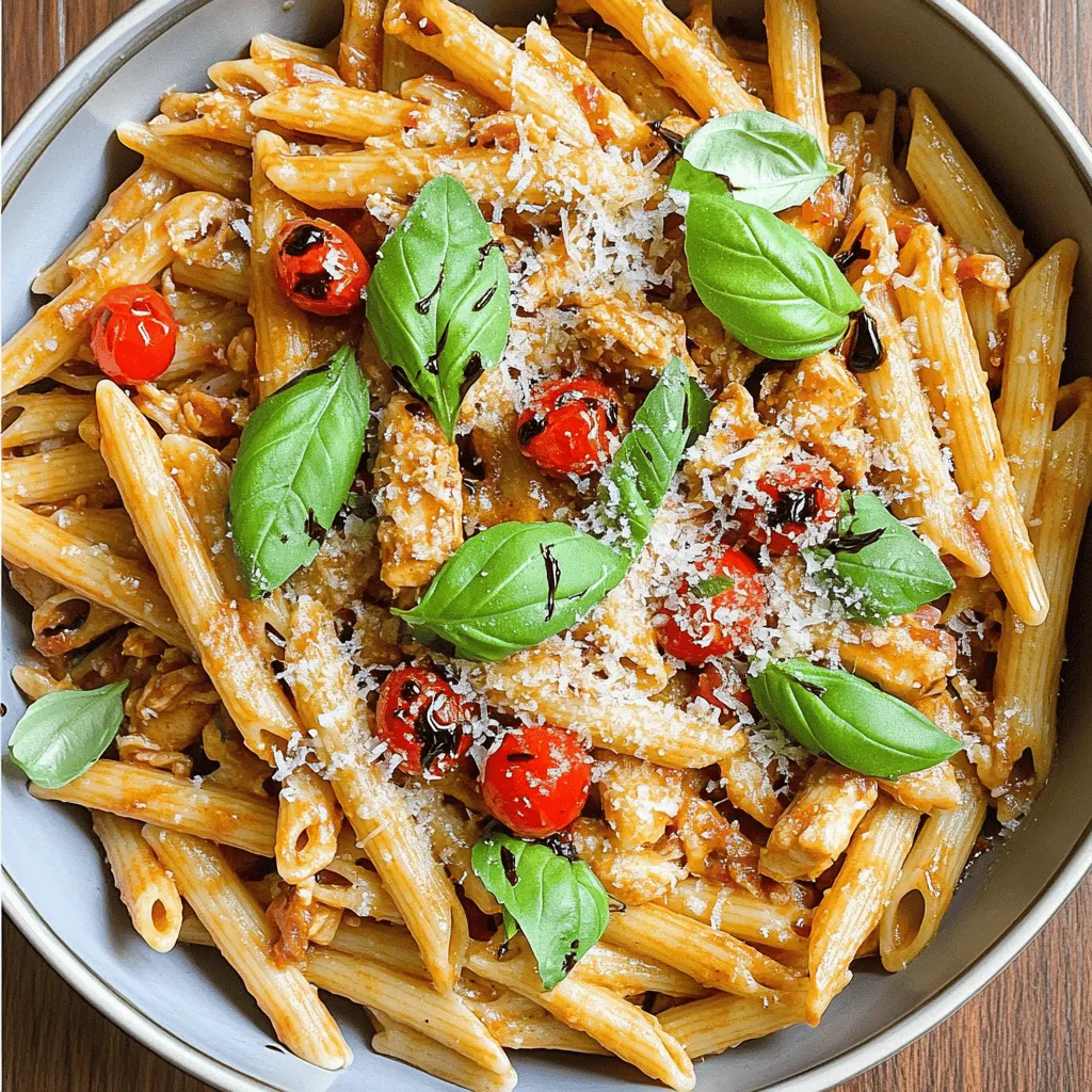To make Bruschetta Chicken Pasta, gather these fresh ingredients: - 2 chicken breasts, diced - 8 oz pasta (penne or fusilli works well) - 2 cups cherry tomatoes, halved - 1 cup fresh basil leaves, chopped - 3 cloves garlic, minced - 2 tablespoons balsamic vinegar - 3 tablespoons olive oil - 1 teaspoon Italian seasoning - Salt and pepper to taste - Grated Parmesan cheese for serving Choosing fresh ingredients makes your dish shine. Here are some tips: - Chicken: Look for bright pink chicken with no smell. It should feel firm. - Tomatoes: Select tomatoes that are bright and smell sweet. They should feel slightly soft. - Basil: Choose basil that is vibrant and green. Avoid brown or wilted leaves. - Pasta: Pick high-quality pasta brands. They cook better and hold sauce well. - Garlic: Fresh garlic should be firm and dry, with no soft spots. If you need to swap out ingredients, here are some ideas: - Chicken: Use turkey or tofu for a different protein. - Pasta: Any shape of pasta works. Try whole wheat or gluten-free options. - Tomatoes: Canned diced tomatoes can replace fresh if needed. - Basil: Use spinach or parsley if you can’t find basil. - Parmesan: Nutritional yeast can replace cheese for a dairy-free version. Feel free to mix and match based on what you have at home! You can find the Full Recipe to guide you through every step of this delightful dish. To make Bruschetta Chicken Pasta, start with the pasta. Boil water in a large pot and add salt. Cook 8 oz of pasta until al dente. This usually takes about 8-10 minutes. Drain it and set it aside. Next, heat 2 tablespoons of olive oil in a large skillet over medium heat. Add 2 diced chicken breasts, seasoned with salt, pepper, and a teaspoon of Italian seasoning. Cook this for 6-8 minutes until the chicken is golden brown and fully cooked. Remove the chicken from the skillet and set it aside. In the same skillet, add 1 tablespoon of olive oil. Toss in 3 minced garlic cloves. Cook it for about 1 minute until you smell the garlic. Then, add 2 cups of halved cherry tomatoes. Cook these for 3-4 minutes until they soften. Stir in 2 tablespoons of balsamic vinegar and cook for another minute. Return the cooked chicken to the skillet. Add the drained pasta and toss everything well. Remove the skillet from the heat. Stir in 1 cup of chopped fresh basil. Taste and add more salt and pepper if you need to. To cook pasta perfectly, use a large pot with plenty of water. This helps the pasta cook evenly. Always add salt to the boiling water. It enhances the pasta's flavor. Stir the pasta during cooking to prevent sticking. Test the pasta a minute before the package time. It should be firm but not hard. For chicken, cut it into small, even pieces. This helps it cook faster and evenly. Heat the pan before adding oil. This prevents sticking. Cook the chicken until it is no longer pink inside. Use a meat thermometer to check. The internal temperature should be 165°F. Let it rest for a few minutes before adding it back to the dish. This keeps it juicy. For the full recipe, check out the complete instructions. To boost the taste of your bruschetta chicken pasta, focus on fresh ingredients. Fresh basil adds a bright flavor. Use ripe cherry tomatoes for sweetness. When cooking chicken, season it well with salt and pepper. Adding Italian seasoning gives it depth. Drizzle extra balsamic vinegar before serving to enhance the dish. Meal prep makes cooking easier. Chop your ingredients ahead of time. Dice the chicken and halve the tomatoes early. Store them in the fridge until you’re ready to cook. When boiling pasta, always add salt to the water. This step improves the pasta's flavor. For best results, cook pasta al dente; it holds up well when mixed with sauce. Serve bruschetta chicken pasta warm for the best taste. Top it with grated Parmesan cheese for a creamy touch. Pair the dish with a side salad for freshness. A light, crisp white wine complements the flavors perfectly. You can also add crusty bread to soak up any leftover sauce. For more details, check the Full Recipe. {{image_2}} If you want to make a vegetarian or vegan version of bruschetta chicken pasta, it's easy. Instead of chicken, use grilled eggplant or zucchini. These veggies add a nice, smoky flavor. You can also use firm tofu, marinated and sautéed for a protein boost. For the cheese, skip the Parmesan. Use nutritional yeast for a cheesy taste without dairy. This keeps the dish light and fresh. You can switch up the pasta in this dish for fun. Whole wheat pasta adds a nutty taste and more fiber. Gluten-free pasta is great if you need a gluten-free option. Try using spiralized vegetables, like zucchini or carrots, for a low-carb choice. Each type of pasta brings a unique flavor and texture that changes the dish. Choose what you enjoy most! Seasonal ingredients make bruschetta chicken pasta even better. In spring, add fresh asparagus or peas for a pop of green. Summer is perfect for ripe heirloom tomatoes and sweet corn. In fall, use roasted butternut squash for a sweet twist. Winter brings hearty greens like kale or spinach. Using local and fresh ingredients not only tastes great but also supports local farmers. Enjoying seasonal flavors makes each meal special! After you enjoy your Bruschetta Chicken Pasta, store leftovers in an airtight container. Make sure to cool it down first. You can keep it in the fridge for up to three days. This keeps the flavors fresh and tasty. When you’re ready to eat the leftovers, reheating is key. Use the stovetop for the best results. Add a splash of olive oil or water to the pan. This helps keep the pasta moist. Heat it on medium until warm. Stir often to avoid sticking. You can also use the microwave. Just cover the dish and heat in short bursts. Stir in between to keep it even. Freezing is a great option if you have more than you can eat. Pack the pasta in a freezer-safe container. Leave some space at the top since it expands. It’s best to freeze within two days of cooking. To reheat, let it thaw in the fridge overnight. Then, follow the reheating tips above for the best taste. Enjoy your delicious meal anytime! To make Bruschetta Chicken Pasta, start by cooking your pasta. Use a large pot of salted water. Cook until al dente, then drain it. In a skillet, heat olive oil over medium heat. Add diced chicken, seasoned with salt and pepper. Cook it until golden brown. Remove the chicken and set it aside. In the same skillet, add minced garlic and sauté briefly. Next, add halved cherry tomatoes and cook until they soften. Stir in balsamic vinegar, then add the chicken back. Toss in the drained pasta and mix everything well. Finally, stir in fresh basil and serve with grated Parmesan. For Bruschetta Chicken Pasta, I recommend using penne or fusilli. These shapes hold sauce well, making every bite flavorful. Penne has ridges that catch the sauce, while fusilli twists add a fun texture. Both options work nicely with the chicken and tomatoes. If you want to try something different, you can also use farfalle or rotini. The key is to choose pasta that can mix well with the ingredients. Yes, you can prepare Bruschetta Chicken Pasta ahead of time. Cook the pasta and chicken as directed. Once they cool, store them in separate containers. You can keep them in the fridge for up to three days. When ready to eat, simply reheat the pasta and chicken together. Add fresh basil and tomatoes just before serving to keep them vibrant. This makes it a great option for meal prep! For the full recipe, check out the detailed instructions above. Bruschetta chicken pasta is a smart dish. We explored key ingredients and how to choose the best ones. I shared tips for cooking perfect pasta and chicken, plus ways to boost flavor. We also discussed variations for all diets and smart storage tips for leftovers. Cooking at home can be fun. Try new flavors and enjoy your meal. With practice, you will make this pasta a favorite!