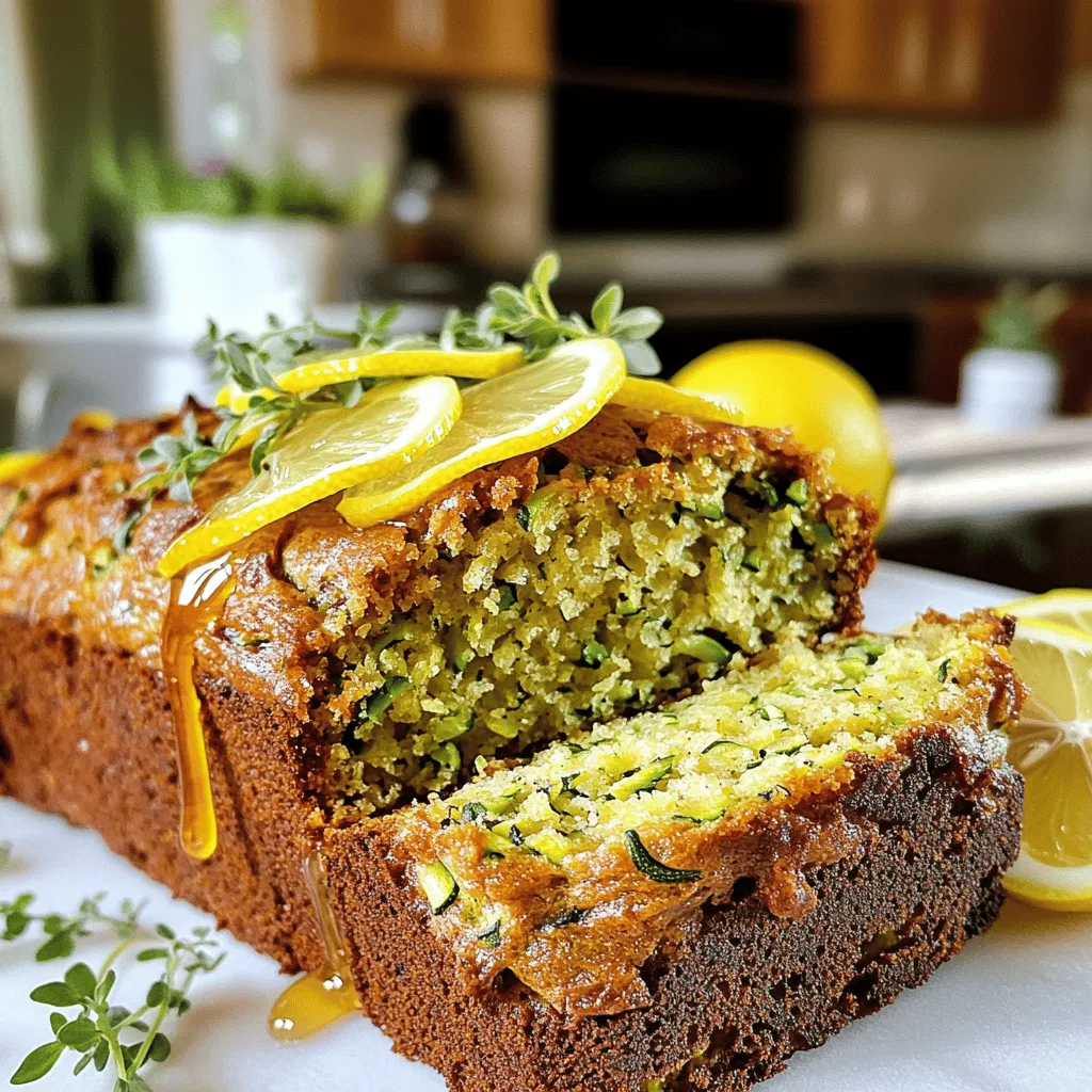 Here are the ingredients you need for my zesty lemon zucchini bread. Each one plays a key role in making this treat delicious. - Grated zucchini: You need 2 medium zucchinis. Grate them well to mix easily. - All-purpose flour: Use 1 cup for a light texture. - Whole wheat flour: Add 1 cup for a nutty flavor. - Baking soda: You’ll need 1 teaspoon to help it rise. - Baking powder: Use 1 teaspoon along with the baking soda. - Salt: Just ½ teaspoon will balance the sweetness. - Ground cinnamon: 2 teaspoons add warm spice. - Granulated sugar: Use 1 cup for sweetness. - Brown sugar: ½ cup packed gives depth of flavor. - Eggs: 3 large eggs help bind everything together. - Vegetable oil: ½ cup keeps the bread moist. - Vanilla extract: 1 teaspoon enhances the taste. - Lemon zest: The zest of 1 lemon brightens the flavor. - Fresh lemon juice: ¼ cup adds a tangy kick. - Optional add-ins: You can add ½ cup of chopped walnuts or pecans for crunch. With these ingredients, you can create a flavorful and easy homemade delight. For detailed steps, check the full recipe. 1. Preheat your oven to 350°F (175°C). Grease a 9x5 inch loaf pan or line it with parchment paper. 2. In a medium bowl, mix together the all-purpose flour, whole wheat flour, baking soda, baking powder, salt, and ground cinnamon. Whisk until well combined. 3. In a large bowl, beat the granulated sugar, brown sugar, eggs, and oil until creamy and smooth. 4. Stir in the lemon zest and lemon juice with the grated zucchini. Mix until just blended. 5. Gradually add the dry ingredients to the wet mixture. Stir gently to combine. Be careful not to overmix. You can fold in the chopped walnuts or pecans if you like. 6. Pour the batter into the prepared loaf pan and smooth the top with a spatula. 7. Bake in the oven for about 50-60 minutes. Check with a toothpick in the center; it should come out clean. 8. Once baked, take the loaf out of the oven. Let it cool in the pan for 10 minutes. Then, transfer it to a wire rack to cool completely. This recipe is easy and fun to make. You will enjoy the delightful aroma while it bakes! For the complete recipe, refer to the [Full Recipe]. Adjusting baking time is key when using different ovens. Ovens can vary in heat. If your oven runs hot, check the bread early. Use a toothpick to test for doneness. Insert it in the center of the loaf. If it comes out clean, your bread is ready. Another tip is to rotate the pan halfway through baking. This helps the bread bake evenly. If the top browns too fast, cover it with foil. This way, it won’t burn while the inside cooks. Choosing the right zucchini makes a big difference. Select firm zucchinis with shiny skin. Avoid soft or wrinkled ones as they lack flavor. For flour, mix all-purpose and whole wheat for a hearty texture. If you want healthier options, try substitutes. Use applesauce instead of oil for less fat. You can also swap out sugar with honey or maple syrup. Adjust the quantity as needed, since these sweeteners are liquid. For those watching carbs, almond flour is a great choice. It adds a nutty flavor and cuts carbs. You can also add flaxseed meal for extra fiber. These swaps help you enjoy zucchini bread while sticking to your health goals. For more details, check out the Full Recipe. {{image_2}} You can easily switch up the flavor of zucchini bread. One fun way is by adding chocolate chips. This gives your bread a sweet twist that delights both kids and adults. Simply fold in a cup of semi-sweet or dark chocolate chips into your batter before baking. Another option is to incorporate fresh herbs for a savory version. Basil or thyme works well and adds a unique taste. Just chop a few leaves and mix them into the batter. This new twist makes the bread perfect for brunch or as a side dish. To change the texture, consider adding nuts. Walnuts or pecans add a nice crunch. You can use half a cup of your chosen nuts. Fold them in gently to keep the bread light. Dried fruits also make great add-ins. Cranberries or raisins can add a burst of sweetness. You can mix in half a cup of dried fruits into the batter. This not only enhances flavor but also adds a chewy texture that contrasts nicely with the soft bread. Feel free to explore these variations in your baking. Each twist can make your zucchini bread exciting and new. Check out the Full Recipe for more ideas! To keep your zucchini bread fresh, wrap it tightly in plastic wrap or foil. This way, it stays moist and tasty. You can also place it in an airtight container. Store it at room temperature for up to four days. If you want to keep it longer, freezing is a great option. To freeze, slice the bread first. Then, wrap each slice in plastic wrap and place them in a freezer bag. This makes it easy to grab a slice when you want it. When you want to enjoy the frozen bread, take it out and let it thaw. You can leave it on the counter for a few hours. For a quicker method, use the microwave on low power for about 30 seconds. This will warm it up nicely. Zucchini bread lasts for about three to four days at room temperature. Keep it in a cool, dry place away from direct sunlight. If you store it in the fridge, it can last up to a week. Refrigeration helps slow down spoilage. However, it may dry out quicker than when stored at room temperature. Always check for any signs of mold before eating. Enjoy your flavorful homemade delight! Can you use frozen zucchini in the recipe? Yes, you can use frozen zucchini. Thaw it first and drain excess water. This helps keep your zucchini bread moist. Fresh zucchini works best, but frozen is a good option if fresh is not available. What can I serve with zucchini bread? Zucchini bread pairs well with many items. You can spread cream cheese or butter on top. A drizzle of honey adds sweetness. Fresh fruit or a light salad can also complement your meal. Can I substitute honey for sugar? You can substitute honey for sugar, but adjust the amount. Use about ¾ cup of honey for every cup of sugar. Reduce the liquid in the recipe by about ¼ cup. Honey adds moisture and a unique flavor to your bread. How to adjust the recipe for mini loaves? For mini loaves, reduce the baking time. Bake for about 30 to 35 minutes. Check for doneness by inserting a toothpick. It should come out clean. Mini loaves are perfect for gifts or sharing with friends. What are the health benefits of zucchini? Zucchini is low in calories and packed with nutrients. It has vitamins A and C, which boost your immune system. Zucchini also has fiber, which helps with digestion. This makes it a nutritious addition to your diet. Is zucchini bread a healthy choice? Zucchini bread can be a healthy choice, especially when made with whole grains. It provides fiber and essential vitamins. To make it even healthier, consider using less sugar or adding nuts. This boosts protein and healthy fats. The recipe I mentioned is a great way to enjoy a tasty treat without guilt. In this post, we covered how to make delicious zucchini bread. You learned about the key ingredients like grated zucchini and various flour types. We explored preparation and baking steps, plus tips for success and variations. Remember, choosing the right zucchini and flour matters, and you can customize your loaf with nuts or chocolate. Zucchini bread is not just tasty; it offers health benefits too. Now, roll up your sleeves and start baking. Enjoy sharing your homemade zucchini bread with family and friends.