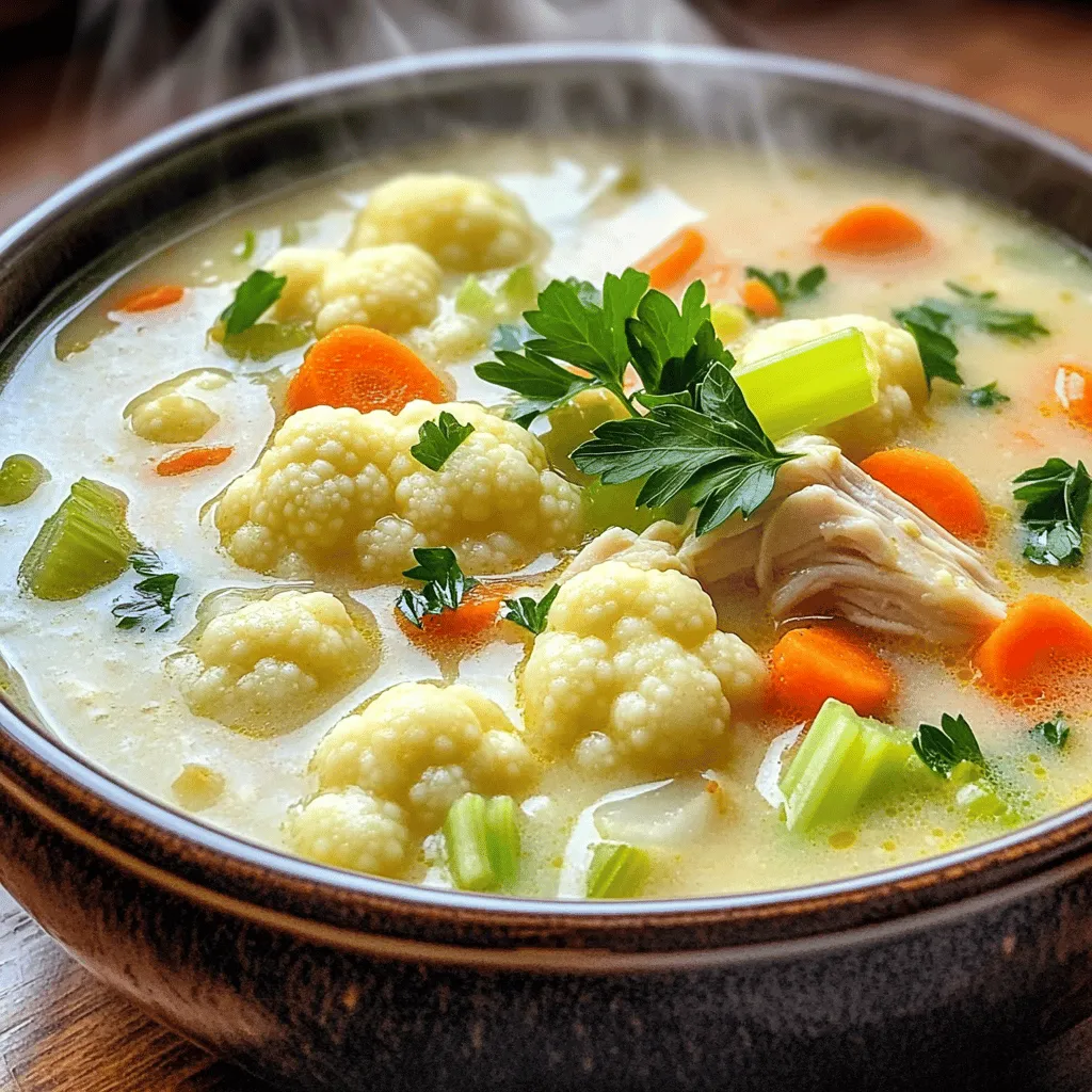 - 1 pound boneless, skinless chicken breast, diced - 1 medium head of cauliflower, cut into florets - 1 medium onion, chopped - 2 cloves garlic, minced - 1 cup carrots, diced - 1 cup celery, diced These main ingredients create a hearty base for our soup. The chicken adds protein, while cauliflower brings a creamy texture. The onion and garlic provide great flavor, and carrots and celery add sweetness and crunch. - 4 cups low-sodium chicken broth - 1 cup milk (or a plant-based alternative) - 2 tablespoons olive oil - 1 teaspoon dried thyme - 1 teaspoon smoked paprika - Salt and pepper to taste The chicken broth makes the soup warm and comforting. Milk gives it creaminess, while olive oil helps sauté the veggies. Thyme and smoked paprika add depth. Salt and pepper bring out all the flavors. - Fresh parsley, chopped (for garnish) Fresh parsley is a bright touch. It adds color and freshness to every bowl. Just a little sprinkle on top makes the soup look even more inviting. For the full recipe, check out the details on making this 30-Minute Cauliflower Chicken Soup. - Sautéing the onion and garlic Start by heating olive oil in a large pot over medium heat. Add the chopped onion and minced garlic. Sauté them for about 3 to 4 minutes. The onion should turn translucent. This step builds a great flavor base for the soup. - Browning the chicken Next, add your diced chicken breast to the pot. Cook it for about 5 to 7 minutes. You want the chicken to brown on all sides. This adds depth to the soup and makes the chicken tasty. - Adding vegetables and spices After browning the chicken, stir in the diced carrots and celery. Cook these for another 3 to 4 minutes. They should start to soften. Then, add the cauliflower florets, dried thyme, and smoked paprika. Season with salt and pepper to taste. Mix everything well to coat the veggies. - Combining with broth and simmering Pour in the low-sodium chicken broth. Bring the mixture to a boil. Once boiling, reduce the heat to a simmer. Let it cook for about 15 minutes. This allows the cauliflower to become tender and the flavors to meld. - Blending texture preferences Now, use an immersion blender to blend the soup. Blend until smooth and creamy. If you like a chunkier texture, blend only half. This gives you control over how your soup feels. - Heating through and adjusting seasoning Stir in the milk and let it heat for an additional 2 to 3 minutes. Taste the soup and adjust the seasoning with more salt and pepper, if needed. Your soup is now ready to enjoy! For the full recipe, check the earlier section. Using pre-cooked chicken can save you time. You can use rotisserie chicken or leftovers. Just add it to the pot at the same time you add the broth. Prepping vegetables in advance also helps speed things up. Chop your onion, garlic, carrots, and celery ahead of time. Store them in the fridge until you are ready to cook. This way, you can cut down on your cooking time. To add more flavor, try adding fresh herbs like basil or cilantro. A squeeze of lemon juice can also brighten the taste. You can even add a pinch of red pepper flakes for heat. For serving suggestions, consider pairing this soup with crusty bread or a fresh salad. A slice of sourdough or a simple green salad makes a great side. If you want your soup thicker, you can add a little more cauliflower or use a potato. Blend in more florets to get a creamier texture. For a rich flavor, swap regular milk with cream or a plant-based alternative. Coconut milk gives a nice, subtle sweetness. Adjust the thickness by adding more broth if you prefer a thinner soup. Check out the Full Recipe for exact measurements and instructions! {{image_2}} You can mix it up with other veggies. Consider adding: - Spinach - Broccoli - Peas These add color and flavor. You can also swap proteins. Use turkey or tofu for a twist. Turkey gives a nice taste. Tofu makes it plant-based and healthy. Want a dairy-free soup? Use almond milk or coconut milk instead. Both options keep it creamy. For gluten-free, make sure to use gluten-free broth. Check labels on all items to be safe. You can also reduce sodium. Use fresh herbs instead of salt. This keeps the flavor strong without extra salt. You can turn this soup into a stew. Just add more vegetables and cook a bit longer. It makes for a heartier meal. Serve it with various garnishes too. Try adding: - Croutons - Chopped green onions - A dollop of yogurt These toppings can make it fun and tasty. For the full recipe, check the main article. Each variation makes this soup your own! Store your leftover soup in an airtight container. This keeps it fresh and safe. The soup stays good for about three to four days in the fridge. Before eating, check for any signs of spoilage, like strange smells or colors. To freeze the soup, let it cool first. Pour it into freezer-safe containers, leaving some space at the top. This allows for expansion. The soup will keep well for about three months in the freezer. When you're ready to eat, thaw it overnight in the fridge or use the microwave. Heat it up on the stove over low heat, stirring often. After storage, you can enjoy the soup in many ways. Serve it warm with crusty bread for a comforting meal. You can top it with fresh herbs or a sprinkle of cheese. For a fun twist, add a squeeze of lemon juice for brightness. Pair leftovers with a simple salad for a balanced lunch or dinner. This soup takes just 30 minutes total. Here’s how the time breaks down: - Prep Time: 10 minutes - Cook Time: 20 minutes In just those 30 minutes, you get a warm and tasty meal. Yes, you can make this soup ahead of time. Here are some tips for meal prep and storage: - Make Ahead: Cook the soup and let it cool. - Store in Fridge: Use an airtight container. It lasts about 3-4 days. - Freezing: You can freeze it for up to 3 months. Use freezer-safe containers. When ready to eat, thaw it overnight in the fridge. You have options if you want to swap out chicken. Here are some good alternatives: - Turkey: Use diced turkey breast instead of chicken. - Tofu: For a veggie option, diced firm tofu works well. - Beans: Canned beans like chickpeas add protein and flavor. Feel free to mix in any of these for a tasty twist! Yes, this soup is quite healthy! Here’s why: - Low in Calories: It’s light but filling. - Packed with Veggies: Cauliflower, carrots, and celery provide vitamins. - Lean Protein: Chicken breast adds protein without much fat. - Dairy Option: You can use milk or a plant-based choice. This soup is a great choice for a nutritious meal! Check out the Full Recipe for more details. This blog post detailed how to make a flavorful 30-Minute Cauliflower Chicken Soup. You learned about the main ingredients, cooking steps, and tips to boost flavor. We explored variations for different diets and storage options. This soup is versatile and quick, perfect for busy days. Overall, it is a healthy option filled with nutrients. Try experimenting with different ingredients to make it your own. Enjoy a warm bowl of comfort, made just the way you like it.