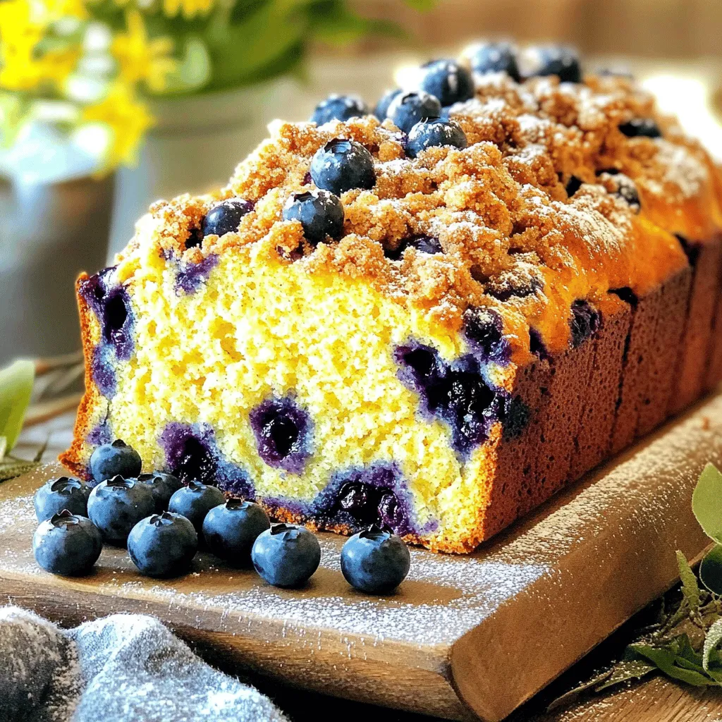 To make this tasty Blueberry Streusel Bread, gather these simple ingredients: - 2 cups all-purpose flour - 1 cup granulated sugar - 2 teaspoons baking powder - 1/2 teaspoon baking soda - 1/2 teaspoon salt - 1/2 cup unsalted butter, softened - 2 large eggs - 1 teaspoon vanilla extract - 1/2 cup buttermilk (or 1/2 cup milk + 1/2 teaspoon vinegar) - 1 1/2 cups fresh blueberries (or frozen, thawed) For the streusel topping, you will need: - 1/3 cup all-purpose flour - 1/3 cup brown sugar, packed - 1/2 teaspoon cinnamon - 3 tablespoons cold unsalted butter, cubed You can swap some ingredients for other options if you need. Here are a few ideas: - Flour: Use whole wheat flour for a heartier bread. - Sugar: Substitute brown sugar for granulated sugar for a richer flavor. - Butter: Coconut oil or vegetable oil can work in place of butter. - Buttermilk: Use yogurt mixed with water if you don't have buttermilk. To make your bread even more fun, try these add-ins: - Nuts: Chopped walnuts or pecans add a crunchy texture. - Zest: Lemon or orange zest gives a fresh twist. - Spices: A pinch of nutmeg or cardamom can enhance the flavor. - Chocolate: Mini chocolate chips make it a sweet treat. Feel free to mix and match to create your perfect loaf! For the full recipe, check out the detailed instructions. To start, preheat your oven to 350°F (175°C). Grease a 9x5 inch loaf pan with non-stick spray or butter. In a large bowl, whisk together 2 cups of all-purpose flour, 1 cup of granulated sugar, 2 teaspoons of baking powder, 1/2 teaspoon of baking soda, and 1/2 teaspoon of salt. This mix makes the base for our bread. In another bowl, cream 1/2 cup of softened butter and the sugar until it feels light and fluffy. Then, add 2 large eggs one at a time. Make sure to mix well after each egg. Next, stir in 1 teaspoon of vanilla extract. This adds a lovely flavor to the bread. Now, alternate adding the dry mix and 1/2 cup of buttermilk to the butter mix. Start and end with the dry mix. Mix until just combined. Gently fold in 1 1/2 cups of fresh blueberries. Be careful not to break them. In a small bowl, mix 1/3 cup of all-purpose flour, 1/3 cup of packed brown sugar, and 1/2 teaspoon of cinnamon. This gives a nice spice to the topping. Add 3 tablespoons of cold, cubed unsalted butter. Use a fork to mix until it looks like coarse crumbs. This topping will add a crunchy layer on top of the bread. Pour the batter into your greased loaf pan. Sprinkle the streusel topping evenly over the batter. Bake in your preheated oven for 55-60 minutes. Check if it is done by inserting a toothpick into the center. If it comes out clean, your bread is ready. After baking, let the bread cool in the pan for about 10 minutes. Then, transfer it to a wire rack to cool completely. This helps keep the texture just right. To get the best texture in your blueberry streusel bread, follow these steps: - Use room-temperature butter. It should feel soft but not melted. - Mix the batter until just combined. Over-mixing can make the bread tough. - Gently fold in the blueberries. This keeps them whole and juicy. Aim for a thick batter. It helps the bread rise properly and stay moist during baking. Here are some mistakes to avoid that can ruin your bread: - Using cold ingredients. Cold butter or eggs can lead to uneven mixing. - Skipping the buttermilk. This adds moisture and a slight tang. - Not greasing the pan. A well-greased pan prevents sticking. Try not to open the oven door too often. This can cause the bread to sink. Serving your blueberry streusel bread can be fun! Here are some ideas: - Serve warm with butter or cream cheese. This adds richness. - Pair with fresh fruit or yogurt. This balances the sweetness. - Top with a sprinkle of powdered sugar for a lovely touch. For a special treat, enjoy it with a scoop of vanilla ice cream. It makes for a delightful dessert! For the complete recipe, check the Full Recipe link above. {{image_2}} You can make this bread gluten-free. Use a gluten-free flour blend instead of all-purpose flour. Look for blends that include xanthan gum for better texture. This swap keeps the bread soft and tasty. Follow the same steps in the recipe, and enjoy your gluten-free delight. Blueberries shine in this recipe, but you can mix it up! Try using raspberries, strawberries, or blackberries. Each fruit adds its own flavor. For a fun twist, combine different fruits. Adjust the amount based on your choice. Keep the total fruit about 1.5 cups for the best results. To make this recipe vegan, swap the eggs for flaxseed meal. Mix one tablespoon of flaxseed meal with three tablespoons of water. Let it sit for five minutes until it thickens. For the butter, use a plant-based option like coconut oil or vegan butter. Replace buttermilk with almond milk mixed with lemon juice. These changes keep the bread moist and delicious. For the complete recipe, check the [Full Recipe]. To keep your leftover blueberry streusel bread fresh, wrap it tightly in plastic wrap. You can also store it in an airtight container. Place it in a cool, dry spot on your counter. Make sure to eat it within three days for the best taste. If you notice it getting dry, it's best to use it up quickly. You can also enjoy it toasted with a bit of butter. Freezing blueberry streusel bread is easy. First, let it cool completely on a wire rack. Then, slice the bread into pieces for easy serving. Wrap each slice in plastic wrap, then place the slices in a freezer bag. Squeeze out any air and seal it tight. This way, you can keep the bread for up to three months. When you want to enjoy a slice, simply thaw it in the fridge overnight or at room temperature for a few hours. To reheat your blueberry streusel bread, I suggest using the oven or toaster oven. Preheat your oven to 350°F (175°C). Place the slices on a baking sheet and warm them for about 10 minutes. This will make the bread warm and soft. If you're in a hurry, you can use the microwave. Heat a slice for about 15-20 seconds. Just be careful not to overheat it, or the bread may get tough. Enjoy the warm, sweet aroma filling your kitchen! To make blueberry streusel bread less sweet, reduce the sugar. You can cut the granulated sugar down to 3/4 cup. This change keeps the flavor but lowers the sweetness. You can also use less sweet toppings. Try a sprinkle of oats or nuts instead of streusel. These options add crunch without added sugar. Yes, you can use frozen blueberries in this recipe. Just make sure to thaw them first. Drain any excess liquid to prevent a soggy bread. Gently fold them into the batter to keep their shape. Frozen blueberries work well and still provide great flavor. The best way to check if the bread is done is to use a toothpick. Insert it into the center of the loaf. If it comes out clean, the bread is done. You can also look for a golden-brown crust. The bread should feel firm to the touch. Blueberry streusel bread lasts about 3 to 4 days at room temperature. Store it in an airtight container to keep it fresh. For longer storage, you can freeze it. Wrap it well in plastic wrap and foil. It can last up to 3 months in the freezer. This blog post covered how to make Blueberry Streusel Bread. We explored the key ingredients and substitutes. I shared tips for making the batter and streusel topping. You learned how to avoid common mistakes and serve with style. We also talked about variations, storage methods, and answered your FAQs. With these steps, you can enjoy baking this delicious treat. Simple changes can make it your own. Get excited to bake and share this tasty bread!