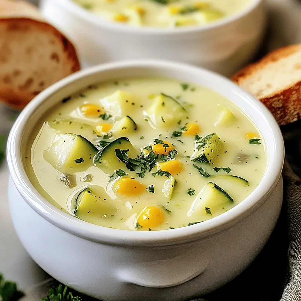 - 3 medium zucchinis, diced - 1 cup sweet corn (frozen or fresh) - 1 large onion, finely chopped - 2 cloves garlic, minced - 3 medium potatoes, peeled and diced - 4 cups vegetable broth - 1 cup coconut milk - 1 teaspoon dried thyme - 1 teaspoon smoked paprika - 2 tablespoons olive oil - Salt and pepper to taste - Fresh parsley, chopped (for garnish) When I make zucchini chowder, I start with the main ingredients. Zucchini is key for its mild taste. It adds a nice texture and nutrition. I also love sweet corn, which brings a sweet crunch. The onion and garlic add depth and flavor. Potatoes make the chowder hearty and filling. Next, I gather the additional ingredients. Vegetable broth serves as a great base. Coconut milk adds creaminess without dairy. Dried thyme and smoked paprika offer warm, aromatic notes. Olive oil brings it all together, enhancing the flavors. Finally, I focus on seasoning. Salt and pepper are essential for taste. I always add fresh parsley at the end. It gives a pop of color and freshness to the dish. This combination of ingredients leads to a delightful and hearty chowder. You can find the full recipe [here](#). - Heat 2 tablespoons of olive oil in a large pot over medium heat. Add the finely chopped onion. Sauté for about 5 minutes until it turns soft and clear. - Next, add 2 cloves of minced garlic. Cook for another minute. This step adds a rich flavor to your chowder. - Pour in 4 cups of vegetable broth. Bring the mixture to a rolling boil. - Add 3 medium diced potatoes. Reduce the heat and let it simmer for about 10 minutes. The potatoes should be soft and tender by now. - Stir in 3 diced zucchinis and 1 cup of corn. Let the chowder simmer for another 5-7 minutes. This helps the zucchinis cook through without losing their crunch. - Now, add 1 cup of coconut milk, 1 teaspoon of dried thyme, and 1 teaspoon of smoked paprika. Season with salt and pepper to taste. Allow it to simmer for another 3-5 minutes. This melds the flavors together beautifully. - Use an immersion blender to blend the chowder. You can blend it until creamy or leave it chunky, depending on your preference. Check out the Full Recipe for detailed cooking times and tips! For the best zucchini chowder, focus on cooking temperatures. Sauté the onion on medium heat. This helps it become soft and sweet. When simmering, keep the heat low. This allows the flavors to blend well without burning. To achieve the perfect blend consistency, use an immersion blender. Blend until it’s creamy but still have some chunks. If you like it chunkier, blend less. Adjust the texture based on your taste. Presentation matters. Serve the chowder in deep bowls. Garnish with fresh parsley and a drizzle of olive oil. This adds flavor and brightens the dish. A sprinkle of smoked paprika also looks nice. Pair the chowder with crusty bread or a light salad. A fresh green salad balances the chowder's warmth. Bread soaks up the delicious broth, making each bite enjoyable. If the chowder tastes bland, adjust the seasoning. Add more salt or pepper a little at a time. Taste as you go to avoid overdoing it. Fresh herbs can also boost flavor. If your chowder is too thick, add more vegetable broth or coconut milk. Stir well and heat through. This keeps the flavors intact while adjusting the texture. Enjoy your creamy, comforting bowl of zucchini chowder! For the full recipe, check out the Zucchini Chowder Delight section above. {{image_2}} You can easily swap out some veggies in your zucchini chowder. Try carrots, celery, or bell peppers. These add more color and taste. If you want a different creamy texture, use heavy cream or yogurt instead of coconut milk. A non-creamy chowder works well too! You can skip the coconut milk for a lighter version. To spice things up, add cayenne pepper or red pepper flakes for heat. A little goes a long way! Fresh herbs can brighten your chowder. Try basil, dill, or cilantro for a refreshing twist. They add depth and make your bowl look beautiful. You can make this chowder vegan by using only vegetable broth and skipping any dairy. For a vegetarian option, stick to the coconut milk. If you need it gluten-free, just check your broth for any hidden gluten. Most vegetable broths are safe, but it's always good to verify. Enjoy your bowl of chowder, no matter your diet! Store your zucchini chowder in airtight containers. This keeps it fresh and tasty. You can keep it in the fridge for up to three days. Make sure it cools down before sealing. This helps prevent condensation. Always check for signs of spoilage before eating. To freeze zucchini chowder, let it cool completely. Pour it into freezer-safe containers. Leave some space at the top for expansion. You can freeze it for up to three months. When you're ready to eat, move it to the fridge overnight to thaw. Reheat it on the stove over low heat. Stir often to avoid burning. You can also use a microwave, but be careful not to overheat. Zucchini chowder lasts about three days in the fridge. When freezing, it stays good for three months. Look for changes in color or smell to know if it’s bad. If it smells sour or has mold, throw it away. Always trust your senses to keep your meals safe and delicious. Zucchini chowder is a thick, creamy soup. It features fresh zucchini, corn, and potatoes. This dish has a rich flavor from herbs and spices. Coconut milk adds creaminess without dairy. Each bowl bursts with comfort. You can enjoy it warm, perfect for any season. Yes, you can prepare zucchini chowder in advance. Cook the chowder and cool it down. Store it in an airtight container in the fridge. It stays fresh for about three days. You can also freeze it for up to three months. When ready to eat, just reheat it on the stove. To thicken your chowder, add more potatoes or blend it longer. You can also mix in a little cornstarch. For a thinner chowder, add more vegetable broth or coconut milk. Adjust the texture to your liking. A smooth blend gives a creamy feel, while chunky bits add texture. Zucchini chowder pairs well with crusty bread. You can also serve it with a fresh salad. A sprinkle of cheese on top adds flavor. For something extra, try a dollop of sour cream. These sides enhance the meal and make it more filling. Zucchini chowder is a healthy and tasty choice. This blog taught you how to make it with simple steps. You learned about key ingredients like zucchini, corn, and potatoes. We also covered tips for cooking, serving, and storage. Feel free to try variations to suit your taste. Enjoy making this chowder and share it with others. Your kitchen can be a place of fun and flavor!