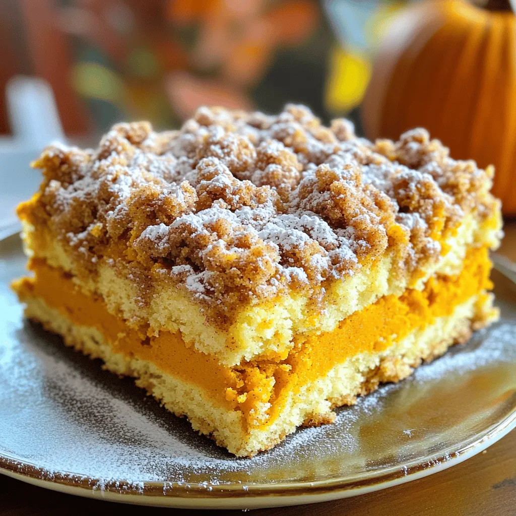 Dry Ingredients - 2 cups all-purpose flour - 1/2 teaspoon baking powder - 1/2 teaspoon baking soda - 1 teaspoon ground cinnamon - 1/2 teaspoon ground nutmeg - 1/2 teaspoon salt - 1 cup granulated sugar - 1/2 cup brown sugar, packed Wet Ingredients - 1/2 cup unsalted butter, softened - 2 large eggs - 1 cup canned pumpkin puree - 1 teaspoon vanilla extract - 1/2 cup sour cream Streusel Topping Ingredients - 1/2 cup all-purpose flour - 1/3 cup brown sugar, packed - 1 teaspoon ground cinnamon - 1/4 cup unsalted butter, melted - 1/4 cup chopped walnuts (optional) Using fresh ingredients makes a big difference. For the best taste, use high-quality butter and pure vanilla extract. I love to measure my ingredients carefully. This helps me create the perfect balance of flavors. The pumpkin gives the cake a soft texture and rich taste. The spices add warmth and sweetness. The streusel topping offers a delightful crunch. It combines sweet, buttery, and nutty flavors. You can find the full recipe above. This recipe is easy to follow. I promise you will enjoy making it! Start by preheating your oven to 350°F (175°C). While it heats, grab a 9x13 inch baking dish. Grease it well with butter. Then, sprinkle a bit of flour to coat the bottom and sides. This helps the cake come out easily after baking. In a large bowl, whisk together the dry ingredients first. Combine 2 cups of flour, 1/2 teaspoon baking powder, 1/2 teaspoon baking soda, 1 teaspoon ground cinnamon, 1/2 teaspoon ground nutmeg, and 1/2 teaspoon salt. Set this aside. In another bowl, cream together 1/2 cup softened butter, 1 cup granulated sugar, and 1/2 cup packed brown sugar. Mix until it feels light. Add the eggs one by one. Then, stir in 1 cup of canned pumpkin puree and 1 teaspoon vanilla extract. Mix well. Now, gradually add the dry ingredients to the wet mix, alternating with 1/2 cup sour cream. Stir gently until just combined. For the streusel topping, mix 1/2 cup flour, 1/3 cup packed brown sugar, and 1 teaspoon ground cinnamon in a separate bowl. Pour in 1/4 cup melted butter and stir until it looks crumbly. If you like, add 1/4 cup chopped walnuts for a nice crunch. Pour half of the pumpkin batter into your prepared baking dish. Sprinkle half of the streusel topping over this layer. Next, add the rest of the batter on top. Finish by topping with the remaining streusel. Bake in your preheated oven for 35-40 minutes. To check if it’s ready, insert a toothpick in the center. If it comes out clean, it’s done! Let the cake cool in the pan for about 10 minutes. Then, transfer it to a wire rack to cool completely. Enjoy this delicious treat with a cup of coffee! For further details, check the Full Recipe. To get the best texture in your cake, avoid overmixing. When you add the dry ingredients, mix just until combined. Overmixing makes the cake tough. You want a light and fluffy cake. Use a spatula to fold the mixture gently. This helps keep the air in. Air gives the cake its rise and softness. A great streusel topping adds crunch and flavor. Start with cold butter for the best texture. Cut it into small pieces and mix it with flour and sugar. You want it to look like crumbs. If you like nuts, add them for extra taste. Sprinkle the streusel evenly over the batter. This creates a nice, crunchy layer on top of the cake. Cooling the cake properly is key. After baking, let it sit in the pan for about 10 minutes. This helps it firm up and makes it easier to remove. Then, transfer it to a wire rack. Cooling on a wire rack allows air to flow. This prevents sogginess. Allow the cake to cool completely before serving for the best flavor. For the full recipe, check out the ingredient list above. {{image_2}} You can easily make this cake gluten-free. Use a gluten-free all-purpose flour blend instead of regular flour. Look for blends that contain xanthan gum, as it helps with texture. This simple swap keeps the cake moist and fluffy. To make this cake dairy-free, substitute the butter with coconut oil or a dairy-free margarine. Instead of sour cream, use a dairy-free yogurt or applesauce. These changes keep the cake rich and delicious without dairy. Get creative with flavors! Add chocolate chips or dried fruits like cranberries or raisins for extra sweetness. Try spices like ginger or cloves for a warm kick. You can also use maple syrup instead of granulated sugar for a unique twist. These variations make the cake your own! Check out the Full Recipe for more ideas. After enjoying your Cinnamon Streusel Pumpkin Coffee Cake, store any leftovers properly. Place the cake in an airtight container. This keeps it fresh for a longer time. If you do not have a container, cover the cake with plastic wrap. Make sure it is sealed well to avoid air. The cake will stay good at room temperature for up to three days. If you want to save some cake for later, freezing is a great option. First, let the cake cool completely. Next, cut it into slices or leave it whole. Wrap each piece tightly in plastic wrap. Then, place the wrapped cake in a freezer bag. This way, it can last for up to three months in the freezer. When you want to enjoy a slice, take it out and thaw it in the fridge overnight. You can also leave it at room temperature for a few hours. To bring back the warmth and flavor of your cake, reheat it gently. Preheat your oven to 350°F (175°C). Place slices of the cake on a baking sheet. Heat them for about 10 minutes. This warms the cake nicely without drying it out. If you prefer, you can also use a microwave. Heat each slice for about 10-15 seconds. Be careful not to overheat it, or the cake might become tough. Enjoy your warm cake with a cup of coffee or tea! For the full recipe, check the link provided. Yes, you can use fresh pumpkin. First, you need to prepare it. Cut a pumpkin in half and remove the seeds. Roast the halves in the oven until soft, usually about 45 minutes at 350°F (175°C). Once cool, scoop out the flesh and blend it until smooth. You can substitute fresh pumpkin for canned in the same amount. It adds a lovely, fresh flavor to your cake. This cake stays fresh for about 3 to 4 days if stored properly. Keep it in an airtight container at room temperature. If you want it to last longer, you can refrigerate it. In the fridge, it may stay good for up to a week. Just remember to let it come to room temperature before serving for the best taste. You can serve this cake with many delicious options. Try pairing it with whipped cream for a light touch. A drizzle of caramel sauce also enhances the flavor. For a warm drink, serve it with coffee or tea. This cake is perfect for brunch or as a sweet afternoon treat. You can find the Full Recipe above for more tips! We’ve covered a lot about making the perfect Cinnamon Streusel Pumpkin Coffee Cake. You learned about the key ingredients and the step-by-step process. I shared tips to avoid overmixing and perfect your streusel topping. Exploring variations, we found options for gluten-free and dairy-free diets. I also showed you smart storage and reheating tips. Making this cake can be fun and easy. With these insights, you can create a treat that delights everyone! Enjoy your baking!