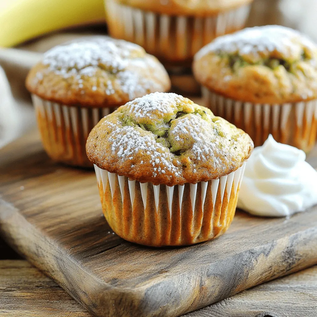 To make these tasty muffins, you'll need: - 1 cup ripe bananas, mashed (about 2-3 medium bananas) - 1 cup grated zucchini (squeeze out excess moisture) - 1/2 cup Greek yogurt (or applesauce for vegan) - 1/3 cup honey or maple syrup - 1/4 cup vegetable oil (or melted coconut oil) - 2 large eggs (or flax eggs for vegan) - 1 teaspoon vanilla extract - 1 1/2 cups whole wheat flour (or gluten-free flour) - 1 teaspoon baking powder - 1/2 teaspoon baking soda - 1/2 teaspoon cinnamon - 1/4 teaspoon salt - Optional: 1/2 cup chopped walnuts or pecans, and/or 1/2 cup chocolate chips You can change some ingredients to suit diets or preferences. Instead of Greek yogurt, use applesauce for a vegan treat. For eggs, flax eggs work great. You can swap vegetable oil for melted coconut oil. If you want gluten-free muffins, just use gluten-free flour. Maple syrup can replace honey if needed, too. Each muffin has about 120 calories. It's packed with nutrients, thanks to bananas and zucchini. You get around 3 grams of protein and 2 grams of fiber. These muffins are a good source of vitamins and minerals. They’re a smart and tasty choice for a snack or breakfast. Enjoy these muffins without guilt, knowing they are both healthy and yummy! Start by gathering your ingredients. You need ripe bananas, grated zucchini, and Greek yogurt. Make sure to squeeze out excess moisture from the zucchini. Preheat your oven to 350°F (175°C). Line a muffin tin with paper liners or grease it. In a big bowl, mix the mashed bananas, zucchini, yogurt, honey, oil, eggs, and vanilla. Stir until well blended. In another bowl, whisk the whole wheat flour, baking powder, baking soda, cinnamon, and salt. Slowly add the dry mix to the wet mix. Fold gently until just combined. If you want, add nuts or chocolate chips. For the best muffins, don’t overmix the batter. A few lumps are fine. Fill each muffin cup about two-thirds full. This helps them rise nicely. Bake for 18-20 minutes. To check if they are done, stick a toothpick in the center. It should come out clean. Keep an eye on the muffins towards the end of baking. Ovens vary, and yours may bake faster or slower. Once baked, let the muffins cool in the pan for about five minutes. Then, transfer them to a wire rack. This helps them cool evenly. Serve them warm for the best taste. You can dust them with powdered sugar or add Greek yogurt on top. Enjoy these muffins for breakfast or as a snack. For the full recipe, check the earlier section. To keep your muffins soft, use ripe bananas. Their natural sugars add sweetness and moisture. Grate the zucchini finely and squeeze out excess water. This step helps avoid sogginess. Adding Greek yogurt or applesauce also helps. They bring moisture without making the muffins heavy. For best results, don't overmix the batter. A few lumps are okay. This keeps the muffins light and fluffy. One common mistake is overbaking. Check your muffins a few minutes early. Insert a toothpick; it should come out clean but not dry. Another mistake is not measuring flour correctly. Use the spoon-and-level method. Scoop flour into your measuring cup and level it off. This method prevents dense muffins. Finally, remember to preheat your oven. This ensures even baking and great rise. Let muffins cool completely before storing. Place them in an airtight container. This keeps them fresh for up to three days. If you want to store them longer, freeze them. Wrap each muffin in plastic wrap and place in a freezer bag. They’ll stay good for up to three months. To enjoy later, thaw at room temperature or microwave for a few seconds. {{image_2}} You can change the taste of your banana zucchini muffins by adding spices. Besides cinnamon, you can use nutmeg, ginger, or allspice. A dash of cardamom adds a nice twist too. Start with 1/4 teaspoon and adjust to your liking. These spices boost flavor without extra calories. They make your muffins warm and cozy, perfect for any time of year. Mix-ins allow you to personalize your muffins. You can add nuts, seeds, or dried fruits. Try walnuts, pecans, or even sunflower seeds for crunch. Dried cranberries or raisins add a sweet touch. For a fun twist, add chocolate chips. You can mix and match to find your perfect combo. Just remember to keep the total amount around 1 cup to ensure the batter remains balanced. If you need gluten-free muffins, swap the whole wheat flour for a gluten-free blend. Many blends work well without changing the taste. For a vegan option, replace eggs with flax eggs. To make a flax egg, mix 1 tablespoon of ground flaxseed with 2.5 tablespoons of water. Let it sit for a few minutes to thicken. You can also substitute Greek yogurt with applesauce for added moisture. These options keep your muffins tasty while meeting your dietary needs. For the complete recipe, check out the Full Recipe section. To keep your banana zucchini muffins fresh, store them in an airtight container. This helps keep moisture in and prevents them from drying out. You can store them at room temperature for up to three days. If you want to save them longer, refrigerate them for up to a week. Always let them cool completely before sealing them up. This step keeps the muffins fluffy and delicious. Freezing is a great option for longer storage. First, let the muffins cool completely. Then, wrap each muffin in plastic wrap. After that, place them in a freezer-safe bag or container. You can freeze them for up to three months. When you’re ready to enjoy them, just take out what you need. Let them thaw at room temperature or pop them in the microwave for a quick warm-up. To reheat your muffins, you have a few options. You can use a microwave for quick heating. Place a muffin on a microwave-safe plate and heat for about 15 to 20 seconds. If you prefer a crispier texture, use an oven. Preheat your oven to 350°F (175°C) and heat the muffins for about 10 minutes. This method brings back the fresh-baked taste. For more details on making these muffins, check the Full Recipe. Yes, you can use frozen bananas or zucchini. Just remember to thaw them first. Drain any extra water from the zucchini. This helps keep your muffins from getting too soggy. To make these muffins healthier, you can: - Use whole wheat flour for more fiber. - Swap honey for a natural sweetener like maple syrup. - Replace vegetable oil with applesauce to cut fat. - Add nuts or seeds for extra nutrients. These changes will boost the health factor while still keeping them tasty. You can use flax eggs as a great egg substitute. To make one flax egg, mix 1 tablespoon of ground flaxseed with 2.5 tablespoons of water. Let it sit for about 5 minutes until it thickens. This works well in the recipe, keeping the muffins moist and fluffy. For a vegan option, you can also use 1/2 cup of unsweetened applesauce. These substitutes work well and are easy to find. This blog post covered all you need for making great muffins. We talked about essential ingredients, helpful tips, and baking steps. You learned substitutions and ways to add flavors. I also shared how to store and reheat them properly. Remember, baking should be fun, so don’t stress if things go wrong. With the right info and a little practice, you will bake tasty muffins every time. Enjoy your baking journey!