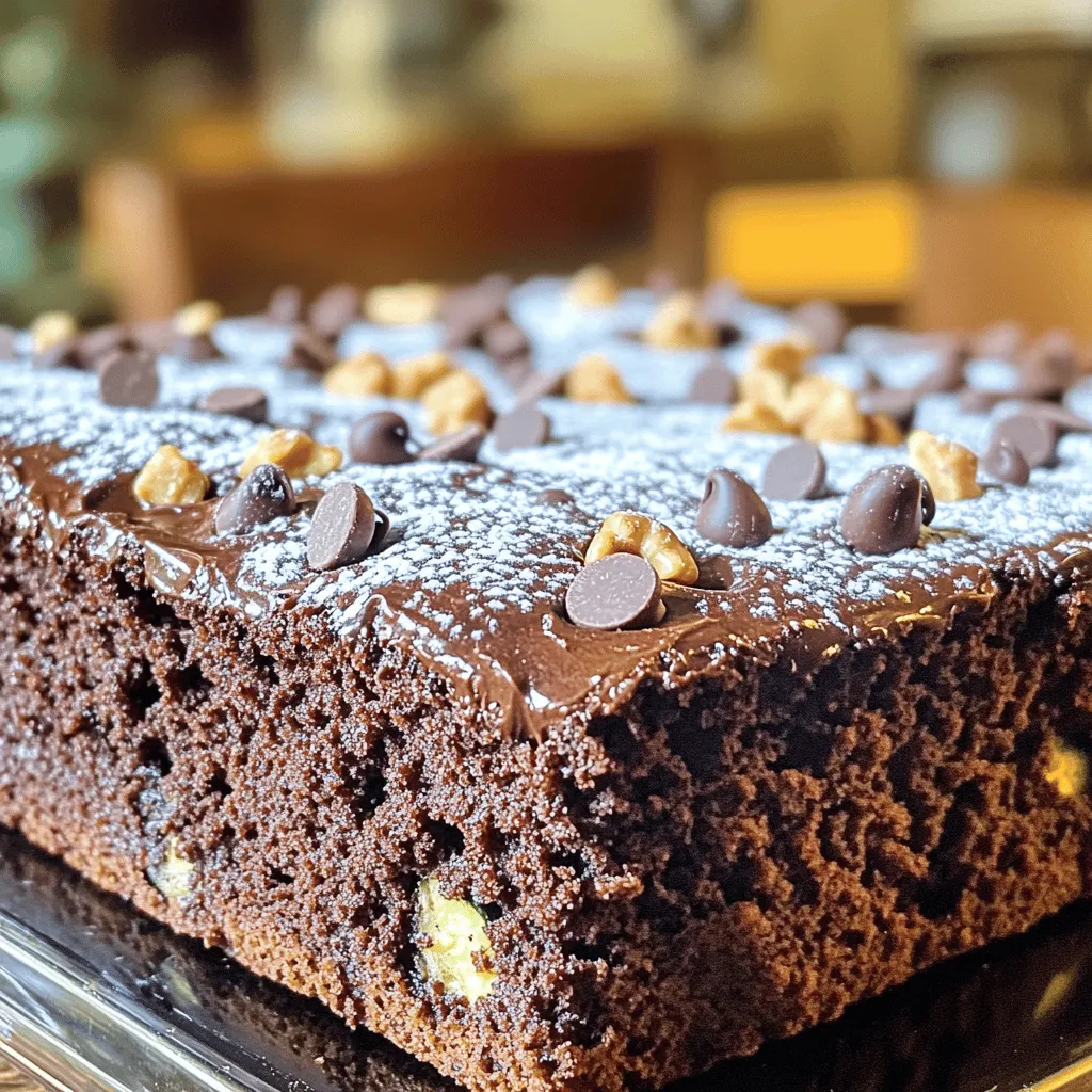 - 2 cups finely grated zucchini - 1 ¾ cups all-purpose flour - ½ cup unsweetened cocoa powder - 1 teaspoon baking soda - ½ teaspoon baking powder - ½ teaspoon salt - 1 cup granulated sugar - ½ cup brown sugar - ½ cup vegetable oil - 1 teaspoon vanilla extract - 3 large eggs - 1 cup semi-sweet chocolate chips - ½ cup chopped walnuts (optional) In this recipe, the zucchini adds moisture while keeping the cake light. You will need fresh zucchini, about two medium ones, for two cups. The cocoa powder gives that rich chocolate taste we all love. The mix of granulated and brown sugars brings out sweetness and depth. You also need a few basic pantry items like flour, baking soda, and baking powder. The oil keeps the cake moist, while the eggs help bind everything together. The chocolate chips add little bursts of chocolate in every bite. If you like crunch, toss in some walnuts for texture. This ingredient blend creates a perfect balance of flavors. You can enjoy this cake as a delightful treat, satisfying your chocolate cravings while sneaking in some veggies. For the full recipe, check the instructions that follow. - Preheat the oven and prepare the baking pan Set your oven to 350°F (175°C). Take a 9x13-inch pan and grease it well. You can also flour it or line it with parchment paper to help with easy removal. - Mix wet ingredients in a large bowl In a big bowl, combine 2 cups of grated zucchini, 1 cup of granulated sugar, and ½ cup of brown sugar. Add ½ cup of vegetable oil, 3 large eggs, and 1 teaspoon of vanilla extract. Mix until smooth. - Combine dry ingredients in another bowl In a separate bowl, whisk together 1 ¾ cups of all-purpose flour, ½ cup of unsweetened cocoa powder, 1 teaspoon of baking soda, ½ teaspoon of baking powder, and ½ teaspoon of salt. This mix will give your cake its structure and flavor. - Combine wet and dry mixtures carefully Slowly add the dry ingredients to the wet mixture. Stir gently until just combined. It’s okay if there are a few lumps; just don’t overmix. This helps keep the cake soft. - Fold in chocolate chips and walnuts Add 1 cup of semi-sweet chocolate chips and ½ cup of chopped walnuts, if you like. Use a spatula to fold them into the batter. Make sure they spread evenly throughout. - Bake and check for doneness Pour the batter into your prepared baking pan. Smooth the top with a spatula. Bake for 30 to 35 minutes. To check if it’s done, insert a toothpick into the center. It should come out clean. - Cooling instructions for the cake Let the cake cool in the pan for about 10 minutes. Then, carefully transfer it to a wire rack to cool completely. This step is key to keeping it moist. You can find the full recipe with all the details to make this delightful treat. - Grease and line your pan with parchment paper. This will help the cake come out easily. - Measure zucchini by grating it finely. Pack it lightly in your measuring cup. - Mix gently to avoid overmixing. A few lumps in the batter are just fine. - For a tasty finish, frost with chocolate ganache or dust with powdered sugar. - Top the cake with fresh berries or a scoop of vanilla ice cream to enhance flavor. - Store leftovers in an airtight container at room temperature for up to three days. - For longer storage, wrap slices in plastic and freeze for up to three months. If you're excited to make this delightful cake, check out the Full Recipe for all the details! {{image_2}} You can make this cake fit many diets. For those who need gluten-free options, use a blend of gluten-free flour. It works great in this recipe. For sugar substitutes, consider using coconut sugar or stevia. Both add sweetness without the extra calories. If you're dairy-free, try dark chocolate chips made from almond milk. They melt well and taste amazing. Feel free to play with flavors in this cake. Adding a pinch of cinnamon or nutmeg can spice things up. A splash of almond or orange extract can add a nice twist too. You can also mix in different nuts or fruits. Chopped apples or pecans can bring new tastes. Try crushed pineapple for a tropical touch. Want to have some fun? Make mini cupcakes instead of a full cake. They bake faster and are easy to share. If you prefer a grander look, create a layer cake with extra frosting. Stack two or three layers for a showstopper. You can use the Full Recipe to guide you through these ideas. Can I use yellow squash instead of zucchini? Yes, you can use yellow squash. It has a similar texture and taste. The cake will still be moist and flavorful. Just make sure to grate it finely, just like zucchini. What can I substitute for eggs in the recipe? You can use applesauce or mashed bananas as an egg substitute. Use 1/4 cup for each egg. This will keep the cake moist while adding a hint of sweetness. How long does the Chocolate Lover’s Zucchini Cake last? The cake stays fresh for about 3 to 4 days at room temperature. If you store it in the fridge, it can last up to a week. Just make sure to cover it well. How many calories are in a slice of the cake? Each slice of this cake has about 250 calories. This can vary based on your specific ingredients, like the type of sugar used. What are the health benefits of including zucchini in baking? Zucchini adds moisture and fiber to the cake. It also provides vitamins A and C. This helps support your immune system and skin health. Plus, it sneaks in some veggies without changing the taste too much. What if my cake is too dense or dry? If your cake turns out dense, it might be overmixed. Make sure to mix the batter until just combined. If it's dry, try adding a bit more oil or a splash of milk next time. How do I fix a cake that hasn't risen properly? If your cake hasn't risen, check your baking powder and baking soda. They should be fresh. Also, ensure you mix the dry ingredients well before adding them to the wet ingredients. This Chocolate Lover’s Zucchini Cake is a rich and moist treat. It uses zucchini to add moisture without overpowering the rich chocolate flavor. Here’s a quick recap of the ingredients and instructions: - 2 cups finely grated zucchini (about 2 medium zucchinis) - 1 ¾ cups all-purpose flour - ½ cup unsweetened cocoa powder - 1 teaspoon baking soda - ½ teaspoon baking powder - ½ teaspoon salt - 1 cup granulated sugar - ½ cup brown sugar, packed - ½ cup vegetable oil - 1 teaspoon vanilla extract - 3 large eggs - 1 cup semi-sweet chocolate chips - ½ cup chopped walnuts (optional) 1. Preheat your oven to 350°F (175°C). Grease and flour a 9x13-inch baking pan or line it with parchment paper. 2. In a large bowl, mix the grated zucchini with the granulated sugar, brown sugar, vegetable oil, eggs, and vanilla extract until smooth. 3. In another bowl, whisk together the flour, cocoa powder, baking soda, baking powder, and salt. 4. Gradually add the dry mix to the wet mix. Stir gently until just combined. A few lumps are fine. 5. Fold in the chocolate chips and chopped walnuts if you’re using them. 6. Pour the batter into the prepared pan and smooth the top. 7. Bake for 30 to 35 minutes. Check with a toothpick; it should come out clean. 8. Cool in the pan for about 10 minutes, then transfer to a wire rack to cool completely. 9. Dust with powdered sugar or frost with chocolate ganache if you wish. Prep Time: 15 minutes | Total Time: 50 minutes | Servings: 12 This recipe makes a delicious cake that everyone will love. It’s perfect for gatherings or a sweet treat at home. Enjoy baking! This blog post shared a delicious Chocolate Lover’s Zucchini Cake recipe. You found the main ingredients, step-by-step instructions, tips, and ways to adjust the recipe. Remember to measure zucchini correctly and avoid overmixing. You can store leftovers well and even freeze portions for later. Feel free to try variations like gluten-free options or mini cupcakes. This cake is a fun way to enjoy zucchini, balancing taste and health. Happy baking!