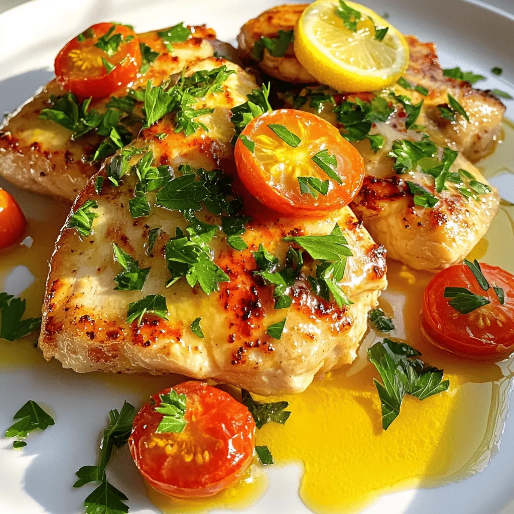 To make this tasty garlic butter chicken, you need just a few key items: - 4 boneless, skinless chicken breasts - 4 tablespoons unsalted butter - 5 cloves garlic, minced - 1 teaspoon dried thyme - 1 teaspoon dried oregano - 1 teaspoon paprika - Salt and pepper to taste - 1 tablespoon fresh parsley, chopped (for garnish) - 1 lemon, zested and juiced - 1 cup chicken broth These main ingredients create a rich flavor. The butter and garlic combine well to make a sauce that is both savory and bright. While the main ingredients are great, adding a few extra items can boost the taste: - 1 cup cherry tomatoes, halved These tomatoes add sweetness and color. They also soak up the delicious sauce. When serving your garlic butter chicken, presentation matters. Here are a few ideas: - Plate the chicken with a drizzle of sauce on top. - Scatter fresh parsley and cherry tomatoes around for color. - Pair it with steamed vegetables or rice for a complete meal. These tips will elevate your dish and impress your guests. For the full recipe, check the details above! First, take the chicken breasts and season them. Use salt, pepper, paprika, thyme, and oregano. Make sure to coat both sides well. This step adds great flavor. Let the chicken sit for a few minutes. This helps the spices stick better. Next, heat a large skillet on medium-high heat. Add 2 tablespoons of unsalted butter. Once the butter melts, place the seasoned chicken in the skillet. Cook for about 5-7 minutes on each side. Aim for a nice golden brown color. Once done, remove the chicken and set it aside on a plate. In the same skillet, add the last 2 tablespoons of butter. Toss in the minced garlic. Sauté for about 1 minute. You want the garlic to be fragrant but not brown. Then, pour in the chicken broth along with the lemon juice and zest. Stir well and let it simmer for 3-4 minutes. If you are using cherry tomatoes, add them now. They will add a nice pop of color and flavor. Now it’s time to bring the chicken back into the mix. Place the cooked chicken breasts in the skillet. Let them soak in that delicious sauce for an extra 2-3 minutes. This makes the chicken juicy and flavorful. Garnish the dish with fresh parsley before serving. Enjoy your meal with a side of steamed vegetables or rice. For the full recipe, check out the complete guide above. To get juicy chicken, start with thick, boneless breasts. Thin chicken cooks too fast. Season each side well to add flavor. When cooking, don’t rush. Let the chicken brown on each side. This gives it great color and taste. Use a meat thermometer; aim for 165°F for safety. This way, your chicken stays moist and tender. I love to use simple spices for great flavor. Salt and pepper are a must. Paprika adds a nice color and a hint of spice. Thyme and oregano bring in earthy notes. If you want a kick, try adding cayenne pepper or chili flakes. These spices work well with garlic and butter, giving your dish depth. A beautiful dish makes a meal special. After cooking, sprinkle fresh parsley on top. This adds a pop of green. You can also add lemon zest for brightness. If you use cherry tomatoes, they add color and sweetness. For a lovely touch, drizzle some of the garlic butter sauce over the chicken. This makes it look appetizing and enhances flavor. {{image_2}} You can turn Garlic Butter Chicken into a tasty pasta dish. Cook your favorite pasta, like spaghetti or penne. After making the chicken, toss the cooked pasta in the garlic butter sauce. This adds a rich flavor to the pasta. Add some spinach or broccoli for extra color and health. Top it with grated cheese for a creamy finish. It's a simple way to make dinner even more special. Using chicken thighs gives a different taste. Thighs are juicier and more flavorful than breasts. Season and cook them just like the breasts. The cooking time may be a bit longer, about 8-10 minutes per side. The skin gets crispy, adding a nice crunch. Serve it with the garlic butter sauce for a delightful meal. If you want to keep it low-carb, swap out the pasta. Serve the chicken with zucchini noodles or cauliflower rice. Both options are healthy and still tasty. You can also add more veggies, like bell peppers or green beans, to your plate. This way, you enjoy the flavor without the carbs. For more ideas, check out the Full Recipe and explore all the fun ways to enjoy Garlic Butter Chicken! To keep your garlic butter chicken fresh, let it cool first. Place it in an airtight container. Store it in the fridge for up to three days. Make sure to label the container with the date. This helps you know how long it's been there. When you're ready to enjoy your leftovers, use the stove for the best results. Heat a skillet over medium heat. Add a bit of butter or oil to prevent sticking. Once hot, place the chicken in the skillet. Cook for about 5-6 minutes until warmed through. You can also use a microwave. Place the chicken on a microwave-safe plate and cover it with a damp paper towel. Heat in short bursts, checking often to avoid drying it out. If you want to save some for later, freezing is a great option. After cooling, wrap each piece tightly in plastic wrap. Then place them in a freezer bag or container. Make sure to remove as much air as possible. Label the bag with the date. You can freeze garlic butter chicken for up to three months. When you’re ready to eat, thaw it in the fridge overnight before reheating. Enjoy your meal without worry! You have many tasty options to pair with Garlic Butter Chicken. Here are some ideas: - Steamed broccoli - Mashed potatoes - Rice or quinoa - A fresh green salad - Garlic bread These sides balance the rich flavors of the chicken. They also add color and texture to your dinner plate. Yes, you can use frozen chicken. Just remember to defrost it first. You can do this in the fridge overnight or in cold water for a few hours. Cooking from frozen will change the cooking time. Make sure to check that the chicken is fully cooked before serving. An internal temperature of 165°F is safe. If you want some heat, add red pepper flakes. Start with a pinch and taste as you go. You can also use hot sauce or diced jalapeños for extra spice. This will give the dish a nice kick without losing its garlic flavor. Enjoy making your Garlic Butter Chicken as spicy as you like! Garlic butter chicken is simple and delicious. We covered key ingredients, from chicken to garlic. You learned how to cook it step-by-step for great flavor. I shared tips for texture and seasoning that make this dish shine. We also explored variations like pasta and low-carb options. Remember, leftovers can be stored and reheated easily. Make this meal your own by trying different sides or spice levels. Enjoy cooking and make garlic butter chicken a regular favorite!