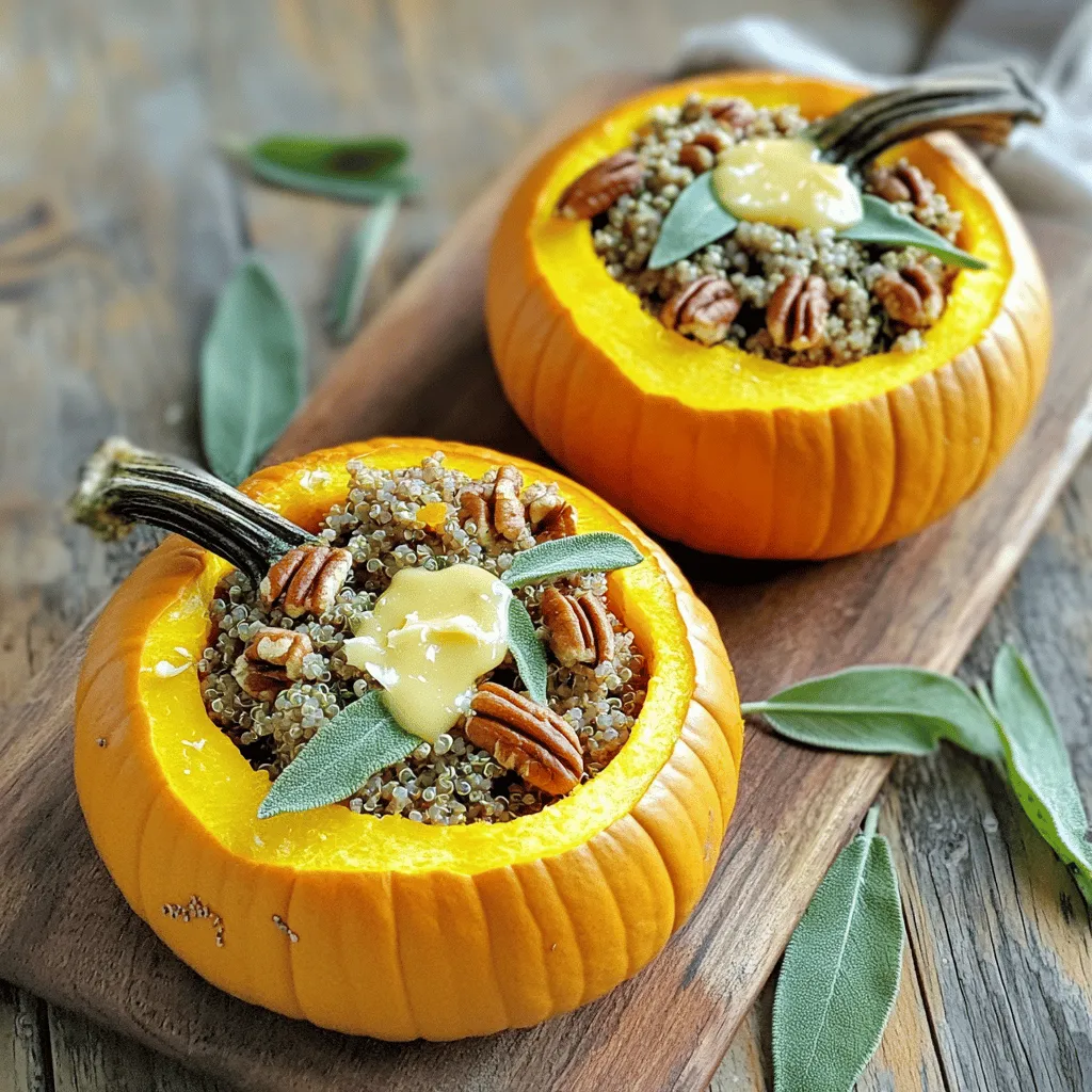 - 2 small sugar pumpkins (about 2-3 pounds each) - 1 pound ground turkey - 1 cup cooked quinoa - 1 medium onion, finely chopped - 2 cloves garlic, minced - 1/4 cup fresh sage leaves, finely chopped - 1/4 cup pecans, chopped - 2 tablespoons brown butter (melted) - 1 teaspoon ground cinnamon - Salt and pepper to taste - 1/2 cup grated Parmesan cheese (optional) - Olive oil for drizzling - Additional herbs (like thyme or rosemary) - Different types of cheese (like feta or goat cheese) - A simple mixed green salad - Roasted Brussels sprouts or green beans You’ll find that stuffed pumpkins can be a fun way to enjoy seasonal flavors. The sugar pumpkins are sweet and tender, making them perfect for this dish. You can swap the ground turkey for chicken or even plant-based meat if you prefer. Customizing the recipe can make it your own. Just think about what you like! Adding different herbs or cheeses can really change the taste. Pairing your stuffed pumpkins with a fresh salad balances the meal nicely. Roasted veggies also add a great crunch and flavor. Enjoying this dish with friends or family makes it even better! You can find the full recipe for Ground Turkey & Brown Butter Sage Stuffed Pumpkins online. Preheat the oven and prepare the pumpkins: First, set your oven to 375°F (190°C). This heat will help cook the pumpkins evenly. While the oven warms up, get your pumpkins ready. Cut the tops off each sugar pumpkin. Use a spoon to scoop out the seeds and stringy bits inside. This part is fun! After that, drizzle a little olive oil inside each pumpkin. Season them with salt and pepper. Place the pumpkins upright in a baking dish. Sautéing the onion and garlic: Grab a skillet and drizzle a bit of olive oil in it. Heat your skillet over medium heat. Add the chopped onion and minced garlic. Sauté them for about three to four minutes until they are soft and fragrant. This step adds great flavor to your filling. Browning the ground turkey: Next, add one pound of ground turkey to the skillet. Use a spatula to break it apart. Cook the turkey for about eight to ten minutes. Keep stirring it until it is no longer pink. This step is important to ensure the turkey is cooked through. Adding quinoa, sage, nuts, and seasonings: Once the turkey is cooked, stir in one cup of cooked quinoa, chopped sage, and chopped pecans. Add one teaspoon of ground cinnamon and season with salt and pepper. Mix everything well and let it cook for another two to three minutes. This will blend all the flavors nicely. Mixing in the brown butter: Now, drizzle two tablespoons of melted brown butter over your mixture. Stir to combine everything. The brown butter adds a rich flavor that makes this dish special. Filling the pumpkins with the turkey mixture: Take your turkey mixture and generously spoon it into each pumpkin. Pack it tightly so it's full. If you like, sprinkle some grated Parmesan cheese on top of the stuffing for extra flavor. Baking instructions and timing: Cover the baking dish with aluminum foil. Place it in the preheated oven and bake for 30 minutes. After 30 minutes, carefully remove the foil and bake for another 15 to 20 minutes. This helps the pumpkins get tender and the tops to turn golden. Check your pumpkins to make sure they are soft and cooked through. Once done, take them out and let them cool slightly before serving. Enjoy your delightful Ground Turkey & Brown Butter Sage Stuffed Pumpkins! For the full recipe, check out the details above. - Checking for tenderness: To know when your pumpkins are done, poke them with a fork. They should feel soft but not mushy. This ensures a perfect texture. - Ensuring even cooking: Place the pumpkins in a baking dish with enough space. This helps them cook evenly. Rotate them halfway through the cooking time for best results. - Suggestions for spices and herbs to elevate flavor: Add nutmeg or thyme for extra warmth. A pinch of cayenne can give a nice kick. Don't forget to taste as you go! - Balancing textures with nuts and cheese: Pecans add crunch, while cheese brings creaminess. Use different nuts or cheeses to change the flavor and texture of the dish. - Plating tips for an appealing dish: Serve each stuffed pumpkin on a colorful plate. A wooden board works great too. This adds a rustic touch to your meal. - Creative garnishes to enhance visual appeal: Top with fresh sage leaves or a sprinkle of Parmesan. A drizzle of balsamic glaze can make your dish pop! {{image_2}} You can switch ground turkey for chicken or plant-based protein. Ground chicken works well and keeps the dish light. For a vegan option, try lentils or chickpeas. They add great texture and taste. Using grains like rice or farro is another great idea. Farro offers a nutty flavor, while rice keeps it classic. Both options will fill your pumpkins nicely and add heartiness. Change the filling with seasonal veggies. In fall, add roasted butternut squash or kale. In spring, use asparagus or peas. This keeps your dish fresh and exciting. You can also add holiday spices like nutmeg or allspice for festive flair. These spices brighten the flavors and add warmth, perfect for cozy gatherings. Want a different approach? Use a slow cooker or Instant Pot. This method makes the turkey extra tender and lets flavors mix well. Set it on low for 6 hours or high for 3 hours. Grilling the pumpkins is another fun choice. It gives a smoky taste that contrasts nicely with the sweet pumpkin. Just wrap the pumpkins in foil and grill until tender. To store your stuffed pumpkins, let them cool down first. Place them in an airtight container. You can use glass or plastic containers. Make sure to seal them well to keep out air. This way, your leftovers stay fresh longer. You can freeze stuffed pumpkins, but it’s best to do this before baking. Wrap each pumpkin in plastic wrap and then in foil. This helps prevent freezer burn. When you want to enjoy them, thaw in the fridge overnight. Reheat in the oven at 350°F (175°C) until warm, about 20-25 minutes. In the fridge, stuffed pumpkins last for about 3-4 days. In the freezer, they can stay good for up to 2-3 months. Always check for signs of spoilage. If you see mold or if they smell off, it’s best to toss them. This helps keep your meals safe and tasty. Can I use different types of pumpkins? Yes, you can use other small pumpkins or even winter squash. Make sure they are small enough to hold the filling. Other options include acorn squash or butternut squash. Each type will give a unique flavor, so feel free to experiment. How can I make this recipe vegetarian or vegan? To make this dish vegetarian, swap ground turkey for plant-based protein or lentils. For a vegan option, use those substitutes and replace the brown butter with olive oil. Just be sure to skip the cheese or use a vegan cheese alternative. What is the best way to tell when the pumpkins are done? You can check if they are done by inserting a fork into the flesh. If it goes in easily, the pumpkins are ready. The tops should also look slightly golden and crispy. How to reheat stuffed pumpkins for best results? To reheat, place the stuffed pumpkins in an oven preheated to 350°F (175°C). Cover them with foil to keep moisture in. Heat for about 15-20 minutes, or until warm throughout. What can I substitute for ground turkey? You can use ground chicken, beef, or pork as options. For a plant-based choice, try lentils or a meat substitute like tempeh or tofu. They will change the taste but still be delicious. Are there gluten-free options for the quinoa? Yes, quinoa is naturally gluten-free. If you want more grain options, consider using rice or millet, which are also gluten-free. These can give a different texture but will work well in the recipe. Stuffed pumpkins are a tasty and fun dish. You learned the key ingredients, step-by-step instructions, and how to customize or store them. You can swap the turkey for chicken or plant-based options. Try adding seasonal veggies and new spices for extra flavor. This dish is not only delicious but also visually appealing. Enjoy experimenting in the kitchen, and don't hesitate to share your own variations! Happy cooking!
