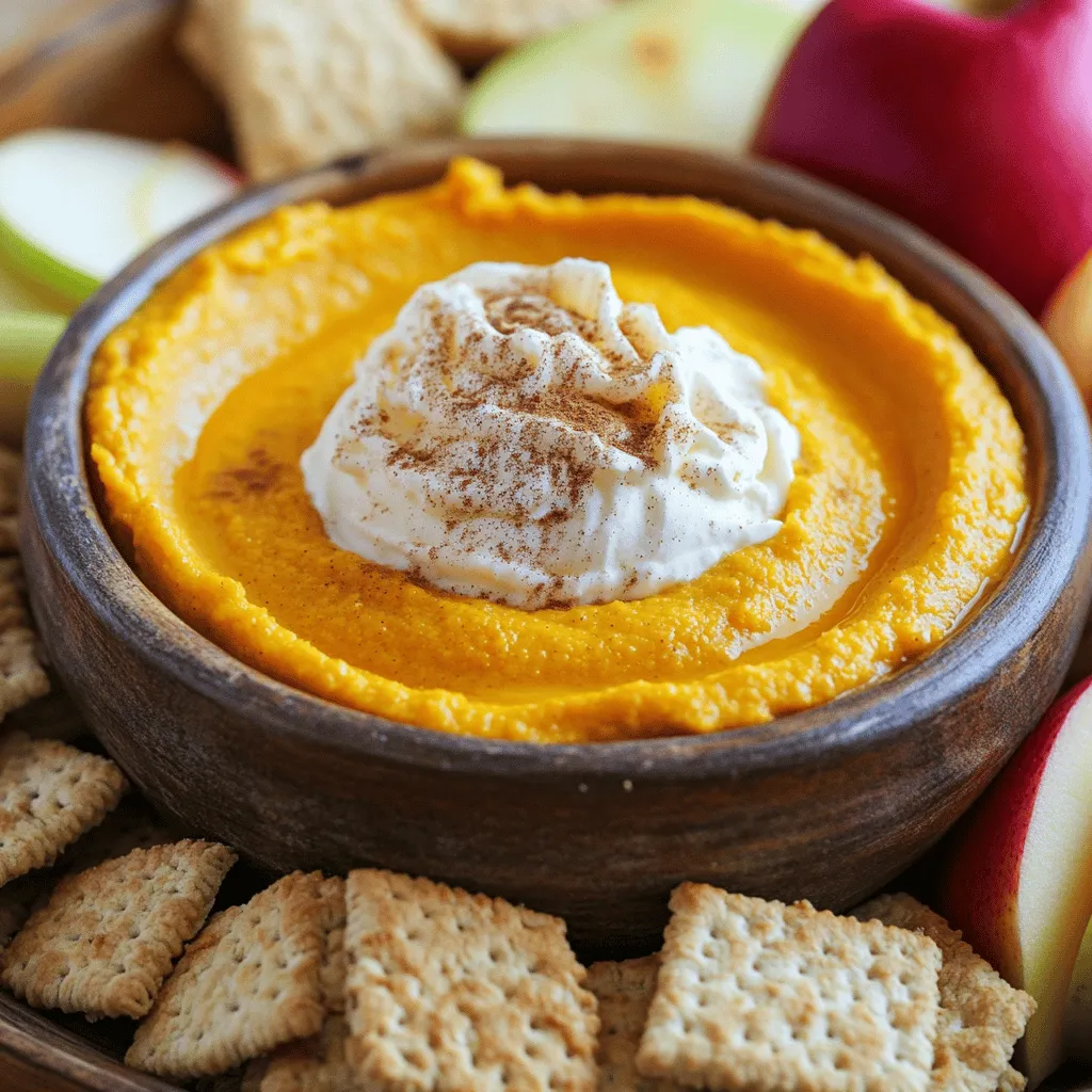 To make this tasty pumpkin pie dip, you need: - 1 cup canned pumpkin puree - 8 oz cream cheese, softened - 1 cup powdered sugar - 1 cup whipped topping (like Cool Whip) These main ingredients create a rich and creamy base. The canned pumpkin puree gives the dip its classic flavor. Cream cheese adds a smooth texture, while powdered sugar sweetens it just right. The whipped topping makes it light and airy. The spices bring warmth and depth. You will need: - 1 teaspoon ground cinnamon - 1/2 teaspoon ground nutmeg - 1/4 teaspoon ground ginger - 1 teaspoon vanilla extract - 1/4 teaspoon salt Ground cinnamon is a must for that fall taste. Nutmeg and ginger add a cozy kick. Vanilla extract enhances all the flavors. A little salt helps balance the sweetness. For dipping, you can choose from: - Graham crackers - Apple slices - Cookies Graham crackers are a classic choice. They add crunch and sweetness. Apple slices offer a fresh, crisp contrast. Cookies can add a fun twist. Each dipper pairs well with the rich flavor of the pumpkin dip. You can find the full recipe for this delightful treat and make it in no time! 1. Start by mixing the cream cheese and powdered sugar. - In a large bowl, add 8 oz of softened cream cheese. - Add 1 cup of powdered sugar. - Use an electric mixer. Beat until the mixture is smooth and creamy. 2. Then, add the pumpkin and spices. - Pour in 1 cup of canned pumpkin puree. - Add 1 teaspoon of vanilla extract. - Mix in 1 teaspoon of ground cinnamon, 1/2 teaspoon of ground nutmeg, 1/4 teaspoon of ground ginger, and 1/4 teaspoon of salt. - Blend until the mixture is well combined and smooth. 3. Next, fold in the whipped topping. - Gently add 1 cup of whipped topping to the mixture. - Use a spatula to fold it in. Be careful not to overmix. This keeps the dip light and airy. 4. Now, transfer to a serving bowl. - Scoop the dip into your favorite serving bowl. - Optionally, sprinkle a bit of extra cinnamon or crushed graham crackers on top. 5. For extra flair, add optional toppings. - You can use crushed graham crackers or a sprinkle of cinnamon. These enhance the look and taste. 6. Chill the dip before serving. - For the best flavor, chill the dip for about an hour. This allows the flavors to meld nicely. - Serve with graham crackers, apple slices, or cookies for dipping. For the full recipe, check out the details above. Enjoy this easy and delicious fall treat! To soften cream cheese, take it out of the fridge. Let it sit for about 30 minutes. You can also cut it into small cubes. This helps it soften faster. Mix it with an electric mixer until smooth. For a light dip, fold in the whipped topping gently. Don’t mix too hard; you want air to stay in the dip. To boost the flavor, add more spices. A little extra cinnamon or nutmeg can make a big difference. You can also try a pinch of allspice for a warm kick. If the dip is too sweet, reduce the powdered sugar. Taste as you go. Adjust until it’s just right for you. Pumpkin Pie Dip is great for fall gatherings. Serve it at parties, family dinners, or holiday celebrations. For a fun twist, use a pumpkin or gourd as your bowl. Place the dip inside for a festive look. You can also sprinkle crushed graham crackers on top for an added crunch. {{image_2}} You can make this dip healthier by using Greek yogurt. It adds creaminess while cutting down on fat. Simply swap half of the cream cheese with Greek yogurt. This change gives you a rich flavor and boosts protein. For those avoiding dairy, there are great cream cheese alternatives. Look for dairy-free cream cheese made from nuts or soy. These options mimic texture and taste. They work well in this dip. Want to switch up the flavor? Try adding chocolate or caramel to your dip. These sweet additions create a fun twist that kids and adults love. A drizzle of chocolate syrup can make it extra special. You can also play with spices. Incorporate allspice or cloves for depth. These spices add warmth and make your dip stand out. If you are gluten-free, choose the right dippers. Use rice crackers or fresh veggies like carrots. They pair well with pumpkin pie dip. For a vegan version, use coconut whipped cream instead of dairy whipped topping. Also, ensure your cream cheese alternative is vegan. These small tweaks make the dip suitable for everyone. Try these variations to keep your pumpkin pie dip exciting and fresh! Check the Full Recipe for the basic version. Pumpkin Pie Dip stays fresh in the fridge for about three to five days. Store it in an airtight container. This keeps the dip creamy and tasty. Can you freeze Pumpkin Pie Dip? Yes, you can freeze it! However, the texture may change slightly once thawed. For best results, freeze it in a tightly sealed container. When it’s time to thaw, move the dip to the fridge overnight. This slow thaw helps keep the dip smooth. After thawing, stir it well to bring back its creamy texture. What can you do with leftover Pumpkin Pie Dip? You can use it in many fun ways! Try spreading it on toast or pancakes. It also makes a great filling for desserts like cupcakes or crepes. You can even swirl it into oatmeal for a tasty breakfast twist. Enjoy your leftovers! What can I serve with Pumpkin Pie Dip? You can serve Pumpkin Pie Dip with many tasty dippers. I like using: - Graham crackers - Apple slices - Cookies These options add fun and flavor. You can mix and match for variety! How long does it take to make Pumpkin Pie Dip? Making Pumpkin Pie Dip is quick and easy. It takes about 10 minutes. If you chill it, allow an extra hour. This gives the flavors time to blend. Can I use fresh pumpkin instead of canned? Yes, you can use fresh pumpkin. Just cook and puree it first. Make sure it is smooth and not too watery. This keeps the dip thick and creamy. What can I use instead of powdered sugar? If you don’t have powdered sugar, you can use granulated sugar. Just blend it to make it fine. This works well in the dip. How long can Pumpkin Pie Dip be left out at room temperature? Pumpkin Pie Dip should not sit out too long. It’s best to keep it out for no more than 2 hours. After that, it’s safer to put it in the fridge. Is Pumpkin Pie Dip served warm or cold? Pumpkin Pie Dip is best served cold. Chilling it helps the flavors shine. You can serve it right after making it, or let it sit in the fridge for an hour. In this post, we covered the key ingredients and steps for making Pumpkin Pie Dip. We explored dippers, tips for perfect texture, and fun variations. This dip is easy to make and a crowd-pleaser for many occasions. Remember, you can adjust flavors and try new dippers to make it your own. Enjoy experimenting with this tasty treat!