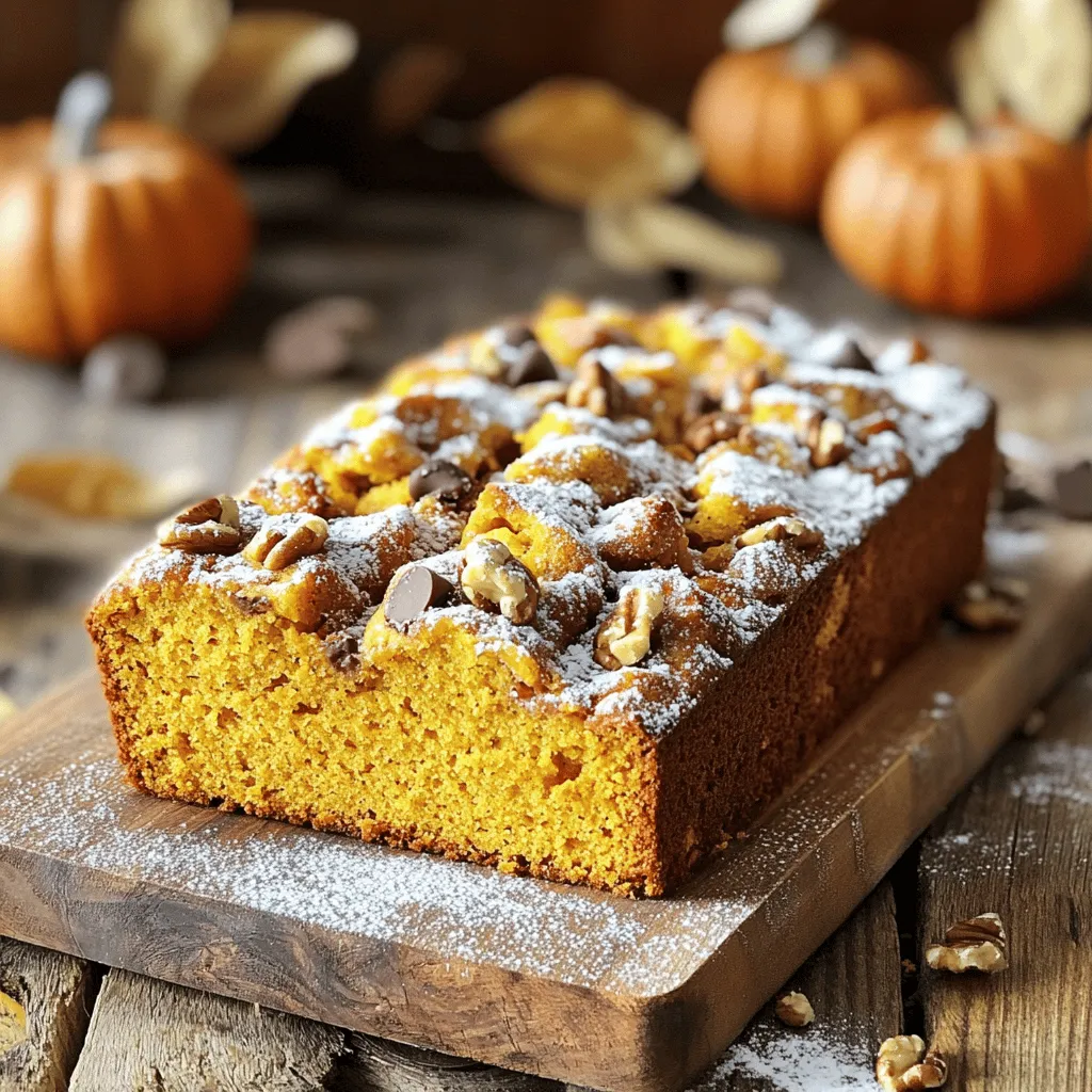 In this section, I’ll share the simple ingredients you need for Vanilla Pudding Pumpkin Bread. Each item plays a key role in making your bread moist and tasty. - 1 cup canned pumpkin puree - 1 cup instant vanilla pudding mix - 1/2 cup vegetable oil - 3/4 cup sugar - 2 large eggs - 1 teaspoon vanilla extract - 1 1/2 cups all-purpose flour - 1 teaspoon baking soda - 1 teaspoon baking powder - 1 teaspoon ground cinnamon - 1/2 teaspoon nutmeg - 1/4 teaspoon salt - Optional mix-ins: - 1/2 cup chopped walnuts - 1/2 cup chocolate chips Using canned pumpkin puree gives you a smooth texture. Instant vanilla pudding mix adds creaminess and sweetness. Vegetable oil helps keep the bread moist. Sugar balances the flavors, and eggs bind everything together. Vanilla extract enhances the bread's aroma. In the dry mix, all-purpose flour gives structure. Baking soda and baking powder help it rise. Ground cinnamon and nutmeg add warm spice notes. Salt rounds out the sweetness. If you want extra texture, try adding walnuts or chocolate chips. These mix-ins can make your bread even more delightful. 1. Preheating the oven: Start by setting your oven to 350°F (175°C). This helps the bread bake evenly. 2. Mixing wet ingredients: In a large bowl, add the canned pumpkin puree, instant vanilla pudding mix, vegetable oil, sugar, eggs, and vanilla extract. Stir until everything blends smoothly. 3. Combining dry ingredients: In a separate bowl, whisk together the all-purpose flour, baking soda, baking powder, ground cinnamon, nutmeg, and salt. This step mixes the dry ingredients well. 1. Folding in optional ingredients: If you want, add chopped walnuts or chocolate chips to the batter. Gently fold them in to keep the mix light. 2. Pouring the batter into the pan: Pour the batter into a greased and floured 9x5-inch loaf pan. Use a spatula to smooth the top. 3. Baking time and toothpick test: Bake the bread for 55 to 60 minutes. To check if it's done, insert a toothpick in the center. If it comes out clean, the bread is ready. 1. Cooling in the pan: After baking, let the bread cool in the pan for about 10 minutes. This helps it firm up. 2. Transferring to a wire rack: Carefully turn the loaf out onto a wire rack. Let it cool completely before slicing. Enjoy the sweet aroma of your vanilla pudding pumpkin bread! When making vanilla pudding pumpkin bread, do not overmix. Overmixing can make your bread dense and tough. Stir just until you see no more dry flour. This keeps your bread light and fluffy. To achieve a moist texture, use canned pumpkin puree. It adds moisture that makes the bread soft. The vanilla pudding mix also helps keep the bread moist. If you want extra flavor, add a bit of cinnamon or nutmeg. For toppings, consider adding powdered sugar or a drizzle of glaze. A dollop of whipped cream can elevate the flavors and make it feel special. You can also serve it warm with a scoop of vanilla ice cream. Best accompaniments include a cup of coffee or chai tea. Both drinks enhance the warm spices in the bread. Pairing your bread with fresh fruit can also add a refreshing touch. The best bakeware for this recipe is a 9x5-inch loaf pan. This size helps the bread bake evenly. Make sure to grease and flour the pan to prevent sticking. For mixing and measuring, use a large mixing bowl for wet ingredients. A whisk works well for combining dry ingredients. A rubber spatula is great for folding in any optional mix-ins. Having these tools ready will make your baking process smoother! {{image_2}} You can easily change the taste of your vanilla pudding pumpkin bread. Adding spices like ginger or cloves gives it a warm kick. Just a teaspoon of either will enhance the flavor. You can also substitute nuts. Try pecans or almonds instead of walnuts. This switch adds a new texture and taste. For gluten-free options, use almond or coconut flour. These flours work well in this recipe. They keep the bread moist and yummy. If you want a vegan version, swap the eggs for flaxseed meal. Mix 1 tablespoon of flaxseed with 2.5 tablespoons of water. Let it sit until it thickens. Then, use it in place of eggs in the recipe. Make your bread festive by adding dried fruits or chocolate chips. Cranberries or raisins add sweetness and color for the holidays. You can also make mini loaves for gifting. This way, you can share the joy of your delicious bread with friends and family. Just adjust the baking time to about 25-30 minutes for mini loaves. For the full recipe of vanilla pudding pumpkin bread, check out the earlier section. Store leftover vanilla pudding pumpkin bread in an airtight container. This keeps it fresh longer. You can also wrap it tightly in plastic wrap. Make sure to store it at room temperature. This helps maintain the soft texture. To freeze the bread, first let it cool completely. Wrap it tightly in plastic wrap and then foil. This prevents freezer burn. You can freeze it for about three months. To thaw, take it out and leave it at room temperature. For faster results, you can microwave it for a few seconds. At room temperature, the bread lasts about four to five days. Look for signs that it has gone bad. If it smells sour or has mold, it’s best to toss it out. Fresh bread should smell sweet and inviting. Enjoy it while it's still soft and moist! Can I use homemade pumpkin puree instead of canned? Yes, you can use homemade pumpkin puree. Just make sure it is smooth and not too watery. Canned pumpkin is thicker, which helps the bread rise well. If your puree is runny, add a bit of flour to balance it out. Can I make this recipe without eggs? Absolutely! You can replace each egg with 1/4 cup of unsweetened applesauce. This keeps the bread moist and adds a bit of sweetness. You can also use flaxseed meal mixed with water for a vegan option. How do I know when the bread is fully baked? To check for doneness, insert a toothpick in the center. If it comes out clean or with a few crumbs, the bread is ready. You can also gently press on the top. If it springs back, it’s done. Can I make this recipe into muffins? Yes, you can! Simply pour the batter into muffin tins instead of a loaf pan. Bake for about 20-25 minutes. Check doneness with a toothpick, just like the bread. What should I do if my batter is too thick? If your batter seems too thick, add a splash of milk or water. Mix it in slowly until you reach your desired consistency. The batter should be thick but pourable. Best ways to serve pumpkin bread Pumpkin bread is great warm or at room temp. You can serve it with a dusting of powdered sugar or drizzle with vanilla glaze. Adding a dollop of whipped cream makes it a real treat. Pairing suggestions with beverages This bread pairs well with coffee or tea. A glass of milk also complements it nicely. For something special, try serving it with a spiced chai latte. In this blog post, we explored a simple pumpkin bread recipe. I covered the key ingredients, clear steps for preparation, and baking tips to ensure success. We also discussed variations and storage advice to help you make the most of your baking experience. Remember, with a few tweaks, you can create a delicious treat all year round. Try different flavors and mix-ins to make it your own. Happy baking!