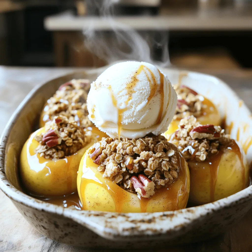 - 4 medium-sized apples (Granny Smith or Honeycrisp recommended) - 1 cup rolled oats - ½ cup brown sugar - 1 teaspoon cinnamon - ¼ teaspoon nutmeg - ¼ cup all-purpose flour - ½ cup unsalted butter, melted - ½ cup chopped pecans or walnuts (optional) - 1 teaspoon vanilla extract - Pinch of salt - Optional toppings: Vanilla ice cream or whipped cream Gathering the right ingredients is key to a great dish. I love using Granny Smith or Honeycrisp apples. They bring a nice tartness that balances the sweetness of the crisp. Rolled oats are a must for that crunchy topping. Brown sugar adds depth, while cinnamon and nutmeg give warmth. When mixing the dry ingredients, I always add a pinch of salt. It enhances all the flavors. Unsalted butter is best, as it allows you to control the saltiness. If you like, toss in some chopped nuts for crunch. For a special touch, consider serving these baked apples with vanilla ice cream or whipped cream. The warm apples paired with cold cream is simply divine. Follow the full recipe for the steps to create this tasty treat. 1. Preheat the oven and prepare apples: Start by preheating your oven to 350°F (175°C). While the oven heats, take 4 medium-sized apples, like Granny Smith or Honeycrisp, and core them. Make sure to leave the bottoms intact. This keeps the filling inside. 2. Make the oat mixture: In a mixing bowl, combine 1 cup rolled oats, ½ cup brown sugar, 1 teaspoon cinnamon, ¼ teaspoon nutmeg, and ¼ cup all-purpose flour. Add a pinch of salt to enhance the flavors. Mix well until all the dry ingredients blend together. Next, pour in ½ cup melted unsalted butter and 1 teaspoon vanilla extract. Stir until the mixture is crumbly. If you like, fold in ½ cup chopped pecans or walnuts for a nice crunch. 3. Fill and bake the apples: Place the cored apples in a baking dish. Fill each apple with the oat mixture, pressing it down gently. This helps pack it in. Add about ¼ cup of water to the bottom of the dish. This keeps the apples moist while baking. Cover the dish with aluminum foil and bake for 25 minutes. After that, remove the foil and bake for an additional 15-20 minutes. You want the apples to be tender and the topping golden brown. - Covering and baking time: Cover the dish with foil for the first 25 minutes. This helps the apples cook evenly. Removing the foil allows the topping to crisp up nicely. - Checking for doneness: After 40-45 minutes, check if the apples are tender. You can use a fork to poke through the apple. If it goes in easily, they are done. If not, give them a few more minutes. Enjoy your delicious apple crisp baked apples warm, maybe with a scoop of vanilla ice cream on top! For the full recipe, check out the detailed instructions. Choose firm apples for the best results. Granny Smith and Honeycrisp are great choices. They hold their shape well and bring a nice balance of sweet and tart flavors. Look for apples that feel heavy for their size and have a smooth skin. Avoid any with bruises or soft spots. Mix the topping in a bowl until it feels crumbly. Use your fingers to blend the oats, flour, sugar, and spices with melted butter. This keeps the topping light and crunchy. For baking, I suggest using a glass or ceramic dish. These materials help the apples cook evenly without burning. Serve your baked apples warm. A scoop of vanilla ice cream on top adds a nice creaminess. You can also use whipped cream for a lighter touch. To make it pretty, sprinkle a little cinnamon on top before serving. Arrange the apples on a nice plate to impress your guests. For the complete recipe, check out the Full Recipe. {{image_2}} You can change the nuts in this recipe. Try almonds or hazelnuts. They add a nice crunch and flavor. If you prefer no nuts, skip them altogether. You can also swap brown sugar for maple syrup or honey for a different taste. For vegan options, use coconut oil instead of butter. Use a plant-based milk for moisture if needed. For gluten-free, replace all-purpose flour with almond flour or oat flour. These swaps keep the dish tasty and fun. To spice things up, add more cinnamon or a touch of ginger. A hint of vanilla or almond extract can lift the flavor too. If you like it sweet, toss in some dried cranberries or raisins. They bring a chewy texture that contrasts nicely with the baked apple. You might also try adding chocolate chips to the oat mix. They melt into a delicious gooey treat. Mix and match these ideas to find your perfect apple crisp baked apples. With each variation, you create a new twist on a classic dish. For the full recipe, check back later! To store leftover apple crisp baked apples, first let them cool. Place them in an airtight container. Store in the fridge for up to three days. If you want to save them longer, you can freeze them. Wrap each apple tightly in plastic wrap. Then, place them in a freezer-safe bag or container. They can last up to three months in the freezer. When you're ready to enjoy leftovers, preheat your oven to 350°F (175°C). Place the apples in a baking dish. Cover them with foil to help keep them moist. Bake for about 15-20 minutes. This helps maintain the crispness of the topping. You can also use the microwave for quick reheating. Just place one apple on a microwave-safe plate. Heat in 30-second intervals, checking often. Serve your warmed apple crisp baked apples with a scoop of vanilla ice cream or a dollop of whipped cream. This makes for a delightful treat! For the full recipe, check out the details above. Yes, you can use other apples. Varieties like Fuji, Gala, or Braeburn work well too. Each type brings its own flavor and sweetness. Just pick apples that are firm and not too soft. Baked apples last about 3 to 5 days in the fridge. Store them in an airtight container to keep them fresh. You can also freeze them for up to 3 months. Just remember to let them cool before freezing. Absolutely! You can make the oat filling a day in advance. Just store it in the fridge in an airtight container. When you’re ready to bake, fill the apples and pop them in the oven. If you want to avoid butter, use coconut oil or vegan butter. Both options give a nice texture. You can also use applesauce for a lower-fat choice, but it may change the crispiness a bit. To make this dish nut-free, simply leave out the chopped pecans or walnuts. The filling will still taste great without them. You can add a bit more oats for texture instead. For the full recipe, check the link! In summary, we explored how to make delicious Apple Crisp Baked Apples. You learned about the key ingredients and easy steps for prep and cooking. I shared tips on selecting apples and achieving a perfect topping. Variations let you customize your dish to suit your taste. Finally, storage and reheating tips help keep your treats fresh. Enjoy making this warm, tasty dessert for yourself or loved ones. Simple, fun, and sure to please!