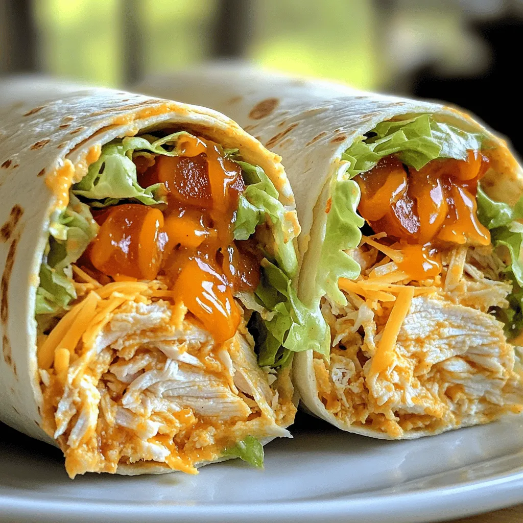 To make a tasty buffalo chicken wrap, gather these simple ingredients: - 2 cups cooked chicken, shredded - 1/2 cup buffalo sauce - 1/2 cup cream cheese, softened - 1/2 cup shredded lettuce - 1/4 cup diced tomatoes - 1/4 cup shredded cheddar cheese - 4 large tortillas - 1 tablespoon olive oil - Salt and pepper to taste You can swap out some ingredients to fit your taste. If you want less heat, choose a mild buffalo sauce. For a lighter option, use Greek yogurt instead of cream cheese. You can also use any cooked chicken you have on hand, like rotisserie chicken. For a vegetarian wrap, chickpeas or grilled veggies work well in place of chicken. When picking ingredients, freshness matters. Choose bright, crisp lettuce and ripe tomatoes for the best flavor. Look for chicken that is tender and juicy. If you buy buffalo sauce, check the label for quality ingredients. A good sauce has a nice balance of heat and flavor. For cream cheese, aim for a brand with simple ingredients. This attention to quality will make your buffalo chicken wrap shine! First, take 2 cups of cooked chicken and shred it. You can use a fork or your hands. Next, pour in 1/2 cup of buffalo sauce. Mix well until the chicken is fully coated. This gives the chicken a nice kick! If you want it spicier, add more sauce. Now, let’s build your wrap! Grab 4 large tortillas and lay them on a flat surface. Take a bowl and blend 1/2 cup of softened cream cheese with a pinch of salt and pepper. Spread a generous tablespoon of this cream cheese mixture in the center of each tortilla. Then, add the buffalo chicken mix on top. Next, toss on a handful of shredded lettuce, some diced tomatoes, and a sprinkle of shredded cheddar cheese. It adds flavor and crunch! Now, fold the sides of the tortilla inward. Then, roll it tightly from the bottom to keep everything inside. Heat a pan over medium heat and add 1 tablespoon of olive oil. Once the oil is hot, place each wrap seam-side down in the pan. Cook for about 2-3 minutes on each side. You want them to be golden brown and crispy. When done, take them out and let them cool for a minute. For easy eating, cut each wrap in half diagonally. Enjoy your meal! For the full recipe, refer to the instructions above. To make a great cream cheese spread, start with softened cream cheese. This helps it blend smoothly. Add a pinch of salt and pepper for flavor. Mix it well until it is creamy. You want it to spread easily on the tortilla. If you like, add herbs like chives or dill for more taste. This small change makes a big difference. Garnishes add color and flavor. You can use shredded lettuce, diced tomatoes, and shredded cheese. These toppings give your wrap crunch and freshness. You could also add sliced jalapeños for heat or diced avocado for creaminess. Fresh cilantro or parsley can brighten up the dish. Get creative with what you have at home! To keep your wraps crisp, avoid overfilling them. Use just enough filling to enjoy the flavor but not so much that it spills out. Spread the cream cheese evenly to create a barrier. This helps keep the moisture in check. Wrapping them tightly also helps. If you plan to eat them later, store them in a dry place or wrap them in parchment paper. This keeps them fresh and ready to eat. {{image_2}} You can adjust the heat of your buffalo chicken wraps. For a spicy kick, use extra hot buffalo sauce. You can also mix in some chopped jalapeños for added heat. If you prefer mild flavors, opt for a milder sauce or blend in ranch dressing. This will tame the spice but keep the flavor. If you want a vegetarian wrap, swap the chicken for roasted cauliflower or chickpeas. Both options soak up flavors well. You can also use tempeh or tofu marinated in buffalo sauce. These ingredients add protein and texture. Don't forget to use the same cream cheese mix for a creamy touch. Get creative with your fillings! Try adding sliced avocado for creaminess or crunchy celery for texture. You could even add black beans for a hearty bite. Mixing in other veggies like bell peppers or corn can change the taste. Use the full recipe as a base and make it your own. To keep your buffalo chicken wraps fresh, wrap them tightly in plastic wrap or foil. Place them in an airtight container. This helps avoid any drying out. Store them in the fridge for up to three days. If you want to keep them longer, consider freezing. When you are ready to eat your leftovers, reheat them in a skillet for best results. Heat the skillet on medium and add a little olive oil. Place the wrap seam-side down. Cook for about 2-3 minutes on each side. This keeps the wrap crispy. You can also use a microwave, but it may make the wrap softer. Freezing wraps is a great way to prepare meals ahead of time. Make sure the wraps are fully cooled before freezing. Wrap each one in plastic wrap and then in foil. Place them in a freezer bag. They can last for up to three months. When ready to eat, thaw in the fridge overnight before reheating. Yes, you can use store-bought rotisserie chicken. It saves time and works great. Just shred the chicken and mix it with buffalo sauce. This option is perfect for quick meals. You still get that tasty flavor without the extra work. Buffalo chicken wraps go well with many sides. Here are some tasty ideas: - Celery sticks - Carrot sticks - Fresh fruit salad - Chips and salsa - A light salad These sides add crunch and freshness. They make a great meal together. To make a lower-calorie version, try these tips: - Use low-fat cream cheese or Greek yogurt instead. - Choose whole wheat tortillas for more fiber. - Add more veggies like spinach or cucumbers. These changes help cut calories while keeping the flavors. You can enjoy a healthier meal without losing taste. For the full recipe, check out the Buffalo Bliss Chicken Wraps. You now have all you need to make tasty buffalo chicken wraps. We discussed the right ingredients, how to prepare and assemble them, and tips to keep them crispy. You also learned ways to vary the recipe, store leftovers, and answer common questions. With this knowledge, you can create delicious wraps that everyone will love. Enjoy making and sharing them!