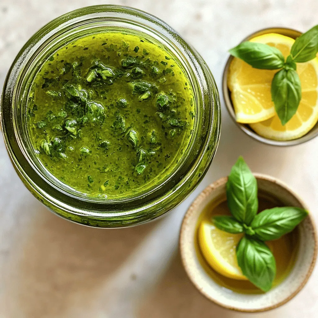 For a great fresh basil vinaigrette, you need simple, fresh ingredients. Here’s what to gather: - 1 cup fresh basil leaves, packed - 1/2 cup extra virgin olive oil - 1/4 cup fresh lemon juice - 2 tablespoons honey or maple syrup - 1 teaspoon Dijon mustard - 1 clove garlic, minced - Salt and black pepper, to taste Using fresh basil gives your vinaigrette a bright flavor. Choose basil that feels soft and looks vibrant. When you measure your ingredients, use dry measuring cups for solids and liquid measuring cups for liquids. This ensures accuracy. - Wash the basil leaves well to remove dirt. - Pat them dry with a paper towel. This helps the vinaigrette blend smoothly. Make sure to measure lemon juice fresh, as bottled juice lacks flavor. You can customize your vinaigrette with add-ins. Here are a few ideas: - Add 1 tablespoon of grated Parmesan cheese for a cheesy twist. - Toss in a teaspoon of red pepper flakes for heat. - Incorporate chopped nuts for texture, like walnuts or almonds. These options can enhance the taste and make your vinaigrette unique. Want to explore the full recipe? Check out the Fresh Basil Vinaigrette with Zesty Lemon recipe. Making fresh basil vinaigrette is easy and fun. First, wash the basil leaves under cold water. This removes dirt and dust. Next, pat them dry with a paper towel. This step is key for a smooth vinaigrette. In your food processor or blender, add the basil leaves, lemon juice, honey or maple syrup, Dijon mustard, and minced garlic. Pulse the mixture a few times. You want the basil to chop finely and mix well with the other ingredients. While the processor runs, slowly drizzle in the olive oil. This helps the vinaigrette become smooth and creamy. After blending, taste your vinaigrette. Add salt and black pepper to your liking, then mix again briefly. Finally, pour your vinaigrette into a jar or airtight container. Refrigerate for at least 30 minutes. This waiting time lets the flavors blend beautifully. Using a food processor or blender makes this recipe simple. Here are some tips to get the best results: - Chop Basil First: Before adding other ingredients, chop the basil for even blending. - Pulse, Don’t Blend: Pulsing helps control how finely you chop the basil. Too much blending can make it too smooth. - Add Oil Slowly: Pouring in the oil slowly helps create a good emulsion. This means it won't separate. An emulsion happens when oil and vinegar (or lemon juice) blend together. To achieve the perfect emulsion: - Temperature Matters: Make sure all your ingredients are at room temperature. Cold ingredients can stop the emulsion. - Blend Gradually: Start blending at a low speed. Gradually increase the speed as you add oil. This helps everything combine. - Taste and Adjust: After blending, taste your vinaigrette. You can adjust flavors by adding more salt, pepper, or lemon juice. With these instructions, you will make a fresh basil vinaigrette that tastes amazing! For the full recipe, check the recipe section above. Store your fresh basil vinaigrette in an airtight jar. Keep it in the fridge. It will stay fresh for about a week. If you notice any separation, just shake it well before use. To keep it longer, consider freezing it in ice cube trays. This way, you can thaw small amounts as needed. To boost flavor, use fresh ingredients. Fresh lemon juice gives a bright taste. Try adding a pinch of red pepper flakes for heat. You can also mix in some grated Parmesan cheese for a savory twist. If you want a sweeter profile, adjust honey or maple syrup to your liking. Always taste your vinaigrette as you go. This helps you find the perfect balance. Fresh basil vinaigrette works well on many dishes. Drizzle it over a garden salad for freshness. It also pairs nicely with grilled vegetables. Use it as a marinade for chicken or fish before cooking. You can even add it to pasta dishes for a burst of flavor. Try serving it with crusty bread for dipping, too. This vinaigrette makes any meal feel special. For the full recipe, check the earlier section. {{image_2}} You can swap honey for maple syrup in this recipe. Honey adds a rich sweetness, while maple syrup gives a more unique taste. If you prefer a vegan option, go with maple syrup. It still works great with the fresh basil and lemon. Experiment to find which one you like best. Try adding other herbs to mix up the flavor. Fresh parsley or mint can give your vinaigrette a new twist. For a bolder taste, add a bit of cilantro or dill. This can change the whole vibe of your dish. Just remember to balance the flavors so that the basil doesn’t get lost. You can also alter the acidity by switching the citrus. Instead of lemon juice, use lime or orange juice. Lime gives a zesty kick, while orange adds a sweet, fruity note. Each choice changes the vinaigrette's overall taste and pairs well with different salads. Try them out to see what you enjoy more. For the full recipe, check out the detailed steps to make your Fresh Basil Vinaigrette. To keep your fresh basil vinaigrette tasty, store it in an airtight jar. Make sure the jar is clean before you fill it. Place the jar in the fridge right after making it. This helps keep the flavors fresh and bright. Fresh basil vinaigrette lasts about one week in the fridge. After that, the herbs may lose their flavor. Always check for any off smells or changes in color. If it looks or smells funny, it’s best to toss it. You can freeze fresh basil vinaigrette if you need it to last longer. Use an ice cube tray to freeze small amounts. Once frozen, transfer the cubes to a freezer bag. This way, you can take out just what you need later. Just remember to use it within three months for the best taste. Fresh basil vinaigrette shines on salads. It adds bright flavor to greens. You can drizzle it over grilled chicken or fish for a fresh twist. This vinaigrette also works great as a dip for veggies. Use it to dress pasta salads or as a sauce on sandwiches. The zesty lemon and fresh basil create a burst of flavor in every bite. While you can use dried basil, fresh basil is best. Dried herbs lack the bright taste and aroma of fresh. If you use dried basil, use less than fresh. A good rule is to use one teaspoon of dried for every tablespoon of fresh. However, the flavor will not be as vibrant. Fresh basil adds a unique touch that dried simply cannot match. To thicken your vinaigrette, try adding more olive oil. Blend it in slowly until you reach your desired texture. You can also add a bit of Dijon mustard for thickness. Another option is to mix in a small amount of honey or maple syrup. These will not only thicken the vinaigrette but also enhance its flavor. If you want it creamier, consider adding a dollop of Greek yogurt. If you have more questions about fresh basil vinaigrette, feel free to ask! This recipe is simple and fun to make. You can explore new ways to enjoy it. Remember, the flavors meld beautifully after chilling. So, try making it ahead of time for a meal prep win. You can find the full recipe to guide you in making this delightful dressing. In this post, we explored fresh basil vinaigrette from start to finish. We covered key ingredients, preparation tips, and step-by-step instructions. You learned how to achieve the perfect blend and enhance flavors. We discussed variations, storage tips, and answers to common questions. Making this vinaigrette is fun and rewarding. It adds flavor to many dishes. Enjoy making your own fresh basil vinaigrette and get creative with it!