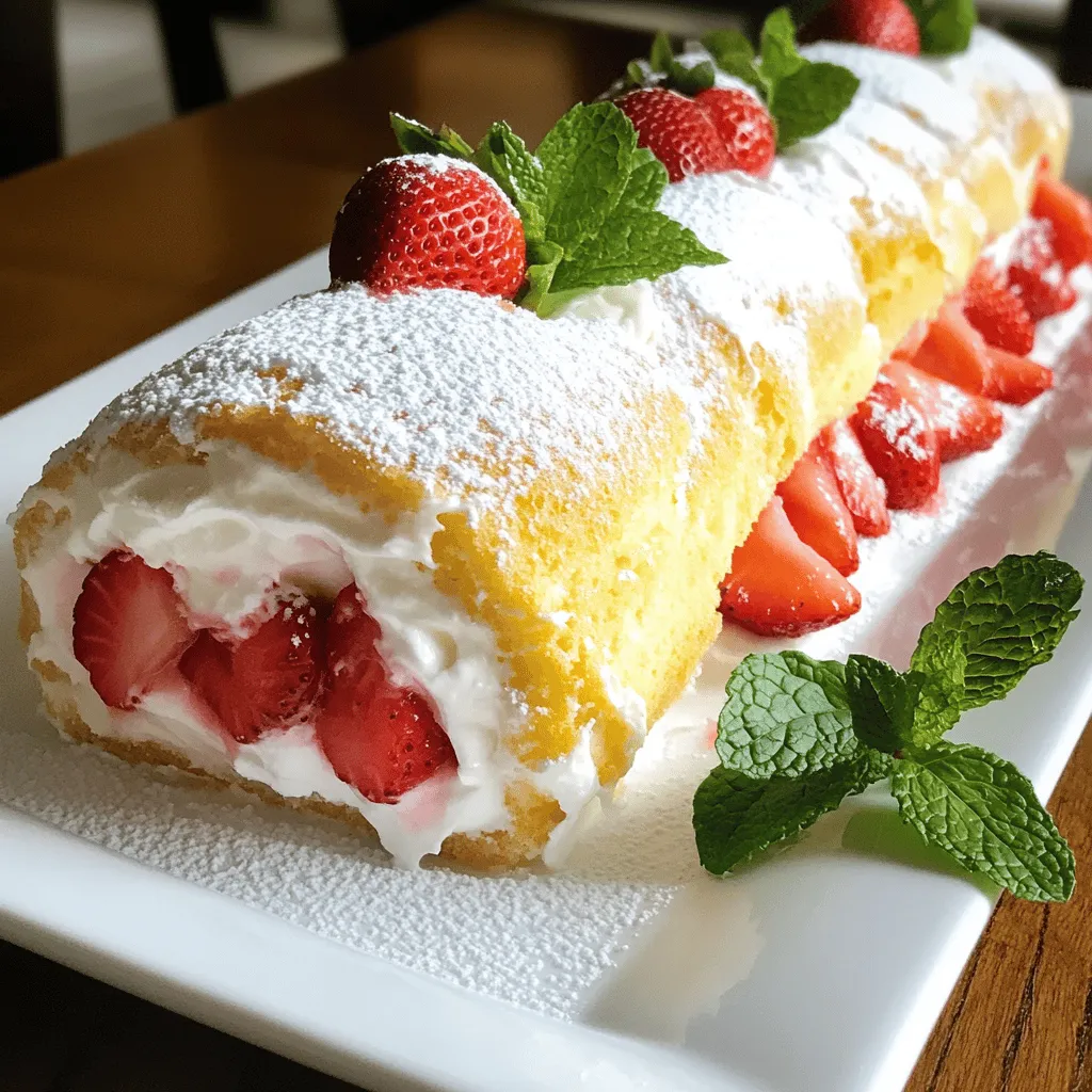 To make the airy strawberry roll cake, gather these essential ingredients: - 4 large eggs - 1 cup granulated sugar - 1 teaspoon vanilla extract - 1 cup all-purpose flour - 1 teaspoon baking powder - 1/4 teaspoon salt - 1/4 cup milk - 1 cup heavy cream - 2 tablespoons powdered sugar - 1 cup fresh strawberries, sliced - 1 tablespoon lemon juice - Fresh mint leaves (for garnish, optional) Using high-quality ingredients makes a big difference in taste. Fresh strawberries will give your cake bright flavor. Look for eggs that are organic or free-range for richer yolks. Use pure vanilla extract instead of imitation for a true vanilla flavor. You can also add optional ingredients for extra flair. Consider a splash of almond extract in the batter or a sprinkle of orange zest with the strawberries. These small touches can elevate your cake to new heights. For the full recipe, you can find detailed steps in the next section. To make the cake batter, start by preheating your oven to 350°F (175°C). Line a 15x10 inch jelly roll pan with parchment paper and grease it lightly. In a large bowl, beat 4 large eggs and 1 cup granulated sugar with an electric mixer on high speed for about 5-7 minutes. You want the mix to look pale and fluffy. Next, add 1 teaspoon of vanilla extract and mix until combined. In a separate bowl, whisk together 1 cup all-purpose flour, 1 teaspoon baking powder, and 1/4 teaspoon salt. Gradually fold this dry mix into the egg mix. Be gentle to avoid deflating the batter. Now, pour in 1/4 cup of milk and fold until just combined. Spread the batter evenly in the pan and bake for 12-15 minutes. It should be lightly golden. To check, insert a toothpick in the center; it should come out clean. While it bakes, prepare a clean kitchen towel with powdered sugar. Once the cake has baked, invert it onto the towel right away. Carefully peel off the parchment paper. Roll the cake tightly in the towel from one short end. Let it cool completely in this rolled form. For the filling, whip 1 cup of heavy cream with 2 tablespoons of powdered sugar until stiff peaks form. This means the cream holds its shape well. Set this aside. Next, slice 1 cup of fresh strawberries and toss them with 1 tablespoon of lemon juice. Let them sit for about 10 minutes. This step helps bring out the strawberries' natural sweetness. Once the cake is cool, unroll it carefully. Spread the whipped cream evenly over the surface, leaving a small border around the edges. Then, arrange the macerated strawberries on top of the cream. Now, start rolling the cake back up without the towel. Do this gently to keep the filling inside. Place the cake seam-side down on a serving platter. If you like, dust the top with more powdered sugar and add fresh mint leaves for decoration. Follow these steps for a delightful Airy Strawberry Roll Cake. For the complete instructions, check the Full Recipe. To make your cake light and fluffy, focus on beating the eggs well. Use an electric mixer on high speed. Beat the eggs and sugar for about 5-7 minutes. This step adds air, which helps the cake rise. Bake the cake at 350°F (175°C) for 12-15 minutes. Check it with a toothpick. It should come out clean when the cake is done. A light golden color means it is perfect. One key pitfall is overmixing the batter. Be gentle when folding in the dry ingredients. Too much mixing can make your cake dense. Also, be sure to cool the cake properly. If you unroll it too soon, it may crack. On the other hand, if it bakes too long, it can dry out. You will need a few essential tools. A jelly roll pan is a must for this cake. A clean kitchen towel is also important for rolling the cake. Use a large mixing bowl for the batter and a whisk for the dry ingredients. An electric mixer makes beating the eggs easier. These tools help you create a smooth and tasty roll cake. For the full recipe, check the earlier section. {{image_2}} You can switch up the filling in your airy strawberry roll cake. Try using other fruits like blueberries, raspberries, or peaches. Each fruit adds a unique taste. For the whipped cream, you can add flavors like almond extract, chocolate, or even a hint of citrus zest. These small changes can make the cake feel fresh each time you bake it. If you want a gluten-free cake, use almond flour or a gluten-free mix. Both options keep the cake fluffy. For a dairy-free whipped cream, use coconut cream instead. Just chill the can overnight and whip it up like regular cream. These swaps let you enjoy the cake without the usual ingredients. Get creative when serving your cake! Try slicing it into individual pieces and placing them on colorful plates. You can drizzle some berry sauce on the plate for extra flair. Pair the cake with a light tea or a fruity sparkling drink. These ideas make the cake not just tasty but also a feast for the eyes. Check out the Full Recipe for more details on making this delightful dessert! To keep your airy strawberry roll cake fresh, place it in an airtight container. This helps prevent it from drying out. You can also cover it tightly with plastic wrap. The roll cake stays fresh in the fridge for about 3 to 4 days. After that, it may lose its light texture and flavor. To freeze your roll cake, wrap it tightly in plastic wrap. Then, place it in a freezer-safe bag. Make sure to remove any air to avoid freezer burn. You can freeze it for up to 3 months. When you're ready to serve, take it out and let it thaw in the fridge overnight. For a quick thaw, leave it at room temperature for about 2 hours. Once thawed, you can dust it with powdered sugar and enjoy! To make a light roll cake, you focus on a few key techniques. First, beating the eggs and sugar together until fluffy adds air, which helps lift the cake. Use an electric mixer for best results. Next, gently fold in the dry ingredients. This keeps the air you’ve added. Avoid stirring too hard or you will lose that fluffiness. Lastly, bake it at the right temperature and for the right time. This helps it rise and stay soft. Yes, you can prepare this cake ahead of time! Bake and cool the cake as usual. Once cool, wrap it tightly in plastic wrap. This keeps it fresh. You can store it in the fridge for up to two days. If you want to keep it longer, freeze it. Just make sure to wrap it well. When you’re ready to serve, let it thaw in the fridge for a few hours. Then, fill and roll it right before serving. If your roll cake cracks, don’t worry. You can fix it! First, check if you rolled it too tight. A gentle roll gives it room to expand. If it cracks, use whipped cream to cover the cracks when you assemble it. This hides the flaws and keeps it moist. If it cracks while baking, check your oven temperature. Too hot can cause it to dry out. Next time, lower the temperature a bit for better results. This blog post covered everything you need to make a light strawberry roll cake. We went over the ingredients, from essentials to optional flavors. I gave you step-by-step instructions for preparation, making the filling, and assembling the cake. We also shared tips for great texture and common mistakes to avoid. In the end, a homemade roll cake is simple and fun. With a few variations and proper storage tips, you can enjoy this treat anytime. Happy baking!