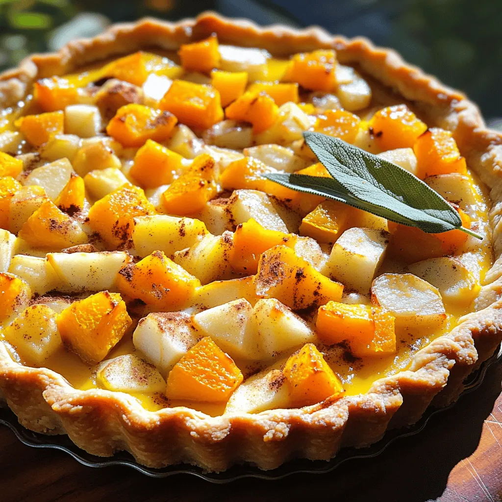 For a delicious Cozy Autumn Harvest Tart, gather these ingredients: - 1 pre-made pie crust (or homemade if preferred) - 2 cups diced butternut squash - 1 cup diced apple (like Granny Smith or Honeycrisp) - 1/2 cup yellow onion, finely chopped - 2 tablespoons olive oil - 1 tablespoon maple syrup - 1 teaspoon ground cinnamon - 1/2 teaspoon nutmeg - 1/2 teaspoon salt - 1/4 teaspoon black pepper - 3 large eggs - 1 cup heavy cream - Fresh sage leaves for garnish When picking produce, look for bright colors and firm textures. Choose butternut squash that feels heavy for its size. The skin should be smooth and free from blemishes. For apples, go for those with no soft spots. Firm apples hold their shape well in the tart. Fresh herbs, like sage, should have vibrant green leaves without wilting. You can swap butternut squash with pumpkin or acorn squash for a different taste. If you want a sweeter tart, try using pears instead of apples. For those who want a lighter version, use half-and-half in place of heavy cream. If you're short on eggs, you can replace each egg with a quarter cup of unsweetened applesauce. First, you need to set the oven. Preheat it to 400°F (200°C). This heat will help cook the tart evenly. Next, gather your veggies. You will need butternut squash, apple, and onion. Dice them into small, even pieces. This makes sure they cook well. In a large bowl, mix the diced squash, apple, and onion. Pour in the olive oil and maple syrup. Then, add the cinnamon, nutmeg, salt, and black pepper. Toss everything together until it is coated nicely. Spread the mixture on a baking sheet. Make sure it is in a single layer. This way, everything roasts evenly. Place the sheet in the oven and roast for 20-25 minutes. You want the squash to be tender. Halfway through, stir the mixture. This helps all the flavors blend better. The smell will fill your kitchen, making it feel cozy. While the veggies roast, prepare the custard. In a separate bowl, whisk together the eggs and heavy cream. Keep whisking until they blend well. Add a pinch of salt and pepper for flavor. Once the roasted mixture cools a bit, remove it from the oven. Spread it evenly in the pie crust. Pour the egg and cream mixture over the top. Make sure it covers the veggies well. Then, lower the oven temperature to 375°F (190°C). Bake the tart for 30-35 minutes. You want the custard to set and the top to turn golden brown. After baking, let the tart cool for at least 10 minutes. This will help it hold its shape when sliced. Garnish with fresh sage leaves for a pretty touch before serving. Enjoy your Cozy Autumn Harvest Tart! For the complete recipe, refer to the [Full Recipe]. To get a great crust, start with a cold pie crust. If using a pre-made crust, keep it in the fridge until you're ready to use it. This helps it hold shape. Use your fingers to press the dough into the pie dish. Don’t stretch it too much. You want it to fit snugly without tearing. If you make a homemade crust, use chilled butter. This keeps the crust flaky. Roll it out on a lightly floured surface. Aim for an even thickness. After placing it in the dish, remember to poke holes in the bottom. This helps steam escape while baking, so your crust doesn't get soggy. For a creamy custard, whisk the eggs and cream well. Mix until smooth and frothy. This adds air, making it light. Use fresh eggs for the best flavor and texture. Room temperature eggs combine better with the cream. When pouring the custard over the filling, do it slowly. This allows it to settle evenly. If you're worried about lumps, strain it through a fine mesh sieve. This step ensures a smooth custard. Garnishing makes your tart shine. Fresh sage leaves add color and flavor. Place them on top right before serving. You can also sprinkle a little cinnamon for extra warmth. For a sweet touch, drizzle some maple syrup over each slice. It adds shine and a hint of sweetness. Consider serving with a dollop of whipped cream on the side. This adds creaminess and makes each bite more special. These tips will help you create a beautiful and tasty Cozy Autumn Harvest Tart. For the full recipe, check the earlier section. Enjoy your cooking! {{image_2}} You can swap ingredients to change the taste of the Cozy Autumn Harvest Tart. Try using pumpkin instead of butternut squash for a classic fall flavor. Sweet potatoes work great too! If you want a sweeter touch, replace apples with pears. Each choice brings its own unique flavor. This tart can easily suit a vegetarian or vegan diet. For a vegetarian option, use a plant-based cream instead of heavy cream. You can replace eggs with a mix of ground flaxseed and water. For a vegan version, choose a dairy-free pie crust. This way, everyone can enjoy the cozy taste. Pair this tart with simple side dishes to complete your meal. A fresh green salad with a light vinaigrette adds a nice crunch. Roasted Brussels sprouts or garlic green beans make tasty side dishes too. For a warm touch, serve the tart with apple cider or hot tea. These sides enhance the cozy feel of this fall dish. If you're ready to create this comforting tart, check out the Full Recipe for all the details! After enjoying your tart, let it cool completely. Place it on a plate or in a shallow container. Cover it tightly with plastic wrap or aluminum foil. This keeps it fresh for up to three days in the fridge. If you plan to enjoy it later, storing it properly is key. To reheat the tart, preheat your oven to 350°F (175°C). Place the tart on a baking tray. Cover it with foil to prevent burning. Heat for about 15-20 minutes. Check if it's hot in the center. This method keeps the crust crisp and the filling warm. For long-term storage, you can freeze the tart. First, let it cool completely. Wrap it tightly in plastic wrap, then in aluminum foil. Label it with the date. It can last up to three months in the freezer. To eat, thaw it in the fridge overnight, then reheat as mentioned above. Enjoy your Cozy Autumn Harvest Tart any time! Cottagecore is a trend that celebrates a simple, rural lifestyle. It focuses on nature, homemade food, and cozy settings. Fall recipes inspired by cottagecore often feature warm flavors and seasonal ingredients. Think of hearty soups, roasted vegetables, and sweet treats like pies. This style brings a sense of comfort and nostalgia. You can feel the warmth of a cozy kitchen with each bite. Yes, you can! While butternut squash works great in the Cozy Autumn Harvest Tart, you can swap it for other varieties. Acorn squash or pumpkin are good options too. They will add their own unique flavor and texture. Just make sure to adjust cooking times if needed. Each type of squash gives a lovely taste to the tart. The Cozy Autumn Harvest Tart pairs well with many sides. A simple green salad with a light vinaigrette is a great choice. You might also enjoy roasted root vegetables for extra warmth. For a heartier meal, serve it with a creamy soup, like butternut squash soup. These sides will enhance the cozy feeling and make your meal complete. This blog post guides you through making a Cozy Autumn Harvest Tart. We explored key ingredients, including tips for picking fresh produce and smart swaps. Step-by-step instructions showed you how to make the crust and custard. I shared tips for the perfect texture and ways to garnish. We also discussed variations and how to store leftovers. Fall is a great time to enjoy this tart with your favorite sides. Embrace the season and have fun experimenting with flavors!
