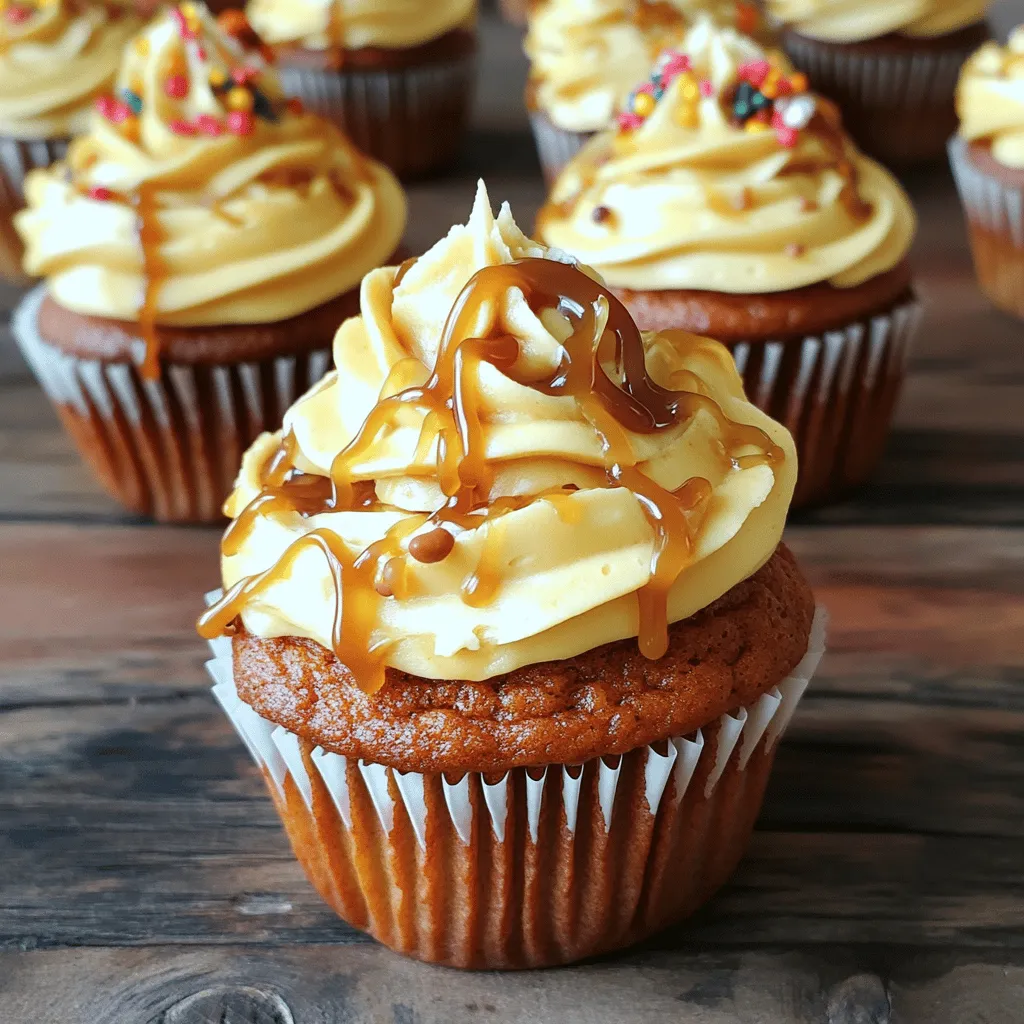 - 1 ½ cups all-purpose flour - 1 teaspoon baking powder - 1 teaspoon baking soda - ½ teaspoon salt - 1 teaspoon ground cinnamon - ½ teaspoon ground nutmeg - ½ teaspoon ground ginger - ½ cup unsalted butter, softened - 1 cup granulated sugar - 2 large eggs - 1 cup canned pumpkin puree - ½ teaspoon vanilla extract - ½ cup brown sugar - 8 oz cream cheese, softened - ½ cup unsalted butter, softened - 1 teaspoon vanilla extract - 2 cups powdered sugar - ¼ cup caramel sauce (store-bought or homemade) Every ingredient plays a key role in making these cupcakes great. The dry ingredients create the base. Flour provides structure while baking powder and baking soda help them rise. The spices add warmth and flavor. For the wet ingredients, butter gives richness and moisture. Sugar adds sweetness. Eggs bind everything together. Pumpkin puree brings a lovely texture and flavor. It also keeps the cupcakes moist. The frosting ingredients are just as important. Cream cheese and butter create a smooth base. The vanilla adds a nice touch. Powdered sugar sweetens the frosting and gives it the right consistency. Finally, caramel sauce adds that extra layer of flavor we all love. Check out the Full Recipe to see how to combine these ingredients into delicious pumpkin cupcakes with caramel cream cheese frosting. - Preheat your oven to 350°F (175°C). - Line a cupcake tray with paper liners. - In a bowl, whisk together: - 1 ½ cups all-purpose flour - 1 teaspoon baking powder - 1 teaspoon baking soda - ½ teaspoon salt - 1 teaspoon ground cinnamon - ½ teaspoon ground nutmeg - ½ teaspoon ground ginger - Set this mix aside for later use. - In a large bowl, beat together: - ½ cup unsalted butter, softened - 1 cup granulated sugar - Mix until creamy and light. This takes about 3 to 4 minutes. - Add 2 large eggs, one at a time. Mix well after each egg. - Stir in: - 1 cup canned pumpkin puree - ½ teaspoon vanilla extract - Mix until smooth. - Gradually add the dry ingredients to the wet mix. Stir gently. Avoid overmixing. - Fill each cupcake liner about 2/3 full with batter. - Bake in the preheated oven for 18 to 20 minutes. - Check doneness with a toothpick. It should come out clean. - Let the cupcakes cool in the tray for 5 minutes. - Transfer them to a wire rack to cool completely. - In a mixing bowl, beat together: - 8 oz cream cheese, softened - ½ cup unsalted butter, softened - Mix until creamy and smooth. - Add 1 teaspoon vanilla extract. - Gradually mix in: - 2 cups powdered sugar - Keep mixing until you get your desired sweetness and consistency. - Fold in: - ¼ cup caramel sauce - Once the cupcakes are cool, generously frost each one with the caramel cream cheese frosting. - For an extra treat, drizzle some additional caramel sauce on top. For the complete recipe, check out the [Full Recipe]. To make moist pumpkin cupcakes, start with fresh ingredients. Fresh ingredients boost flavor and texture. Always check dates on baking items. Use the right measuring techniques. Spoon flour into your measuring cup, then level it off. This avoids too much flour in your mix, which can dry out cupcakes. For a creamy frosting, ensure your butter and cream cheese are at room temperature. This step is key for a smooth blend. If they’re too cold, the frosting can be lumpy. Adjust the sweetness to your taste by adding powdered sugar slowly. This helps you find the perfect balance for your caramel cream cheese frosting. Check your oven temperature for accuracy. An oven thermometer can help with this. If your oven runs hot, cupcakes may bake too fast and dry out. Avoid overmixing your batter. Mix until just combined to keep your cupcakes light and fluffy. Too much mixing can make them tough. These tips will guide you toward making the best pumpkin cupcakes with caramel cream cheese frosting. For the complete recipe, check [Full Recipe]. {{image_2}} If you want to switch up the frosting on your pumpkin cupcakes, try these options: - Whipped cream frosting: This light and airy frosting adds a fluffy touch. Just whip heavy cream with a bit of sugar and vanilla until soft peaks form, then pipe it onto the cupcakes. - Maple cream cheese frosting: For a twist, mix maple syrup into the cream cheese base. This adds a rich, sweet flavor that pairs well with pumpkin. You can adjust the recipe for different diets: - Gluten-free flour options: Use a gluten-free all-purpose flour blend. This way, you can enjoy these cupcakes without gluten. - Vegan substitutions: Replace eggs with applesauce or flaxseed meal mixed with water. Use vegan butter and dairy-free cream cheese for a completely plant-based treat. Add some extra fun to your cupcakes with these ideas: - Adding chocolate chips: Fold in a cup of chocolate chips into the batter for a sweet surprise with each bite. - Incorporating nuts: Chopped walnuts or pecans can add a nice crunch and nutty flavor. Sprinkle them in the batter or on top of the frosting for an extra touch. These variations let you personalize your pumpkin cupcakes. Feel free to mix and match to find your favorite combination! For the complete recipe, check out the Full Recipe section. To keep your pumpkin cupcakes fresh, store them properly. You can keep them at room temperature or refrigerate them. If you choose room temperature, place them in an airtight container. This helps keep them moist. For refrigeration, it’s best to use the same airtight container. This method prevents them from drying out. How long do these pumpkin cupcakes last? If stored correctly at room temperature, they can stay fresh for up to three days. In the fridge, they can last up to a week. Look for signs of spoilage. If you see mold or a strange smell, it’s time to toss them. Freezing is a great option if you want to save these treats for later. First, let the cupcakes cool completely. Then, wrap each one tightly in plastic wrap. Place them in a freezer-safe bag or container. To thaw, simply take them out and leave them at room temperature for a few hours. This helps keep their flavor intact. Enjoy them later along with the full recipe! Yes, you can make these cupcakes a day ahead. Bake and cool them fully. Then, place them in an airtight container. Keep them at room temperature. Frost them just before serving for the best taste. To frost pumpkin cupcakes, use a piping bag with a star tip. This gives a nice swirl. If you don't have a piping bag, a simple offset spatula works well. Start from the center and swirl outwards. Yes, homemade caramel sauce adds a special touch. To make it, melt sugar slowly until it turns golden. Then, add butter and cream carefully. Stir until smooth. Let it cool before using in the frosting. You can use applesauce or mashed bananas instead of pumpkin puree. Both give moisture and flavor. Sweet potato puree is another great option. Each of these adds a nice taste to your cupcakes. Check for doneness by inserting a toothpick into the center. If it comes out clean or with a few crumbs, they’re done. You can also gently press the tops; they should spring back. If they sink, they need more time. These pumpkin cupcakes combine simple ingredients and steps for great results. Start with a mix of dry and wet ingredients that creates a rich batter. Follow the easy instructions to bake and cool the cupcakes, then make a creamy frosting. Add your choice of flavors or modifications to make them unique. Remember to store them well to keep your treats fresh. Enjoy these tasty delights at any gathering. You’ll impress everyone with your baking skills!