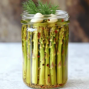 First, choose a bunch of fresh asparagus. Look for bright green stalks that are firm and straight. Trim the tough ends so they fit well in your jar. Aim for about 1 pound of asparagus. This will give you a nice, crunchy treat. You will need a few key ingredients for the pickling liquid. Gather: - 1 cup of water - 1 cup of white vinegar - 1 tablespoon of sugar - 1 tablespoon of sea salt - 2 cloves of garlic, peeled and smashed These ingredients create a tangy and tasty brine. The vinegar adds acidity, while sugar and salt balance the flavors. To make your pickled asparagus extra special, consider these optional add-ins: - 1 teaspoon red pepper flakes (adjust to your heat level) - 1 teaspoon dill seeds - 1 teaspoon mustard seeds - 1 teaspoon black peppercorns - Fresh dill sprigs for garnish These add-ins give your asparagus a unique taste. Feel free to mix and match based on your preference. For a spicy kick, add more red pepper flakes; for a fresh aroma, use more dill. For the complete recipe, check out the Full Recipe section. Enjoy creating your crunchy and tangy pickled asparagus! First, rinse the asparagus well to remove dirt. Trim off the tough ends so they fit in your jar. I like to cut about an inch from the bottom. This small step makes a big difference in taste and texture. You want fresh, crisp asparagus for this recipe. In a small saucepan, combine one cup of water, one cup of white vinegar, one tablespoon of sugar, and one tablespoon of sea salt. Stir the mix until the sugar and salt dissolve. Heat it over medium heat until it simmers. This will help blend the flavors together. After that, remove it from the heat and let it cool slightly. Grab a clean quart jar for packing. Place two smashed garlic cloves, red pepper flakes, dill seeds, mustard seeds, and black peppercorns in the jar. Then, pack the trimmed asparagus into the jar. Make sure they stand upright and leave some space at the top. Pour the hot pickling liquid over the asparagus. Ensure they are fully covered. If you see air bubbles, use a spoon to push them down gently. Once cool, cover the jar and place it in the fridge. Let it sit for at least 24 hours, but 3 to 5 days gives the best flavor. For the complete recipe, check the Full Recipe section. To keep your pickled asparagus crunchy, start with fresh asparagus. Look for firm, bright green stalks. The thicker the stalks, the better they hold up. Trim the ends to remove any tough parts. When you pack them into the jar, make sure they stand up straight. This helps them soak in the pickling liquid evenly. You can also add a few grape leaves or a piece of celery to the jar. These ingredients release tannins, which help keep the asparagus crisp. Sterilizing your jars is key for safe pickling. Start by cleaning them in hot, soapy water. Rinse well, then place them in a pot of boiling water for 10 minutes. This kills germs that could spoil your pickles. You can also run your jars through the dishwasher on a hot cycle. Make sure everything is dry before you use them. Using clean jars ensures your pickled asparagus stays fresh and tasty longer. To boost flavor, experiment with spices. Besides the garlic and dill, try adding mustard seeds or black peppercorns. You can even toss in some red pepper flakes for heat. Let the asparagus sit in the fridge for at least a day, but three to five days is best. This gives time for flavors to meld. For a touch of freshness, include dill sprigs before serving. For the full recipe, check out Zesty Pickled Refrigerator Asparagus 🥒. {{image_2}} To add heat, use extra red pepper flakes. Start with 1 tablespoon instead of 1 teaspoon. If you love spice, consider adding sliced jalapeños. This adds a nice kick and flavor. The heat blends well with the tangy taste of the pickling liquid. You can also try adding sriracha for a different twist. For a fresh taste, add herbs to your pickling jar. Basil, thyme, or tarragon work well. Simply place a few sprigs in with the asparagus. This adds layers of flavor. Dill is a classic choice, but feel free to experiment. The more herbs you try, the more unique your pickled asparagus will become. While white vinegar is common, you can switch it up. Apple cider vinegar gives a fruity twist. Rice vinegar is milder and adds a sweet touch. Experiment with different vinegars to find your favorite mix. Each type brings its own flavor profile to your pickled asparagus. Using flavored vinegars can also enhance the taste. You can keep pickled asparagus in the fridge for up to three months. The flavor gets better over time, so don’t rush to eat them. After a week, they become more tangy and delicious. I recommend eating them within two months for the best taste. Check your pickled asparagus before eating. Look for changes in color or texture. If you see any mold, it’s time to toss them out. An off smell is also a clear sign of spoilage. Always trust your senses. If you doubt it, throw it away. Store your pickled asparagus in a clean, airtight jar. Make sure the jar is tightly sealed to keep air out. This helps maintain their crunchiness and tangy flavor. Always place them in the coldest part of your fridge. Avoid opening the jar too often, as this can let in bacteria. For a complete guide, check the Full Recipe. Pickled asparagus can last for about 2 to 4 weeks in the fridge. The vinegar acts as a preservative, keeping the asparagus crisp and tasty. After a week, the flavor gets better as it sits. I always recommend checking for any signs of spoilage, like off smells or unusual colors. Yes, you can reuse the pickling liquid! Just remember to strain it first to remove any solids. It’s great for pickling more asparagus or other veggies. However, keep in mind that the flavor may be less strong after the first use. Always taste the liquid before using it again. This pickling method works for many vegetables! You can try carrots, cucumbers, or radishes. Even cauliflower or green beans can be great. Just make sure to adjust the spices and time based on what you choose. Pickling is a fun way to explore new flavors and textures! In this post, I covered how to pick fresh asparagus and make a tasty pickling liquid. You learned how to pack jars and store your pickles for later use. I shared tips for keeping your asparagus crisp and discussed various flavor options, like spicy and herb-infused recipes. Pickling asparagus is fun and easy. With just a few ingredients, you can create a dish that brightens any meal. Enjoy your pickling journey and try new flavors!
