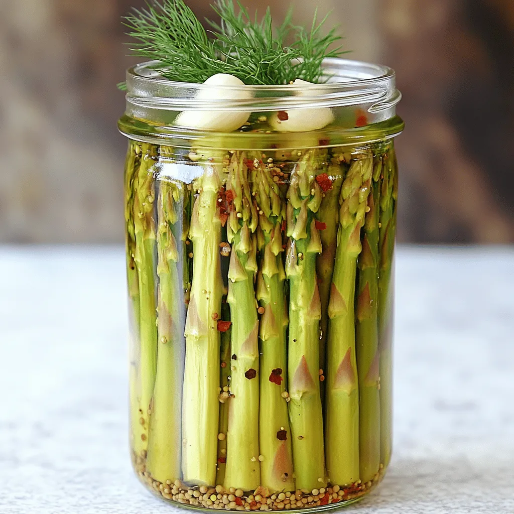 First, choose a bunch of fresh asparagus. Look for bright green stalks that are firm and straight. Trim the tough ends so they fit well in your jar. Aim for about 1 pound of asparagus. This will give you a nice, crunchy treat. You will need a few key ingredients for the pickling liquid. Gather: - 1 cup of water - 1 cup of white vinegar - 1 tablespoon of sugar - 1 tablespoon of sea salt - 2 cloves of garlic, peeled and smashed These ingredients create a tangy and tasty brine. The vinegar adds acidity, while sugar and salt balance the flavors. To make your pickled asparagus extra special, consider these optional add-ins: - 1 teaspoon red pepper flakes (adjust to your heat level) - 1 teaspoon dill seeds - 1 teaspoon mustard seeds - 1 teaspoon black peppercorns - Fresh dill sprigs for garnish These add-ins give your asparagus a unique taste. Feel free to mix and match based on your preference. For a spicy kick, add more red pepper flakes; for a fresh aroma, use more dill. For the complete recipe, check out the Full Recipe section. Enjoy creating your crunchy and tangy pickled asparagus! First, rinse the asparagus well to remove dirt. Trim off the tough ends so they fit in your jar. I like to cut about an inch from the bottom. This small step makes a big difference in taste and texture. You want fresh, crisp asparagus for this recipe. In a small saucepan, combine one cup of water, one cup of white vinegar, one tablespoon of sugar, and one tablespoon of sea salt. Stir the mix until the sugar and salt dissolve. Heat it over medium heat until it simmers. This will help blend the flavors together. After that, remove it from the heat and let it cool slightly. Grab a clean quart jar for packing. Place two smashed garlic cloves, red pepper flakes, dill seeds, mustard seeds, and black peppercorns in the jar. Then, pack the trimmed asparagus into the jar. Make sure they stand upright and leave some space at the top. Pour the hot pickling liquid over the asparagus. Ensure they are fully covered. If you see air bubbles, use a spoon to push them down gently. Once cool, cover the jar and place it in the fridge. Let it sit for at least 24 hours, but 3 to 5 days gives the best flavor. For the complete recipe, check the Full Recipe section. To keep your pickled asparagus crunchy, start with fresh asparagus. Look for firm, bright green stalks. The thicker the stalks, the better they hold up. Trim the ends to remove any tough parts. When you pack them into the jar, make sure they stand up straight. This helps them soak in the pickling liquid evenly. You can also add a few grape leaves or a piece of celery to the jar. These ingredients release tannins, which help keep the asparagus crisp. Sterilizing your jars is key for safe pickling. Start by cleaning them in hot, soapy water. Rinse well, then place them in a pot of boiling water for 10 minutes. This kills germs that could spoil your pickles. You can also run your jars through the dishwasher on a hot cycle. Make sure everything is dry before you use them. Using clean jars ensures your pickled asparagus stays fresh and tasty longer. To boost flavor, experiment with spices. Besides the garlic and dill, try adding mustard seeds or black peppercorns. You can even toss in some red pepper flakes for heat. Let the asparagus sit in the fridge for at least a day, but three to five days is best. This gives time for flavors to meld. For a touch of freshness, include dill sprigs before serving. For the full recipe, check out Zesty Pickled Refrigerator Asparagus 🥒. {{image_2}} To add heat, use extra red pepper flakes. Start with 1 tablespoon instead of 1 teaspoon. If you love spice, consider adding sliced jalapeños. This adds a nice kick and flavor. The heat blends well with the tangy taste of the pickling liquid. You can also try adding sriracha for a different twist. For a fresh taste, add herbs to your pickling jar. Basil, thyme, or tarragon work well. Simply place a few sprigs in with the asparagus. This adds layers of flavor. Dill is a classic choice, but feel free to experiment. The more herbs you try, the more unique your pickled asparagus will become. While white vinegar is common, you can switch it up. Apple cider vinegar gives a fruity twist. Rice vinegar is milder and adds a sweet touch. Experiment with different vinegars to find your favorite mix. Each type brings its own flavor profile to your pickled asparagus. Using flavored vinegars can also enhance the taste. You can keep pickled asparagus in the fridge for up to three months. The flavor gets better over time, so don’t rush to eat them. After a week, they become more tangy and delicious. I recommend eating them within two months for the best taste. Check your pickled asparagus before eating. Look for changes in color or texture. If you see any mold, it’s time to toss them out. An off smell is also a clear sign of spoilage. Always trust your senses. If you doubt it, throw it away. Store your pickled asparagus in a clean, airtight jar. Make sure the jar is tightly sealed to keep air out. This helps maintain their crunchiness and tangy flavor. Always place them in the coldest part of your fridge. Avoid opening the jar too often, as this can let in bacteria. For a complete guide, check the Full Recipe. Pickled asparagus can last for about 2 to 4 weeks in the fridge. The vinegar acts as a preservative, keeping the asparagus crisp and tasty. After a week, the flavor gets better as it sits. I always recommend checking for any signs of spoilage, like off smells or unusual colors. Yes, you can reuse the pickling liquid! Just remember to strain it first to remove any solids. It’s great for pickling more asparagus or other veggies. However, keep in mind that the flavor may be less strong after the first use. Always taste the liquid before using it again. This pickling method works for many vegetables! You can try carrots, cucumbers, or radishes. Even cauliflower or green beans can be great. Just make sure to adjust the spices and time based on what you choose. Pickling is a fun way to explore new flavors and textures! In this post, I covered how to pick fresh asparagus and make a tasty pickling liquid. You learned how to pack jars and store your pickles for later use. I shared tips for keeping your asparagus crisp and discussed various flavor options, like spicy and herb-infused recipes. Pickling asparagus is fun and easy. With just a few ingredients, you can create a dish that brightens any meal. Enjoy your pickling journey and try new flavors!