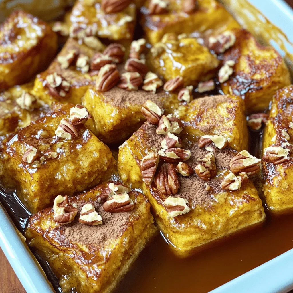 To make a tasty Pumpkin French Toast Bake, you need a few key items: - 1 large loaf of brioche or challah bread, cut into cubes - 1 cup canned pumpkin puree - 4 large eggs - 1 cup milk (dairy or non-dairy) - 1/2 cup brown sugar - 1 teaspoon vanilla extract - 1 teaspoon ground cinnamon - 1/2 teaspoon ground nutmeg - 1/4 teaspoon ground ginger - Pinch of salt These ingredients create a rich, creamy base. The pumpkin gives it a warm, cozy flavor. The spices like cinnamon and nutmeg add a hint of warmth that fits fall perfectly. While the basic recipe is great, you can enhance it with extras. Here are some optional ingredients to consider: - 1/2 cup chopped pecans or walnuts - Maple syrup for serving Adding nuts gives a nice crunch. The syrup adds sweetness and pairs well with the pumpkin flavor. Feel free to mix and match these extras based on your taste. You can easily swap out ingredients if you have dietary needs or preferences. Here are some ideas: - Use gluten-free bread for a gluten-free version. - Almond milk or oat milk works well if you want a non-dairy option. - Coconut sugar can replace brown sugar for a less processed sweetener. These changes keep the dish delicious while fitting your needs. For the full recipe, check the earlier sections for precise measurements and steps. Start by gathering all your ingredients. You will need brioche or challah bread, pumpkin puree, eggs, milk, brown sugar, vanilla extract, cinnamon, nutmeg, ginger, salt, and nuts if you want. These steps will help you prepare a great meal. 1. Preheat your oven to 350°F (175°C). Grease a 9x13-inch baking dish with cooking spray or butter. 2. In a large bowl, whisk the pumpkin puree, eggs, milk, brown sugar, vanilla, cinnamon, nutmeg, ginger, and salt. Mix until smooth. 3. Cut the bread into cubes. Add them to the bowl. Stir gently to coat each piece with the pumpkin mix. If you choose, fold in the nuts. Now it’s time to bake! 1. Transfer the bread mixture to the greased dish. Spread it out evenly. 2. Cover the dish with aluminum foil. Let it sit for about 15 minutes. This helps the bread soak up the mix. 3. Bake the dish covered for 30 minutes. Then, remove the foil and bake for an extra 15-20 minutes. The top should be golden brown, and the center should look set. To check if your bake is done: - Look for a golden brown color on the top. - Gently touch the center to see if it feels firm. - Insert a toothpick in the center. If it comes out clean, it’s ready! This dish is so warm and comforting. You can find the full recipe above to make this delightful meal! To get the best texture in your Pumpkin French Toast Bake, use stale bread. Stale bread soaks up the pumpkin mixture better. If your bread is fresh, cut it into cubes and let it sit out for a few hours. This helps it dry out. You want each piece to soak up that delicious mixture. When you bake it, the outside gets crispy, while the inside stays soft. You can serve your Pumpkin French Toast Bake warm. Drizzle it with maple syrup for extra sweetness. Add a dusting of powdered sugar on top for a fancy touch. Fresh fruit, like sliced bananas or berries, also works well. You can even add a dollop of whipped cream. For a twist, serve it with a scoop of vanilla ice cream. Pair your bake with a warm drink. A cup of spiced chai tea complements the pumpkin flavors. You can also try a sweet apple cider. If you prefer coffee, a pumpkin spice latte is a great match. These drinks will make your meal feel cozy and special. Enjoy your delicious creation with your favorite beverage! {{image_2}} To make a gluten-free pumpkin French toast bake, swap the bread. Use gluten-free bread instead of brioche or challah. Check the label to confirm it is truly gluten-free. The rest of the recipe stays the same. You still get the creamy pumpkin flavor. This version tastes just as good! For a vegan pumpkin French toast bake, replace eggs and milk. Use flax eggs instead of regular eggs. To make flax eggs, mix one tablespoon of ground flaxseed with three tablespoons of water. Let it sit for five minutes to thicken. Use almond milk or oat milk in place of regular milk. These simple swaps keep the dish delicious and dairy-free. You can add different flavors to your pumpkin French toast bake. Try mixing in chocolate chips or dried fruit like cranberries. They add a nice sweetness. For toppings, drizzle with maple syrup or sprinkle with powdered sugar after baking. You can also serve it with whipped cream or yogurt for extra creaminess. Each bite can be a new treat! To keep your Pumpkin French Toast Bake fresh, let it cool first. Place any leftovers in an airtight container. Store them in the fridge for up to three days. Make sure to cover it well to prevent drying out. When you're ready to enjoy leftovers, preheat your oven to 350°F (175°C). Place the Pumpkin French Toast Bake in an oven-safe dish. Cover it with foil to keep it moist. Heat for about 15-20 minutes or until warm. You can also use a microwave. Just heat individual pieces for about 30-45 seconds. If you want to save some for later, you can freeze it. Cut the bake into portions and wrap them tightly in plastic wrap. Then place them in a freezer bag or container. Label it with the date. You can freeze it for up to three months. To eat, defrost it in the fridge overnight and reheat as described above. For the full recipe, check the earlier section! Yes, you can prepare this dish the night before. Just make the mix and pour it over the bread. Cover it well and place it in the fridge. In the morning, let it sit for a bit before baking. This helps the bread soak up all the flavors. It saves time and tastes great! You can serve this dish with maple syrup or whipped cream. Fresh fruit like berries or bananas adds color and taste. A sprinkle of powdered sugar on top looks nice and sweetens the flavor. You can also enjoy it with a hot drink like coffee or tea for a cozy breakfast. To boost nutrition, you can use whole-grain bread instead of white bread. Adding nuts like walnuts or pecans gives healthy fats and protein. You can also cut down on sugar by using less brown sugar or adding natural sweeteners like mashed bananas or applesauce. This way, you keep it tasty and healthy! You can find the full recipe [here](Full Recipe). It includes all the steps and tips you need to make this delicious dish! This blog post covered making a tasty Pumpkin French Toast Bake. We discussed essential and optional ingredients, plus how to substitute if needed. You learned the steps to prepare, bake, and check for doneness. I shared tips for perfect texture and great serving ideas. We explored gluten-free and vegan variations, along with storage and reheating tips. Now, grab your ingredients and start baking. Enjoy this dish any time of the year!