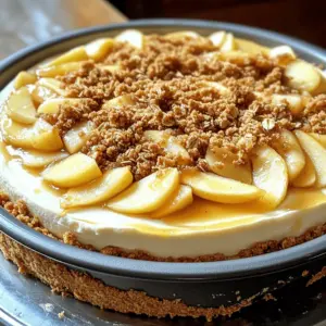 - 1 ½ cups graham cracker crumbs - ½ cup unsalted butter, melted - ¼ cup sugar - 3 (8 oz) packages cream cheese, softened - 1 cup sugar - 3 large eggs - 1 teaspoon vanilla extract - 1 teaspoon cinnamon - 3 cups apples, peeled, cored, and sliced - ½ cup brown sugar - 1 tablespoon lemon juice - 1 teaspoon cinnamon - 1 cup old-fashioned oats - ½ cup flour - ½ cup brown sugar - ½ cup unsalted butter, softened - 1 teaspoon cinnamon For this dessert, I love using fresh ingredients. Choose tart apples like Granny Smith or Honeycrisp. They add a great tang to balance the sweet cheesecake. For the crust, graham cracker crumbs give a nice crunch. The melted butter binds it all and adds richness. In the filling, cream cheese is key. It makes the cheesecake smooth and creamy. I add sugar and eggs for sweetness and structure. Vanilla and cinnamon boost the flavor, making each bite delightful. The apple topping offers a sweet and tangy twist. Brown sugar enhances the apples' natural sweetness. Lemon juice brightens the mix and keeps the apples fresh. Finally, the crisp topping adds texture. Oats give a chewy bite, while flour and brown sugar create a sweet crumble. Softened butter helps it all stick together. You can find the full recipe to create this delicious Apple Crisp Cheesecake! 1. Preheat your oven to 325°F (160°C). This helps the cheesecake bake evenly. 2. In a bowl, mix the graham cracker crumbs, melted butter, and sugar. Press this mixture firmly into the bottom of a 9-inch springform pan. 3. Bake the crust for 10 minutes, then remove it from the oven. Let it cool completely. 1. In a large mixing bowl, beat the softened cream cheese with the sugar until smooth. 2. Add the eggs, one at a time, mixing well after each. Stir in vanilla extract and cinnamon until just combined. 3. Pour this creamy filling over the cooled crust. Smooth the top with a spatula. 1. In a bowl, mix the sliced apples with brown sugar, lemon juice, and cinnamon. 2. Layer this apple mixture evenly over the cheesecake filling. 3. In another bowl, combine oats, flour, brown sugar, softened butter, and cinnamon. Mix until crumbly. 4. Sprinkle this crisp topping over the apple layer. 1. Bake the cheesecake for 50-60 minutes. It is done when the edges are set, but the center is slightly jiggly. 2. Let it cool at room temperature for about 1 hour. After that, refrigerate for at least 4 hours or overnight for best results. For more details, check the Full Recipe. To bake a perfect cheesecake, start with room temperature ingredients. This means your cream cheese, eggs, and other ingredients mix smooth. Mixing cold ingredients can lead to lumps in your filling. Cracks can form during baking if the temperature is too high. Bake at a low temperature, around 325°F (160°C). Also, avoid opening the oven door while it cooks. This keeps the heat steady and helps the cheesecake rise evenly. Even cooking is key for a creamy texture. Place a pan of water on the oven's bottom rack. The steam helps keep the cheesecake moist and prevents cracks. Pair your cheesecake with sides to enhance its flavor. A scoop of vanilla ice cream or a dollop of whipped cream works well. Fresh fruit, like berries, adds a nice touch and color. Garnish your cheesecake for a beautiful presentation. Try a sprinkle of cinnamon or a drizzle of caramel sauce. You can also add some crushed nuts on top for crunch. For beverages, consider pairing with coffee or a sweet dessert wine. Tea also complements the flavors nicely, especially chai or green tea. You can easily customize your cheesecake for different tastes. Adding nuts, like walnuts or pecans, gives a nice crunch. Stir them into the crisp topping for an extra surprise. Different apple varieties can change the taste. Try tart Granny Smith apples for a zing. Honeycrisp apples add sweetness and a juicy texture. Flavoring variations can take your cheesecake to the next level. A swirl of caramel sauce adds rich flavor. You can also mix in some spices, like nutmeg or ginger, for a fun twist. For the full recipe, check out the complete guide. {{image_2}} You can easily make this dessert gluten-free. Just substitute regular graham crackers with gluten-free ones. Look for brands that taste great and have good texture. For the crisp topping, use almond flour instead of regular flour. This change adds nice flavor and keeps the crunch. If you want a vegan version, swap the cream cheese for a vegan cream cheese alternative. Many brands now offer tasty options that work well. Instead of regular eggs, use flax eggs. To make a flax egg, mix one tablespoon of ground flaxseed with three tablespoons of water. Let it sit for a few minutes until it thickens. Feel free to get creative with your fruit choices! You can add other fruits like pears or berries for a fun twist. This keeps the recipe fresh and exciting. Also, consider adjusting spices based on the season. For example, in fall, you might want to add nutmeg or even a bit of ginger. These small changes make your cheesecake unique and delicious. For more details, check out the Full Recipe. To store leftover apple crisp cheesecake, wrap it tightly in plastic wrap. This keeps it fresh and prevents it from drying out. You can also place it in an airtight container. Properly stored, the cheesecake lasts about 5-7 days in the fridge. Enjoy it cold or let it sit out for a bit before serving. If you want to freeze apple crisp cheesecake, slice it first. Wrap each slice in plastic wrap, then in aluminum foil. This prevents freezer burn and keeps it tasty. For best results, consume the frozen cheesecake within 2-3 months. When you're ready to eat, thaw it in the fridge overnight. This helps maintain its creamy texture and flavor. Making Apple Crisp Cheesecake takes about 7 hours in total. This includes prep and chilling time. You will spend around 30 minutes preparing the ingredients and baking. The cheesecake needs at least 4 hours to chill in the fridge. I suggest making it a day ahead for the best taste! Yes, you can use store-bought crust! A pre-made graham cracker crust will save time. Just make sure it fits a 9-inch springform pan. Brands like Keebler or Nabisco work well. This way, you can focus on the cheesecake filling and toppings. Granny Smith or Honeycrisp apples are the best for this recipe. They add a nice tartness that balances the sweet cheesecake. Their firm texture holds up well when baked. You could also mix in some sweet apples for extra flavor! Absolutely! You can make this cheesecake a day or two ahead. Just store it in the fridge after it cools. It tastes even better after chilling. This gives the flavors time to blend together perfectly. Just remember to cover it well. This apple crisp cheesecake combines creamy filling and sweet, spiced apples. We discussed each layer, from the crust to the toppings. Remember, using room temperature ingredients helps avoid cracks. Feel free to customize flavors to suit your taste. Don't forget storage tips to keep leftovers fresh. Enjoy this treat with friends or family. It’s sure to impress everyone around the table. Enjoy baking and let your creativity shine!