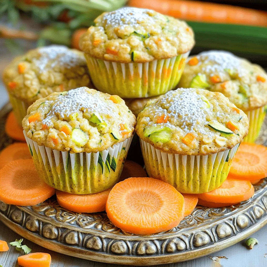 In these zucchini carrot oatmeal muffins, each ingredient plays a key role. Here are the main ones: - 1 cup grated zucchini (about 1 medium zucchini) - 1 cup grated carrot (about 2 medium carrots) - 1 cup rolled oats - 1 cup whole wheat flour - 1/2 cup brown sugar (or coconut sugar) - 1/2 cup unsweetened applesauce - 1/4 cup honey or maple syrup - 1/4 cup vegetable oil or melted coconut oil - 1 tsp baking powder - 1/2 tsp baking soda - 1/2 tsp cinnamon - 1/4 tsp nutmeg - 1/4 tsp salt These ingredients create a moist and tasty muffin. The zucchini adds moisture, while the carrots bring sweetness and color. The oats and whole wheat flour add fiber, making these muffins filling and nutritious. You can customize these muffins with some fun add-ins. Here are a few options: - 1/2 cup walnuts or pecans (optional) - 1/2 cup raisins or chocolate chips (optional) Adding nuts gives a nice crunch. Chocolate chips add sweetness, while raisins boost flavor. Feel free to mix and match based on your taste! If you need to swap ingredients, here are some ideas: - Replace brown sugar with coconut sugar for a lighter option. - Use almond flour instead of whole wheat flour for a gluten-free muffin. - Swap applesauce with mashed banana for a different flavor. These substitutions can help you make the muffins fit your diet or taste. Enjoy experimenting with your own twist on the full recipe! Start by gathering all your ingredients. This helps keep you organized. Preheat your oven to 350°F (175°C). Line a muffin tin with paper liners or lightly grease it. In a large bowl, combine 1 cup of grated zucchini and 1 cup of grated carrot. Set this bowl aside for now. In another bowl, mix 1 cup of rolled oats with 1 cup of whole wheat flour. Add in 1 teaspoon of baking powder, 1/2 teaspoon of baking soda, 1/2 teaspoon of cinnamon, 1/4 teaspoon of nutmeg, and 1/4 teaspoon of salt. Stir until well blended. Next, in a third bowl, whisk together 1/2 cup of brown sugar, 1/2 cup of unsweetened applesauce, and 1/4 cup of honey or maple syrup. Pour in 1/4 cup of vegetable oil or melted coconut oil. Whisk until smooth. Pour the wet mixture into the bowl with the zucchini and carrot. Mix until everything is combined. Now, gradually fold the dry mixture into the wet mixture. Mix until just combined. Avoid over-mixing to keep your muffins light. If you want extra flavor and texture, gently fold in 1/2 cup of walnuts or pecans and 1/2 cup of raisins or chocolate chips. Now your batter is ready! Divide the batter evenly among the muffin cups. Fill each cup about two-thirds full. Now, place the muffin tin in the preheated oven. Bake for 18-20 minutes. To check if they’re done, insert a toothpick into the center of a muffin. If it comes out clean, they are ready. Once baked, remove the muffin tin from the oven. Let the muffins cool in the pan for about 5 minutes. After that, transfer them to a wire rack to cool completely. Store any leftovers in an airtight container. Enjoy your homemade Zucchini Carrot Oatmeal Muffins! For more details, check the Full Recipe. To make the best zucchini carrot oatmeal muffins, focus on your ingredients. Use fresh, firm zucchini and bright carrots. Grate them finely for even mixing. Combine wet and dry ingredients gently. Over-mixing can make your muffins tough. Aim for a nice, thick batter that holds shape but is not dry. One big mistake is not squeezing out excess moisture from the zucchini. Wet zucchini can lead to soggy muffins. Another mistake is skipping the oil. It adds moisture and helps your muffins rise. Finally, don’t forget to check your oven temperature. An oven that’s too hot can burn the tops before the insides are done. You can prepare the batter the night before. Just cover it and store it in the fridge. When ready to bake, let it sit at room temperature for about 15 minutes. This helps create a better texture. You can also bake the muffins and freeze them. Wrap each one in plastic wrap and place them in a freezer bag. They’ll stay fresh for up to three months. Just reheat them in the oven or microwave when you want one. For the full recipe, check the earlier section. {{image_2}} You can make these muffins gluten-free easily. Use gluten-free oats and flour. There are great blends available in stores. These blends work well in most baked goods. Just substitute them for the whole wheat flour. Your muffins will taste just as good. To make these muffins vegan, replace the honey with maple syrup. Use a flax egg instead of the regular egg. A flax egg is simple. Mix one tablespoon of flaxseed meal with three tablespoons of water. Let it sit for a few minutes to thicken. This swap keeps the muffins moist and tasty. You can add different flavors to these muffins for fun. Consider adding vanilla extract or almond extract for a unique twist. You can also switch up the spices. Try adding ginger for warmth or cardamom for a different flavor profile. For a chocolate twist, mix in chocolate chips or cocoa powder. These small changes can make a big difference. You can explore many flavors while making the base recipe. Check out the Full Recipe for ideas! Store your zucchini carrot oatmeal muffins in an airtight container. This keeps them fresh. Place a piece of parchment paper between layers to avoid sticking. You can keep them at room temperature for up to three days. If you want them to last longer, refrigerate them. They will stay fresh for about a week in the fridge. Freezing is a great way to save muffins for later. First, let the muffins cool completely. Wrap each muffin in plastic wrap or foil. Then, place them in a freezer-safe bag. Label the bag with the date. Your muffins will stay tasty for up to three months in the freezer. When you are ready to eat them, you can thaw them overnight in the fridge. Reheat frozen muffins quickly in the microwave. Place one muffin on a microwave-safe plate. Heat for about 20-30 seconds. For a bit of crunch, use the oven. Preheat the oven to 350°F (175°C). Place the muffins on a baking sheet and heat for about 10-15 minutes. Enjoy your warm muffins just like fresh! For the Full Recipe, check out the previous section. Zucchini carrot oatmeal muffins can last about 3 to 5 days at room temperature. Store them in an airtight container to keep them fresh. If you want them to last longer, refrigerate them for up to a week. You can also freeze them for up to three months. Just make sure to wrap them well. Yes, you can replace the sugar. Use coconut sugar, honey, or maple syrup instead. Each option gives a slight twist to the flavor. If you want a sugar-free option, use a sugar substitute like stevia or monk fruit sweetener. Adjust the amount based on sweetness. You can use mashed bananas or yogurt instead of applesauce. Both options add moisture and flavor. You can also try pureed pumpkin for a fall twist. Just remember, the texture might change slightly. Yes, these muffins are healthy! They have whole grains from oats and whole wheat flour. The zucchini and carrots add vitamins and fiber. They are low in added sugars when you use substitutes. These muffins make a great snack or breakfast! Absolutely! You can add fruits like blueberries or chopped apples for sweetness. For veggies, try adding spinach or grated beet for color. Just make sure to adjust the moisture if needed. It’s fun to mix and match flavors! For the complete recipe, check out the Full Recipe. You learned about making tasty zucchini carrot oatmeal muffins. We discussed key ingredients and fun add-ins. The step-by-step guide makes baking easy. Tips helped you avoid common mistakes and store muffins well. Variations ensure there's a muffin for everyone. These muffins are versatile, healthy, and delicious. I encourage you to try different flavors and adapt the recipe. Happy baking!